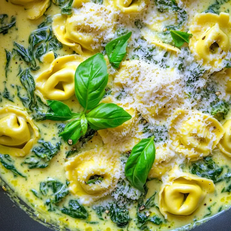 - 12 oz cheese-filled tortellini (fresh or frozen) - 2 cups fresh spinach, chopped - 1 cup ricotta cheese - 1 cup heavy cream - 1 cup vegetable broth - 1 cup grated Parmesan cheese - 2 cloves garlic, minced - 1 tablespoon olive oil - Salt and pepper to taste - Red pepper flakes (optional, for a kick) - Fresh basil leaves - Extra Parmesan cheese This dish shines with its rich flavors and creamy texture. Each ingredient plays a key role in its success. The cheese-filled tortellini brings delightful bites, and fresh spinach adds a pop of color and nutrition. Ricotta cheese creates a creamy base, while heavy cream enriches the sauce. Vegetable broth adds depth and flavor. Don’t forget the grated Parmesan; it melts beautifully and enhances the dish. Minced garlic gives a warm aroma, and olive oil helps to sauté it to perfection. Season with salt and pepper to balance the flavors. If you enjoy a bit of heat, toss in some red pepper flakes. For garnish, fresh basil leaves brighten the dish and extra Parmesan adds a finishing touch. This careful choice of ingredients makes the One-Pot Creamy Spinach Ricotta Tortellini a true delight. Start by heating 1 tablespoon of olive oil in a large pot over medium heat. Once the oil is hot, add 2 minced garlic cloves. Sauté the garlic for about 1 minute. You want it fragrant but not burnt. Next, pour in 1 cup of vegetable broth. Bring this mixture to a gentle simmer. This broth adds flavor and helps cook the tortellini. Now, it’s time to add the tortellini. You can use 12 ounces of either fresh or frozen cheese-filled tortellini. If you use fresh, cook for about 4-6 minutes. If you choose frozen, it will take about 8-10 minutes. Stir the tortellini occasionally to ensure even cooking. This helps give each piece a nice texture. When the tortellini is cooked, reduce the heat to low. Stir in 1 cup of heavy cream and 1 cup of ricotta cheese. Mix until everything is well combined and creamy. Gradually add 1 cup of grated Parmesan cheese. Keep stirring until the mixture is smooth and rich. Now, fold in 2 cups of chopped fresh spinach. Let it wilt in the sauce for about 2 minutes. Finally, season with salt, pepper, and red pepper flakes if you like some heat. - Timing for adding spinach: Add the spinach near the end of cooking. This way, it wilts just right without losing its bright color. It takes about two minutes for the spinach to soften in the creamy sauce. - Achieving the right creaminess: For a creamy texture, mix in the heavy cream and ricotta slowly. This helps keep the sauce smooth. Stir well as you add the grated Parmesan. It melts nicely and adds depth. - Choosing the best tortellini: Fresh tortellini offers a delicate taste and a soft texture. Frozen tortellini works well too and is very convenient. Look for cheese-filled options for a rich flavor. - Alternatives for ricotta cheese: If you want a different flavor, try cottage cheese or mascarpone. Both will add creaminess but change the taste slightly. You can also use a vegan cream cheese for a dairy-free option. - Best presentation techniques: Serve this dish in shallow bowls. Add a sprinkle of extra Parmesan on top for a nice look. Garnish with fresh basil leaves for color. It makes the dish pop! - Pairing with sides or beverages: This meal pairs well with a light salad. Try a garden salad with lemon vinaigrette. For drinks, a crisp white wine or sparkling water works nicely. {{image_2}} You can change the greens in this dish. Try using kale or arugula instead of spinach. Both options add great flavor and nutrients. If you want a twist, swap the ricotta cheese for goat cheese or cream cheese. These cheeses will give a rich taste and creamy texture. Adding proteins can make this dish heartier. Cooked chicken or shrimp works well. Just add them in when you combine the creamy mixture. For more flavor, use fresh herbs like basil or parsley. You can also add spices like Italian seasoning or garlic powder for a tasty kick. For a gluten-free option, look for gluten-free tortellini. Many brands offer this choice, so you can still enjoy the dish. If you want a vegan version, use plant-based cheese and cream. Almond or coconut milk can replace heavy cream, and tofu can stand in for ricotta. These swaps keep the creamy texture while making the dish plant-based. To keep your One-Pot Creamy Spinach Ricotta Tortellini fresh, refrigerate it. First, let it cool down to room temperature. This helps prevent moisture buildup in the container. Then, transfer it to an airtight container. This keeps the flavors and texture intact. You can store leftovers in the fridge for up to three days. To reheat your pasta on the stove, add a splash of water or broth to the pot. Warm it over low heat, stirring gently. This helps the dish heat evenly. Keep an eye on it to avoid sticking. For microwave reheating, place a portion in a microwave-safe bowl. Add a little water to keep it moist. Cover it with a microwave-safe lid or wrap. Heat in short bursts, stirring in between. This way, it warms up without drying out. You can freeze One-Pot Creamy Spinach Ricotta Tortellini for later. Use a freezer-safe container or zip-top bag. Make sure to remove as much air as possible. This helps prevent freezer burn. It can stay in the freezer for up to three months. To thaw, move the container to the fridge overnight before reheating. For a quicker method, you can use the microwave on defrost settings. Once thawed, reheat it using the stove or microwave as mentioned earlier. This way, your dish stays creamy and delicious! You can use gluten-free tortellini. Many brands offer options made from rice, corn, or quinoa. Always check the packaging to ensure it is gluten-free. This way, you can enjoy the same creamy goodness without gluten. Yes, you can use frozen spinach. It saves time and is easy to store. However, fresh spinach has a brighter flavor and better texture. If using frozen spinach, thaw it first and squeeze out extra water. This helps keep your dish creamy. To add heat, sprinkle in red pepper flakes while cooking. Adjust the amount to your taste. You can also add hot sauce or diced jalapeños for a kick. These options will make your dish exciting and full of flavor. This blog post shared how to make a creamy tortellini dish. I covered the main ingredients, step-by-step cooking, and tips for success. You learned about tasty variations and smart storage. Remember, fresh veggies and the right cheeses make a big difference. Don't hesitate to try new flavors or make dietary swaps. Enjoy creating this dish at home, and impress your friends and family. Happy cooking!