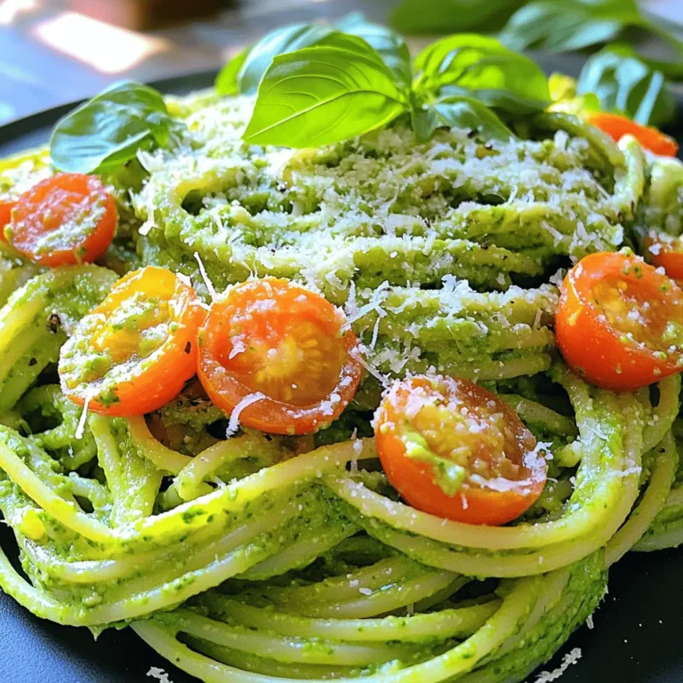 - 2 ripe avocados - 1 cup fresh basil leaves - 2 cloves garlic - 1/4 cup pine nuts (or walnuts) - 1/2 cup olive oil - 1 tablespoon lemon juice - Salt and pepper to taste - 300g pasta of choice (spaghetti or fettuccine works great) - 1/4 cup grated Parmesan cheese (or nutritional yeast for a vegan option) - Cherry tomatoes, halved (for garnish) - Extra basil leaves (for garnish) For this creamy avocado pesto pasta, you need fresh and simple ingredients. Start with ripe avocados. They give the dish a smooth and rich texture. Fresh basil leaves add a bright flavor. Garlic cloves give it a nice kick. You can use pine nuts or walnuts for a nutty taste. Olive oil is key for creaminess and richness. Lemon juice adds a fresh zing. Don't forget salt and pepper to enhance the flavors. Next, choose your pasta. Spaghetti or fettuccine works well. For a cheesy touch, use grated Parmesan cheese. If you prefer vegan, nutritional yeast works great too. Finally, have cherry tomatoes and extra basil ready for garnish. These not only add color but also a fresh taste. With these ingredients, you will create a dish that is not just tasty but also pleasing to the eye. To start, fill a large pot with water and add salt. This step adds flavor to the pasta. Bring the salted water to a boil. Once boiling, add your choice of pasta. Cook the pasta until it is al dente, which means it should be firm but cooked through. This usually takes about 8 to 10 minutes. After cooking, reserve one cup of pasta water. This water is starchy and helps bind the sauce. Then, drain the pasta and set it aside. Next, grab a food processor. Add two ripe avocados, a cup of fresh basil leaves, two garlic cloves, and a quarter cup of pine nuts or walnuts. Pulse the mixture until everything is finely chopped. Now, with the processor running, slowly drizzle in half a cup of olive oil. This will help create a creamy texture. Once combined, add one tablespoon of lemon juice, a quarter cup of grated Parmesan cheese, salt, and pepper. Pulse again to mix. If the pesto is too thick, add a bit of reserved pasta water to reach your desired creaminess. In a large mixing bowl, toss the cooked pasta with the avocado pesto. Make sure the pasta is coated well. Taste and adjust the seasoning, adding more salt or pepper if needed. To serve, plate the creamy avocado pesto pasta and garnish with halved cherry tomatoes and extra basil leaves. This dish is not only delicious but also looks fresh and colorful on the plate. Enjoy your meal! To make your avocado pesto smooth, use a food processor. Start with ripe avocados; they blend well. Add basil, garlic, and nuts. Pulse until everything is chopped. Then, slowly pour in olive oil while the processor runs. This creates a creamy texture. If your pesto is too thick, add reserved pasta water. This step helps get the right consistency. Taste is key. Start with salt and pepper. Adjust these to match your preference. If you want more flavor, add herbs like oregano or thyme. Fresh herbs can brighten the dish. You can also use crushed red pepper for a kick! This creamy avocado pesto pasta pairs well with salads or bread. Try a fresh green salad for a crunchy contrast. For bread, a warm baguette works great. When serving, plate the pasta and garnish with cherry tomatoes and basil leaves. This adds color and makes it look fancy! {{image_2}} You can easily swap ingredients to fit your needs. If you want a vegan dish, try using nutritional yeast instead of Parmesan cheese. This gives the same cheesy flavor without dairy. For the nuts in the pesto, you can use walnuts instead of pine nuts. Walnuts bring a different taste but still blend smoothly. While spaghetti and fettuccine are great choices, you can also use penne or fusilli. These shapes hold the creamy sauce well. If you need gluten-free options, look for pasta made from brown rice or chickpeas. These alternatives taste great and fit dietary needs. Want to add more to your dish? You can toss in some cooked chicken or shrimp for protein. Both options add a nice texture and flavor. You can also mix in veggies like spinach or peas. These add color and nutrition to your pasta while keeping it fresh. To keep your creamy avocado pesto pasta fresh, store it in the fridge. Use an airtight container to prevent air exposure. This helps maintain its flavor and texture. If you have extra pesto, store it separately. You can also add a layer of olive oil on top to help keep it fresh. This method works well for up to three days. When reheating pasta, keep it gentle. You can use a skillet or microwave. If using a skillet, add a splash of water or olive oil. Heat on low and stir often. This helps to keep the creaminess. In the microwave, heat in short bursts. Stir every 30 seconds to avoid drying out. The key is to maintain that luxurious texture. Freezing avocado pesto is a great way to save it for later. Use ice cube trays to portion out the pesto. Once frozen, transfer the cubes to a zip-top bag. This way, you can grab just what you need. To thaw, place the cubes in the fridge overnight. You can also use a microwave for quick thawing. Use the thawed pesto in pasta or on sandwiches for a burst of flavor. Yes, you can use frozen avocado. However, the texture may change. Frozen avocado tends to become softer when thawed. This can make your pesto a bit smoother. The flavor remains fine, but fresh avocado gives a better taste. If using frozen, let it thaw before blending. The avocado pesto lasts about three days in the fridge. After that, it may spoil. Look for brown spots on the pesto; this shows it is going bad. Keep it in an airtight container to help it stay fresh longer. Yes, this recipe is great for meal prep. You can make the avocado pesto ahead of time. Just store it in the fridge. Cook the pasta fresh when you are ready to eat. This keeps the pasta from getting soggy. This blog post covers a tasty avocado pesto pasta recipe. We explored key ingredients, step-by-step cooking, and ways to enhance flavors. You learned tips for creamy textures and how to store leftovers. Whether you’re seeking a vegan twist or exploring different pasta, there’s something here for everyone. Embrace the freshness of avocados and basil for a simple meal. Enjoy this dish anytime, and share it with friends and family for a meal they’ll love!