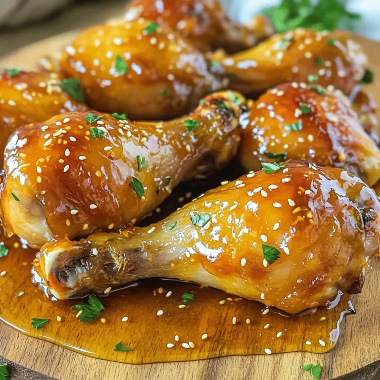 To make the perfect Air Fryer Honey Garlic Drumsticks, gather the following items: - 8 chicken drumsticks - 1/4 cup honey - 3 tablespoons soy sauce - 4 cloves garlic, minced - 1 tablespoon olive oil - 1 teaspoon ground ginger - 1/2 teaspoon black pepper - 1/2 teaspoon salt - 1 teaspoon sesame seeds (for garnish) - Fresh parsley (for garnish) Each ingredient plays an important role. The chicken drumsticks are the star of the dish. Honey gives a sweet taste that balances the saltiness of soy sauce. Minced garlic adds a strong flavor that makes the dish shine. Olive oil helps keep the chicken moist while cooking. Ground ginger gives a warm, spicy note that enhances the flavor. Black pepper and salt are key for seasoning and bringing all the tastes together. Finally, sesame seeds and parsley add a nice touch for presentation. These ingredients not only blend well but also create a dish that is both savory and sweet. Enjoy the cooking process, and let the flavors come together! To start, grab a mixing bowl. In this bowl, combine the following ingredients: - 1/4 cup honey - 3 tablespoons soy sauce - 4 cloves garlic, minced - 1 tablespoon olive oil - 1 teaspoon ground ginger - 1/2 teaspoon black pepper - 1/2 teaspoon salt Now, whisk these ingredients together until they blend well. You want a smooth marinade that coats the chicken nicely. Next, take your chicken drumsticks and add them to the bowl. Make sure to coat each drumstick thoroughly in the marinade. You want all parts of the chicken to soak up that delicious flavor. For the best taste, cover the bowl with plastic wrap. Place it in the refrigerator to marinate. I suggest letting them sit for at least 30 minutes. However, if you have time, marinate for 2 hours. This gives the flavors a chance to really shine. Now it’s time to cook! First, preheat your air fryer to 400°F (200°C). This should take about 5 minutes. Once it’s hot, take the drumsticks out of the marinade. Shake off any extra liquid. Place them in a single layer in the air fryer basket. Cook the drumsticks for 25-30 minutes. Halfway through, turn them to ensure even cooking. The chicken should reach an internal temperature of 165°F (74°C) when done. When cooked, remove the drumsticks from the fryer. Let them rest for a few minutes before serving. Enjoy the sweet and savory delight! For the best flavor, marinate the drumsticks for at least 30 minutes. If you can, aim for 2 hours. This allows the honey and garlic to soak in deeply. Each drumstick needs a good coat of marinade to taste amazing. Make sure to cover every inch. A well-coated drumstick means every bite is flavorful. Avoid overcrowding the air fryer. If you put in too many drumsticks, they won’t cook evenly. Cook in batches if needed. This helps achieve crispy skin and moist meat. Always check the internal temperature. You want it to reach 165°F (74°C). This ensures your chicken is safe to eat. Serve your drumsticks on a large plate or platter. Drizzle extra honey on top for a sweet touch. Garnish with sesame seeds and fresh parsley for color. This makes your dish look great. A nice presentation makes your meal more inviting. It’s all about the little details! {{image_2}} You can switch out honey for other sweeteners. Maple syrup or agave works well. If you want a different taste, try using teriyaki sauce instead of soy sauce. For a kick, add chili sauce or sriracha to the marinade. Herbs and spices can change the flavor too. Try adding thyme or rosemary for an earthy taste. You can also use smoked paprika for a hint of smokiness. Experimenting with these changes can give you a new twist on this dish. Cooking time can vary based on drumstick size. Larger drumsticks may need a few more minutes. Check them often, as you want them cooked to 165°F (74°C). For smaller drumsticks, reduce the cooking time by a few minutes. Different air fryer models can also affect cooking time. If your air fryer runs hot, check the drumsticks early. Cooking them in a less powerful air fryer might take longer. Always keep an eye on them to get perfect results. To keep your honey garlic drumsticks fresh, cool them first. Place them in a shallow dish. Cover the dish tightly with plastic wrap or foil. You can also use an airtight container. Refrigerate them within two hours of cooking. They will stay good for up to three days. If you want to keep them longer, consider freezing. Drumsticks can last up to three months in the freezer. Just make sure to label the container with the date. To reheat your drumsticks, the air fryer is your best friend. Preheat the air fryer to 350°F (175°C). Place the drumsticks in a single layer. Heat them for about 8 to 10 minutes. Flip them halfway for even cooking. This method keeps the skin crispy. You can also use a microwave, but it may make them soft. If you choose the microwave, cover them with a damp paper towel. This helps keep moisture in. Always check the internal temperature. It should reach 165°F (74°C) before eating. Cook the drumsticks for 25 to 30 minutes at 400°F (200°C). Flip them halfway through. This helps them cook evenly. Always check the internal temperature; it should be 165°F (74°C) to ensure they are safe to eat. Yes, you can. If you want to skip soy sauce, try using teriyaki sauce or coconut aminos. Both add a nice flavor. You could also use a mix of water, vinegar, and a bit of salt for a lighter taste. These drumsticks pair well with many sides. Try serving them with: - Steamed rice or quinoa - Roasted vegetables like broccoli or carrots - A fresh green salad - Mashed potatoes for comfort food These sides balance the sweet and savory flavors of the drumsticks perfectly. Enjoy your meal! This blog post shared a simple and tasty honey garlic drumstick recipe. You learned about the ingredients, marinade preparation, cooking tips, and variations. The air fryer makes cooking easy and gives flavor. Remember to marinate well and check cooking times for the best results. With these tips, you can serve a delicious dish that impresses everyone. Enjoy your tasty meal and feel free to experiment with flavors and sides! Happy cooking!