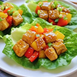 - 1 block (14 oz) firm tofu, pressed and diced - 2 tablespoons vegetable oil - 1 cup bell peppers, diced (red and yellow) - 1/2 cup carrot, grated - 3 green onions, sliced - 1/4 cup teriyaki sauce - 1 tablespoon sesame seeds - 1 head of butter lettuce or romaine, leaves separated - Avocado slices - Fresh cilantro - Spicy mayo Gathering fresh ingredients makes this dish shine. Start with firm tofu. Press it first to get rid of moisture. This step is key for a great texture. Use vegetable oil for cooking. It helps get that nice, golden brown color on the tofu. Next, grab your colorful veggies. Diced bell peppers add crunch and sweetness. Grated carrot brings a fresh taste. Sliced green onions give a mild onion flavor. They also look nice on top of the wraps. Don't forget the teriyaki sauce. This sauce gives a sweet and savory kick to the dish. Finally, sprinkle sesame seeds for a nutty crunch. For a little extra, add optional toppings. Slices of avocado add creaminess. Fresh cilantro brings a burst of flavor. Spicy mayo gives a tasty kick if you like heat. With these simple ingredients, you’re ready to make delicious Teriyaki Tofu Lettuce Wraps! Pressing tofu to remove moisture To start, you need to press the tofu. This step is key to a great texture. Take a block of firm tofu and wrap it in a clean towel. Place a heavy object on top, like a cast iron pan. Let it sit for about 15 minutes. This process helps to squeeze out excess moisture. Dicing tofu into cubes Once the tofu is pressed, it’s time to cut it. Take the block and slice it into small cubes. Aim for about half an inch per side. This size helps the tofu cook evenly and soak up the teriyaki sauce well. Heating oil and sautéing tofu Now, heat a large skillet over medium-high heat. Add two tablespoons of vegetable oil. Once the oil is hot, add your diced tofu. Sauté the tofu until it turns golden brown on all sides. This usually takes about 8 to 10 minutes. Keep it moving to avoid sticking. Adding and cooking vegetables After the tofu is golden, it’s time to add some color. Stir in one cup of diced bell peppers and half a cup of grated carrot. Also, add half of your sliced green onions. Cook this mix for about 3 to 5 minutes. You want the veggies to soften a bit but still have some crunch. Incorporating teriyaki sauce Now for the star of the show: teriyaki sauce. Pour a quarter cup of teriyaki sauce over the tofu and veggies. Mix it well to coat everything evenly. Cook for another 2 to 3 minutes to heat it through. You’ll love the smell! Garnishing with sesame seeds and green onions Once cooked, remove the skillet from heat. Sprinkle a tablespoon of sesame seeds and the rest of the green onions on top. This adds a nice crunch and flavor. Filling and wrapping the lettuce To serve, take a leaf of butter lettuce or romaine. Place a generous spoonful of the tofu mixture in the center. If you like, add avocado slices or fresh cilantro on top. Fold the lettuce around the filling and enjoy! Each bite bursts with flavor. Pressing tofu is key. It removes extra moisture. This helps the tofu absorb flavors better. Wrap the tofu in a clean towel. Put a weight on it for about 15 minutes. After that, cut it into small cubes. For cooking, use a large skillet. Heat vegetable oil over medium-high heat. Add the tofu cubes and cook until golden. This takes about 8-10 minutes. Make sure to turn them often for even cooking. Choose a quality teriyaki sauce. Look for one with a rich, balanced taste. This can make a big difference in flavor. You can also try making your own sauce for a fresh twist. For seasoning variations, think about adding garlic or ginger. These ingredients can enhance the taste. A pinch of red pepper flakes adds heat. Pair your lettuce wraps with a side of rice. This adds heartiness to the meal. You can also serve them with a light salad. For a fun touch, add avocado slices or fresh cilantro. These toppings brighten up the wraps. If you like spice, drizzle some spicy mayo on top. {{image_2}} You can easily make this dish vegan and gluten-free. Tofu is already a great plant-based protein. Just choose a gluten-free teriyaki sauce. If you want a different protein, try chickpeas or tempeh. Both offer a tasty alternative. Feel free to switch up the veggies in your wraps. You can use cucumbers, shredded cabbage, or snap peas. Each adds a unique crunch. For sauces, experiment with hoisin or peanut sauce. This makes the dish even more fun. Lettuce wraps are great, but don’t stop there! You can use other lettuce types like iceberg or green leaf. They add different tastes and textures. If you want something heartier, turn it into a rice bowl. Just add cooked rice to the base and top with your tofu mix. Enjoy it however you like! Store your leftover wraps in an airtight container. This helps keep them fresh. You can refrigerate them for up to three days. If you don’t finish them, don’t worry. Just make sure to check for any signs of spoilage before eating. You can freeze the cooked tofu mixture if you want to save it. Let it cool before you pack it away. Use a freezer-safe container or bag. The tofu mix can last for up to three months in the freezer. When you're ready to eat, thaw it overnight in the fridge. Reheat the mix in a pan over medium heat until warm. Meal prep is super easy with these wraps. You can cook the tofu mix ahead of time. Store it in separate containers for quick meals. Make sure to portion it out for easy serving. Use smaller containers for the tofu mix and larger ones for the lettuce leaves. This way, you're ready to enjoy a tasty meal in no time! To press tofu, wrap it in a clean kitchen towel. Place a heavy object on top, like a pan. Let it sit for about 15 minutes. This step removes excess moisture. Dry tofu absorbs flavors better and cooks well. Yes, you can prepare the filling ahead of time. Cook the tofu and veggies, then store them in the fridge. When ready to eat, just warm the filling. Assemble the wraps with fresh lettuce and toppings. This keeps them crisp and tasty. Most teriyaki sauces contain soy sauce, which has gluten. Check the label for gluten-free options. Some brands offer gluten-free teriyaki sauce made with tamari. Always read the ingredients before buying. Teriyaki Tofu Lettuce Wraps are packed with nutrition. Tofu is high in protein and low in fat. Bell peppers add vitamins A and C. Carrots boost your fiber intake. Lettuce is low in calories, making it a great wrap base. This dish supports a balanced diet and is great for you! In this blog post, I shared a simple recipe for Teriyaki Tofu Lettuce Wraps. We covered key ingredients like tofu, bell peppers, and teriyaki sauce. I outlined steps for preparing, cooking, and assembling the wraps. Tips helped to perfect the tofu and enhance flavors. You can easily adapt this dish to fit your diet and storage needs. These wraps are fun, tasty, and healthy. You'll enjoy making and sharing them with others. Happy cooking!