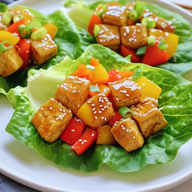 - 1 block (14 oz) firm tofu, pressed and diced - 2 tablespoons vegetable oil - 1 cup bell peppers, diced (red and yellow) - 1/2 cup carrot, grated - 3 green onions, sliced - 1/4 cup teriyaki sauce - 1 tablespoon sesame seeds - 1 head of butter lettuce or romaine, leaves separated - Avocado slices - Fresh cilantro - Spicy mayo Gathering fresh ingredients makes this dish shine. Start with firm tofu. Press it first to get rid of moisture. This step is key for a great texture. Use vegetable oil for cooking. It helps get that nice, golden brown color on the tofu. Next, grab your colorful veggies. Diced bell peppers add crunch and sweetness. Grated carrot brings a fresh taste. Sliced green onions give a mild onion flavor. They also look nice on top of the wraps. Don't forget the teriyaki sauce. This sauce gives a sweet and savory kick to the dish. Finally, sprinkle sesame seeds for a nutty crunch. For a little extra, add optional toppings. Slices of avocado add creaminess. Fresh cilantro brings a burst of flavor. Spicy mayo gives a tasty kick if you like heat. With these simple ingredients, you’re ready to make delicious Teriyaki Tofu Lettuce Wraps! Pressing tofu to remove moisture To start, you need to press the tofu. This step is key to a great texture. Take a block of firm tofu and wrap it in a clean towel. Place a heavy object on top, like a cast iron pan. Let it sit for about 15 minutes. This process helps to squeeze out excess moisture. Dicing tofu into cubes Once the tofu is pressed, it’s time to cut it. Take the block and slice it into small cubes. Aim for about half an inch per side. This size helps the tofu cook evenly and soak up the teriyaki sauce well. Heating oil and sautéing tofu Now, heat a large skillet over medium-high heat. Add two tablespoons of vegetable oil. Once the oil is hot, add your diced tofu. Sauté the tofu until it turns golden brown on all sides. This usually takes about 8 to 10 minutes. Keep it moving to avoid sticking. Adding and cooking vegetables After the tofu is golden, it’s time to add some color. Stir in one cup of diced bell peppers and half a cup of grated carrot. Also, add half of your sliced green onions. Cook this mix for about 3 to 5 minutes. You want the veggies to soften a bit but still have some crunch. Incorporating teriyaki sauce Now for the star of the show: teriyaki sauce. Pour a quarter cup of teriyaki sauce over the tofu and veggies. Mix it well to coat everything evenly. Cook for another 2 to 3 minutes to heat it through. You’ll love the smell! Garnishing with sesame seeds and green onions Once cooked, remove the skillet from heat. Sprinkle a tablespoon of sesame seeds and the rest of the green onions on top. This adds a nice crunch and flavor. Filling and wrapping the lettuce To serve, take a leaf of butter lettuce or romaine. Place a generous spoonful of the tofu mixture in the center. If you like, add avocado slices or fresh cilantro on top. Fold the lettuce around the filling and enjoy! Each bite bursts with flavor. Pressing tofu is key. It removes extra moisture. This helps the tofu absorb flavors better. Wrap the tofu in a clean towel. Put a weight on it for about 15 minutes. After that, cut it into small cubes. For cooking, use a large skillet. Heat vegetable oil over medium-high heat. Add the tofu cubes and cook until golden. This takes about 8-10 minutes. Make sure to turn them often for even cooking. Choose a quality teriyaki sauce. Look for one with a rich, balanced taste. This can make a big difference in flavor. You can also try making your own sauce for a fresh twist. For seasoning variations, think about adding garlic or ginger. These ingredients can enhance the taste. A pinch of red pepper flakes adds heat. Pair your lettuce wraps with a side of rice. This adds heartiness to the meal. You can also serve them with a light salad. For a fun touch, add avocado slices or fresh cilantro. These toppings brighten up the wraps. If you like spice, drizzle some spicy mayo on top. {{image_2}} You can easily make this dish vegan and gluten-free. Tofu is already a great plant-based protein. Just choose a gluten-free teriyaki sauce. If you want a different protein, try chickpeas or tempeh. Both offer a tasty alternative. Feel free to switch up the veggies in your wraps. You can use cucumbers, shredded cabbage, or snap peas. Each adds a unique crunch. For sauces, experiment with hoisin or peanut sauce. This makes the dish even more fun. Lettuce wraps are great, but don’t stop there! You can use other lettuce types like iceberg or green leaf. They add different tastes and textures. If you want something heartier, turn it into a rice bowl. Just add cooked rice to the base and top with your tofu mix. Enjoy it however you like! Store your leftover wraps in an airtight container. This helps keep them fresh. You can refrigerate them for up to three days. If you don’t finish them, don’t worry. Just make sure to check for any signs of spoilage before eating. You can freeze the cooked tofu mixture if you want to save it. Let it cool before you pack it away. Use a freezer-safe container or bag. The tofu mix can last for up to three months in the freezer. When you're ready to eat, thaw it overnight in the fridge. Reheat the mix in a pan over medium heat until warm. Meal prep is super easy with these wraps. You can cook the tofu mix ahead of time. Store it in separate containers for quick meals. Make sure to portion it out for easy serving. Use smaller containers for the tofu mix and larger ones for the lettuce leaves. This way, you're ready to enjoy a tasty meal in no time! To press tofu, wrap it in a clean kitchen towel. Place a heavy object on top, like a pan. Let it sit for about 15 minutes. This step removes excess moisture. Dry tofu absorbs flavors better and cooks well. Yes, you can prepare the filling ahead of time. Cook the tofu and veggies, then store them in the fridge. When ready to eat, just warm the filling. Assemble the wraps with fresh lettuce and toppings. This keeps them crisp and tasty. Most teriyaki sauces contain soy sauce, which has gluten. Check the label for gluten-free options. Some brands offer gluten-free teriyaki sauce made with tamari. Always read the ingredients before buying. Teriyaki Tofu Lettuce Wraps are packed with nutrition. Tofu is high in protein and low in fat. Bell peppers add vitamins A and C. Carrots boost your fiber intake. Lettuce is low in calories, making it a great wrap base. This dish supports a balanced diet and is great for you! In this blog post, I shared a simple recipe for Teriyaki Tofu Lettuce Wraps. We covered key ingredients like tofu, bell peppers, and teriyaki sauce. I outlined steps for preparing, cooking, and assembling the wraps. Tips helped to perfect the tofu and enhance flavors. You can easily adapt this dish to fit your diet and storage needs. These wraps are fun, tasty, and healthy. You'll enjoy making and sharing them with others. Happy cooking!