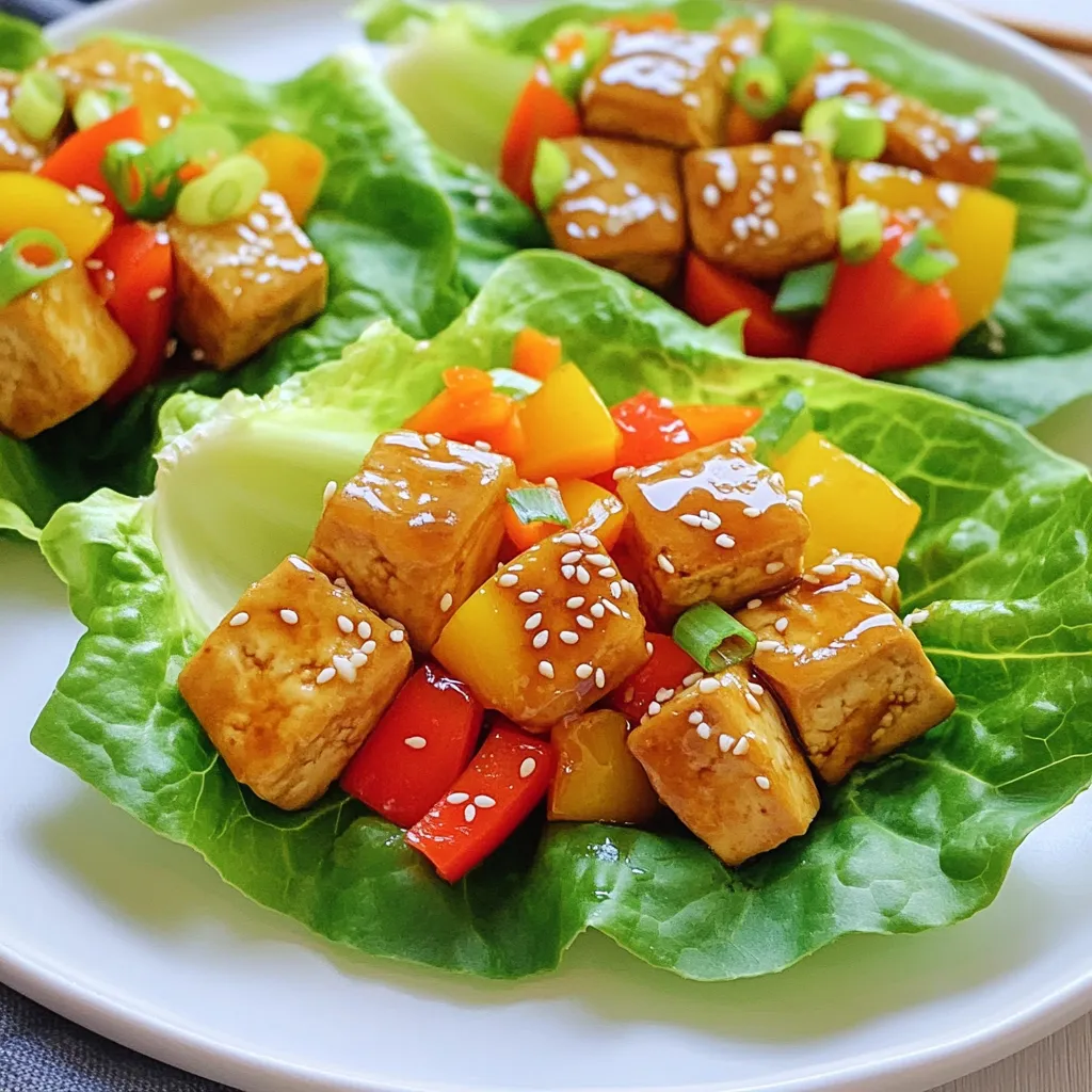 - 1 block (14 oz) firm tofu, pressed and diced - 2 tablespoons vegetable oil - 1 cup bell peppers, diced (red and yellow) - 1/2 cup carrot, grated - 3 green onions, sliced - 1/4 cup teriyaki sauce - 1 tablespoon sesame seeds - 1 head of butter lettuce or romaine, leaves separated - Avocado slices - Fresh cilantro - Spicy mayo Gathering fresh ingredients makes this dish shine. Start with firm tofu. Press it first to get rid of moisture. This step is key for a great texture. Use vegetable oil for cooking. It helps get that nice, golden brown color on the tofu. Next, grab your colorful veggies. Diced bell peppers add crunch and sweetness. Grated carrot brings a fresh taste. Sliced green onions give a mild onion flavor. They also look nice on top of the wraps. Don't forget the teriyaki sauce. This sauce gives a sweet and savory kick to the dish. Finally, sprinkle sesame seeds for a nutty crunch. For a little extra, add optional toppings. Slices of avocado add creaminess. Fresh cilantro brings a burst of flavor. Spicy mayo gives a tasty kick if you like heat. With these simple ingredients, you’re ready to make delicious Teriyaki Tofu Lettuce Wraps! Pressing tofu to remove moisture To start, you need to press the tofu. This step is key to a great texture. Take a block of firm tofu and wrap it in a clean towel. Place a heavy object on top, like a cast iron pan. Let it sit for about 15 minutes. This process helps to squeeze out excess moisture. Dicing tofu into cubes Once the tofu is pressed, it’s time to cut it. Take the block and slice it into small cubes. Aim for about half an inch per side. This size helps the tofu cook evenly and soak up the teriyaki sauce well. Heating oil and sautéing tofu Now, heat a large skillet over medium-high heat. Add two tablespoons of vegetable oil. Once the oil is hot, add your diced tofu. Sauté the tofu until it turns golden brown on all sides. This usually takes about 8 to 10 minutes. Keep it moving to avoid sticking. Adding and cooking vegetables After the tofu is golden, it’s time to add some color. Stir in one cup of diced bell peppers and half a cup of grated carrot. Also, add half of your sliced green onions. Cook this mix for about 3 to 5 minutes. You want the veggies to soften a bit but still have some crunch. Incorporating teriyaki sauce Now for the star of the show: teriyaki sauce. Pour a quarter cup of teriyaki sauce over the tofu and veggies. Mix it well to coat everything evenly. Cook for another 2 to 3 minutes to heat it through. You’ll love the smell! Garnishing with sesame seeds and green onions Once cooked, remove the skillet from heat. Sprinkle a tablespoon of sesame seeds and the rest of the green onions on top. This adds a nice crunch and flavor. Filling and wrapping the lettuce To serve, take a leaf of butter lettuce or romaine. Place a generous spoonful of the tofu mixture in the center. If you like, add avocado slices or fresh cilantro on top. Fold the lettuce around the filling and enjoy! Each bite bursts with flavor. Pressing tofu is key. It removes extra moisture. This helps the tofu absorb flavors better. Wrap the tofu in a clean towel. Put a weight on it for about 15 minutes. After that, cut it into small cubes. For cooking, use a large skillet. Heat vegetable oil over medium-high heat. Add the tofu cubes and cook until golden. This takes about 8-10 minutes. Make sure to turn them often for even cooking. Choose a quality teriyaki sauce. Look for one with a rich, balanced taste. This can make a big difference in flavor. You can also try making your own sauce for a fresh twist. For seasoning variations, think about adding garlic or ginger. These ingredients can enhance the taste. A pinch of red pepper flakes adds heat. Pair your lettuce wraps with a side of rice. This adds heartiness to the meal. You can also serve them with a light salad. For a fun touch, add avocado slices or fresh cilantro. These toppings brighten up the wraps. If you like spice, drizzle some spicy mayo on top. {{image_2}} You can easily make this dish vegan and gluten-free. Tofu is already a great plant-based protein. Just choose a gluten-free teriyaki sauce. If you want a different protein, try chickpeas or tempeh. Both offer a tasty alternative. Feel free to switch up the veggies in your wraps. You can use cucumbers, shredded cabbage, or snap peas. Each adds a unique crunch. For sauces, experiment with hoisin or peanut sauce. This makes the dish even more fun. Lettuce wraps are great, but don’t stop there! You can use other lettuce types like iceberg or green leaf. They add different tastes and textures. If you want something heartier, turn it into a rice bowl. Just add cooked rice to the base and top with your tofu mix. Enjoy it however you like! Store your leftover wraps in an airtight container. This helps keep them fresh. You can refrigerate them for up to three days. If you don’t finish them, don’t worry. Just make sure to check for any signs of spoilage before eating. You can freeze the cooked tofu mixture if you want to save it. Let it cool before you pack it away. Use a freezer-safe container or bag. The tofu mix can last for up to three months in the freezer. When you're ready to eat, thaw it overnight in the fridge. Reheat the mix in a pan over medium heat until warm. Meal prep is super easy with these wraps. You can cook the tofu mix ahead of time. Store it in separate containers for quick meals. Make sure to portion it out for easy serving. Use smaller containers for the tofu mix and larger ones for the lettuce leaves. This way, you're ready to enjoy a tasty meal in no time! To press tofu, wrap it in a clean kitchen towel. Place a heavy object on top, like a pan. Let it sit for about 15 minutes. This step removes excess moisture. Dry tofu absorbs flavors better and cooks well. Yes, you can prepare the filling ahead of time. Cook the tofu and veggies, then store them in the fridge. When ready to eat, just warm the filling. Assemble the wraps with fresh lettuce and toppings. This keeps them crisp and tasty. Most teriyaki sauces contain soy sauce, which has gluten. Check the label for gluten-free options. Some brands offer gluten-free teriyaki sauce made with tamari. Always read the ingredients before buying. Teriyaki Tofu Lettuce Wraps are packed with nutrition. Tofu is high in protein and low in fat. Bell peppers add vitamins A and C. Carrots boost your fiber intake. Lettuce is low in calories, making it a great wrap base. This dish supports a balanced diet and is great for you! In this blog post, I shared a simple recipe for Teriyaki Tofu Lettuce Wraps. We covered key ingredients like tofu, bell peppers, and teriyaki sauce. I outlined steps for preparing, cooking, and assembling the wraps. Tips helped to perfect the tofu and enhance flavors. You can easily adapt this dish to fit your diet and storage needs. These wraps are fun, tasty, and healthy. You'll enjoy making and sharing them with others. Happy cooking!