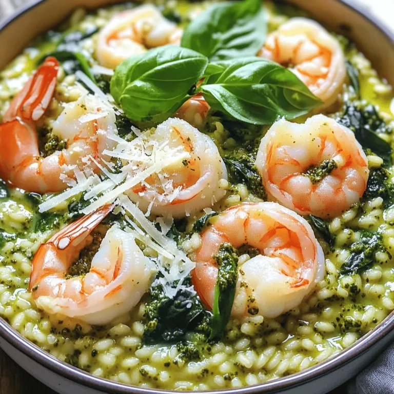 To make One-Pot Pesto Shrimp Risotto, you need the following ingredients: - 1 cup Arborio rice - 1 lb large shrimp, peeled and deveined - 4 cups low-sodium chicken or vegetable broth - 1 small onion, finely chopped - 2 cloves garlic, minced - 1 cup fresh spinach, chopped - 1/2 cup homemade or store-bought pesto - 1/2 cup grated Parmesan cheese - 2 tablespoons olive oil - Salt and pepper to taste - Fresh basil leaves for garnish Using high-quality ingredients makes a big difference. Fresh shrimp gives the best flavor. Look for shrimp that is firm and has a mild scent. Choose Arborio rice as it creates the creamy texture risotto is known for. Fresh spinach adds color and nutrients. When selecting pesto, homemade is best but store-bought can work well too. Opt for a brand with simple, fresh ingredients. Lastly, use good Parmesan cheese for rich flavor. You can swap some ingredients if needed. If you don't have Arborio rice, you can use Carnaroli rice. For the shrimp, try chicken or even tofu for a vegetarian option. If you lack spinach, kale or arugula can work too. You can replace Parmesan with Pecorino Romano for a different taste. If you want a nut-free dish, skip the pesto or use a nut-free version. First, gather all your ingredients. You need: - 1 cup Arborio rice - 1 lb large shrimp, peeled and deveined - 4 cups low-sodium chicken or vegetable broth - 1 small onion, finely chopped - 2 cloves garlic, minced - 1 cup fresh spinach, chopped - 1/2 cup homemade or store-bought pesto - 1/2 cup grated Parmesan cheese - 2 tablespoons olive oil - Salt and pepper to taste - Fresh basil leaves for garnish Next, chop the onion and garlic. Rinse the spinach and set it aside. Start by heating the olive oil in a large pot over medium heat. Once the oil is hot, add the chopped onion. Sauté the onion for 3-4 minutes until it turns translucent. Then, add the minced garlic and cook for 1 minute until it smells good. Now, add the Arborio rice. Cook it for 2-3 minutes, stirring often. You want the rice to get a bit toasted. After that, pour in 1 cup of broth. Let the rice soak up the liquid while stirring. Once the broth is mostly absorbed, add another cup. Keep doing this until you use all the broth. This step takes about 15-20 minutes. The rice should be creamy and a bit firm when done. Next, stir in the shrimp. Cook for about 5 minutes until the shrimp turns pink and is fully cooked. Then, add the spinach and pesto. Stir until the spinach wilts and everything mixes well. Take the pot off the heat. Mix in the Parmesan cheese and season with salt and pepper to your taste. Look for a creamy texture in the rice. It should be slightly sticky but not mushy. The shrimp should be bright pink when done. If your spinach is wilted, you know you added it at the right time. For garnish, add fresh basil leaves on top just before serving. This adds a nice touch and a pop of color. Enjoy your one-pot pesto shrimp risotto! To make creamy risotto, use Arborio rice. This rice has a special starch that helps create a rich texture. Start cooking the rice in olive oil to toast it. This step brings out its flavor. Add broth slowly, one cup at a time. Wait for the rice to absorb the broth before adding more. Stir often. This keeps the rice from sticking and helps it release starch. When the rice is al dente and creamy, it’s ready for shrimp and pesto. For the best shrimp, use large, fresh shrimp. Peel and devein them before cooking. Add shrimp to the risotto when the rice is nearly done. This timing ensures the shrimp cook through but stay tender. Cook the shrimp until they turn pink. This usually takes about five minutes. Avoid overcooking; otherwise, they become rubbery. If you want extra flavor, season the shrimp with salt and pepper before adding them. To make your risotto even tastier, try adding fresh herbs. Basil, parsley, or chives work well. You can also add a splash of lemon juice for brightness. If you want more depth, try a bit of white wine before adding the broth. Parmesan cheese adds a nice salty flavor, but feel free to adjust to your taste. Taste your risotto and season with salt and pepper as needed. Don't forget to garnish with fresh basil leaves for a pop of color and flavor! {{image_2}} You can easily make a vegetarian version of this dish. Simply replace the shrimp with more veggies. Try adding mushrooms, zucchini, or bell peppers. These veggies add color and taste. You can also add chickpeas for protein. They make the dish hearty while keeping it plant-based. If you want to change up the protein, chicken works well. Use bite-sized pieces and cook them just like the shrimp. You can also add cooked sausage or tofu for a nice twist. Each choice gives a different taste and texture. Feel free to mix in your favorite proteins to make it your own. Pesto doesn’t have to be traditional. You can use sun-dried tomato pesto for a rich flavor. Spinach or arugula pesto adds a fresh twist. If you want something unique, try a nut-free version using avocado or hemp seeds. These options keep the meal exciting and fun. Don’t be afraid to experiment with flavors! To store leftover risotto, let it cool down first. Place it in an airtight container. This keeps moisture in and air out. Make sure to seal it tightly. You can store it in the fridge for up to three days. If you want it to last longer, freeze it. Just use a freezer-safe container. When reheating your risotto, use a pan or microwave. If using a pan, add a splash of broth or water. This keeps the risotto creamy and helps it heat evenly. Stir it often, so it heats well. If using a microwave, heat in short bursts. Stir in between to avoid hot spots. Risotto stays good in the fridge for three days. If you freeze it, it can last about one month. After that, the texture may change. Always check for signs of spoilage before eating. If it smells off or looks different, it’s best to throw it away. Yes, you can use regular rice. However, Arborio rice is best for risotto. It holds more liquid and gives a creamy texture. If you use regular rice, the dish may not be as creamy. You might also need to adjust the cooking time. Keep an eye on the rice and taste it to check doneness. Making homemade pesto is easy. You need fresh basil, garlic, pine nuts, Parmesan cheese, and olive oil. Here’s how to do it: - Ingredients: - 2 cups fresh basil leaves - 2 cloves garlic - 1/4 cup pine nuts - 1/2 cup grated Parmesan cheese - 1/2 cup olive oil - Salt to taste - Steps: 1. In a food processor, add basil, garlic, and pine nuts. 2. Pulse until finely chopped. 3. Add Parmesan cheese and pulse to mix. 4. Slowly add olive oil while processing until smooth. 5. Taste and add salt as needed. This homemade pesto adds a fresh flavor to the risotto. Pesto shrimp risotto is rich and filling. Light sides work best. Consider these options: - A simple green salad with lemon vinaigrette. - Steamed or roasted vegetables like asparagus or broccoli. - Garlic bread or crusty bread for dipping. - A light soup, such as minestrone or tomato. These sides balance the meal and add freshness. Enjoy your meal! We covered the key ingredients needed for a great pesto shrimp risotto. Quality matters, so choose the best. Remember, there are suitable substitutions for key items. The step-by-step guide shows how to prepare and cook it perfectly. I shared tips for creaminess, cooking shrimp, and adding unique flavors. You can try variations, like a vegetarian option or different proteins. Store leftovers properly and follow reheating tips for the best taste. Keep these ideas in mind for a delicious meal every time. Enjoy your cooking!