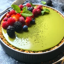 To make your no-bake matcha cheesecake, gather these items: - 1 cup graham cracker crumbs - 1/4 cup unsalted butter, melted - 2 cups cream cheese, softened - 1 cup powdered sugar - 1/2 cup heavy whipping cream - 2 tablespoons matcha green tea powder - 1 teaspoon vanilla extract - Pinch of salt - Fresh berries and mint leaves for garnish You can swap some ingredients while keeping the taste great. Here are a few ideas: - Use almond flour instead of graham cracker crumbs for a gluten-free crust. - Coconut oil can replace unsalted butter for a dairy-free option. - For a lighter option, use low-fat cream cheese instead of regular. - Granulated sugar works if you don’t have powdered sugar, but it may change the texture slightly. When picking matcha, focus on these key points: - Look for vibrant green color. The brighter the green, the fresher the matcha. - Choose matcha labeled “ceremonial grade” for the best taste and quality. - Check for a fine texture. Quality matcha should feel silky, not gritty. - Buy from trusted brands or specialty shops to ensure authenticity. To start, you need to make the crust. Grab a mixing bowl and add one cup of graham cracker crumbs. Then, pour in one-fourth cup of melted unsalted butter. Mix well until the crumbs soak up the butter. It should feel moist and look clumpy. Next, press this mixture firmly into the bottom of a 9-inch springform pan. Make sure it’s even. This helps the crust hold together. Now, place the pan in the refrigerator to chill while you prepare the filling. Now, let's focus on the filling. In a large bowl, take two cups of softened cream cheese. Use an electric mixer to beat it until smooth and creamy. This makes the cheesecake rich and fluffy. Gradually add one cup of powdered sugar and mix well until it blends in completely. Next, mix two tablespoons of matcha green tea powder with a pinch of salt. Add two tablespoons of warm water to this mix and whisk until smooth. Slowly pour this matcha mixture into your cream cheese. Blend until everything is fully mixed. In a separate bowl, whip half a cup of heavy whipping cream until soft peaks form. This step makes your cheesecake light. Gently fold this whipped cream into the matcha cream cheese mixture. Be careful not to deflate the whipped cream. You want to keep the air in for a fluffy texture. Now, it's time to assemble the cheesecake. Pour the matcha cheesecake filling onto the chilled graham cracker crust. Use a spatula to smooth the top. Cover the pan with plastic wrap and place it back in the fridge. Let it set for at least four hours, or better yet, overnight. This helps the flavors meld and the cheesecake firm up nicely. When it’s ready, remove the cheesecake from the springform pan. Slice it into pieces, and for a lovely touch, garnish with fresh berries and mint leaves. Enjoy this creamy delight! When making no-bake matcha cheesecake, avoid a few common mistakes. First, don’t overmix the cream cheese. This can make it too airy and fluffy. Keep your mixture smooth without adding too much air. Second, ensure your matcha is fresh. Old matcha can taste bitter and dull. Always check the color; bright green is best. Lastly, let your cheesecake set long enough in the fridge. If you rush this step, the texture will suffer. To get that creamy, smooth texture, follow a few key steps. Start with softened cream cheese at room temperature. This helps it blend easily. Whip the heavy cream until you see soft peaks. This adds lightness to the cheesecake. When folding the whipped cream into the matcha mixture, use a gentle hand. This keeps the mixture airy and light. The right balance between the cream cheese and whipped cream gives the cheesecake its perfect texture. Using the right tools can make your cheesecake better. A 9-inch springform pan works best for easy removal. An electric mixer helps you beat the cream cheese smoothly. A rubber spatula is great for folding in the whipped cream without deflating it. Lastly, a whisk is key for mixing the matcha powder. These tools will help you make a cheesecake that is not only tasty but also visually appealing. {{image_2}} You can switch up the flavors in your no-bake matcha cheesecake. For a chocolate version, mix in cocoa powder. Start with 1/4 cup of cocoa powder in the cream cheese mix. This creates a rich, chocolaty taste. You can also add melted dark chocolate for extra depth. For a fruity twist, try adding pureed fruits, like strawberries or mangoes. Blend the fruit into the cream cheese mix for a refreshing flavor. You’ll have a cheesecake that surprises your taste buds! Not everyone enjoys the same level of sweetness. If you want a less sweet cheesecake, cut back on the powdered sugar. Start with 3/4 cup instead of 1 cup. Taste the filling as you go. You can also use a sugar substitute like honey or maple syrup. Just remember to adjust the amount since these can be sweeter than sugar. Finding the right balance makes your dessert enjoyable for everyone. Making your cheesecake gluten-free is simple. Use gluten-free graham cracker crumbs for the crust. These are easy to find in stores. For a vegan version, swap cream cheese with vegan cream cheese. You can use coconut cream in place of heavy whipping cream. Just whip it until fluffy. Also, make sure your sweetener is plant-based. With these swaps, you can enjoy a delicious cheesecake that fits your dietary needs! Keep your no-bake matcha cheesecake in the fridge. Wrap it tightly in plastic wrap. This keeps it fresh and prevents it from absorbing other odors. Store it at a temperature below 40°F. When you are ready to serve, just unwrap it and enjoy! If you have leftovers, slice the cheesecake into pieces. Place each piece in an airtight container. You can also use plastic wrap. Leftovers can last for up to three days in the fridge. Always check for any signs of spoilage before eating. You can freeze no-bake matcha cheesecake for longer storage. Wrap the whole cheesecake or slices in plastic wrap. Then wrap it in aluminum foil for extra protection. Label it with the date. It can last up to three months in the freezer. To thaw, place it in the fridge overnight before serving. Yes, you can make this cheesecake ahead of time. In fact, it tastes better after sitting. I recommend making it a day before you plan to serve. This gives it time to chill and set properly. Just cover it well in the fridge. This keeps it fresh and helps it hold its shape. No-Bake Matcha Cheesecake lasts about 3 to 5 days in the fridge. Make sure to store it in an airtight container. This helps keep it from drying out. If you notice any changes in smell or texture, it’s best to throw it away. Yes, you can use different sweeteners in this cheesecake. If you prefer sugar alternatives, try using honey, maple syrup, or agave nectar. Just remember, the sweetness level may change. Start with less and adjust to your taste. This blog provided a clear path to making a delicious no-bake matcha cheesecake. We covered the key ingredients, the steps to create the cheesecake, and several tips for success. You learned how to avoid common mistakes and explore flavors. Stored correctly, your cheesecake can last and remain tasty. Enjoy your dessert adventure, and remember, making this treat can be fun and rewarding!