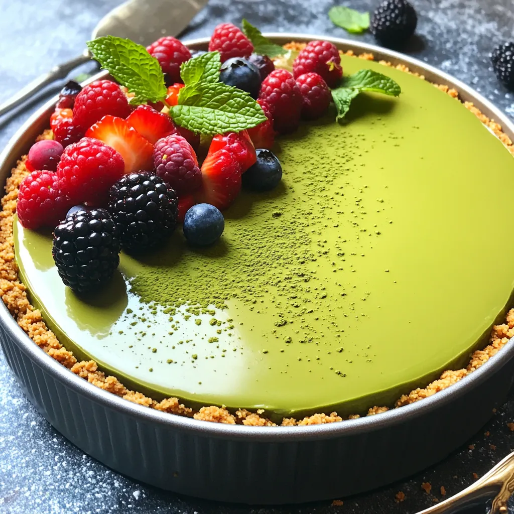 To make your no-bake matcha cheesecake, gather these items: - 1 cup graham cracker crumbs - 1/4 cup unsalted butter, melted - 2 cups cream cheese, softened - 1 cup powdered sugar - 1/2 cup heavy whipping cream - 2 tablespoons matcha green tea powder - 1 teaspoon vanilla extract - Pinch of salt - Fresh berries and mint leaves for garnish You can swap some ingredients while keeping the taste great. Here are a few ideas: - Use almond flour instead of graham cracker crumbs for a gluten-free crust. - Coconut oil can replace unsalted butter for a dairy-free option. - For a lighter option, use low-fat cream cheese instead of regular. - Granulated sugar works if you don’t have powdered sugar, but it may change the texture slightly. When picking matcha, focus on these key points: - Look for vibrant green color. The brighter the green, the fresher the matcha. - Choose matcha labeled “ceremonial grade” for the best taste and quality. - Check for a fine texture. Quality matcha should feel silky, not gritty. - Buy from trusted brands or specialty shops to ensure authenticity. To start, you need to make the crust. Grab a mixing bowl and add one cup of graham cracker crumbs. Then, pour in one-fourth cup of melted unsalted butter. Mix well until the crumbs soak up the butter. It should feel moist and look clumpy. Next, press this mixture firmly into the bottom of a 9-inch springform pan. Make sure it’s even. This helps the crust hold together. Now, place the pan in the refrigerator to chill while you prepare the filling. Now, let's focus on the filling. In a large bowl, take two cups of softened cream cheese. Use an electric mixer to beat it until smooth and creamy. This makes the cheesecake rich and fluffy. Gradually add one cup of powdered sugar and mix well until it blends in completely. Next, mix two tablespoons of matcha green tea powder with a pinch of salt. Add two tablespoons of warm water to this mix and whisk until smooth. Slowly pour this matcha mixture into your cream cheese. Blend until everything is fully mixed. In a separate bowl, whip half a cup of heavy whipping cream until soft peaks form. This step makes your cheesecake light. Gently fold this whipped cream into the matcha cream cheese mixture. Be careful not to deflate the whipped cream. You want to keep the air in for a fluffy texture. Now, it's time to assemble the cheesecake. Pour the matcha cheesecake filling onto the chilled graham cracker crust. Use a spatula to smooth the top. Cover the pan with plastic wrap and place it back in the fridge. Let it set for at least four hours, or better yet, overnight. This helps the flavors meld and the cheesecake firm up nicely. When it’s ready, remove the cheesecake from the springform pan. Slice it into pieces, and for a lovely touch, garnish with fresh berries and mint leaves. Enjoy this creamy delight! When making no-bake matcha cheesecake, avoid a few common mistakes. First, don’t overmix the cream cheese. This can make it too airy and fluffy. Keep your mixture smooth without adding too much air. Second, ensure your matcha is fresh. Old matcha can taste bitter and dull. Always check the color; bright green is best. Lastly, let your cheesecake set long enough in the fridge. If you rush this step, the texture will suffer. To get that creamy, smooth texture, follow a few key steps. Start with softened cream cheese at room temperature. This helps it blend easily. Whip the heavy cream until you see soft peaks. This adds lightness to the cheesecake. When folding the whipped cream into the matcha mixture, use a gentle hand. This keeps the mixture airy and light. The right balance between the cream cheese and whipped cream gives the cheesecake its perfect texture. Using the right tools can make your cheesecake better. A 9-inch springform pan works best for easy removal. An electric mixer helps you beat the cream cheese smoothly. A rubber spatula is great for folding in the whipped cream without deflating it. Lastly, a whisk is key for mixing the matcha powder. These tools will help you make a cheesecake that is not only tasty but also visually appealing. {{image_2}} You can switch up the flavors in your no-bake matcha cheesecake. For a chocolate version, mix in cocoa powder. Start with 1/4 cup of cocoa powder in the cream cheese mix. This creates a rich, chocolaty taste. You can also add melted dark chocolate for extra depth. For a fruity twist, try adding pureed fruits, like strawberries or mangoes. Blend the fruit into the cream cheese mix for a refreshing flavor. You’ll have a cheesecake that surprises your taste buds! Not everyone enjoys the same level of sweetness. If you want a less sweet cheesecake, cut back on the powdered sugar. Start with 3/4 cup instead of 1 cup. Taste the filling as you go. You can also use a sugar substitute like honey or maple syrup. Just remember to adjust the amount since these can be sweeter than sugar. Finding the right balance makes your dessert enjoyable for everyone. Making your cheesecake gluten-free is simple. Use gluten-free graham cracker crumbs for the crust. These are easy to find in stores. For a vegan version, swap cream cheese with vegan cream cheese. You can use coconut cream in place of heavy whipping cream. Just whip it until fluffy. Also, make sure your sweetener is plant-based. With these swaps, you can enjoy a delicious cheesecake that fits your dietary needs! Keep your no-bake matcha cheesecake in the fridge. Wrap it tightly in plastic wrap. This keeps it fresh and prevents it from absorbing other odors. Store it at a temperature below 40°F. When you are ready to serve, just unwrap it and enjoy! If you have leftovers, slice the cheesecake into pieces. Place each piece in an airtight container. You can also use plastic wrap. Leftovers can last for up to three days in the fridge. Always check for any signs of spoilage before eating. You can freeze no-bake matcha cheesecake for longer storage. Wrap the whole cheesecake or slices in plastic wrap. Then wrap it in aluminum foil for extra protection. Label it with the date. It can last up to three months in the freezer. To thaw, place it in the fridge overnight before serving. Yes, you can make this cheesecake ahead of time. In fact, it tastes better after sitting. I recommend making it a day before you plan to serve. This gives it time to chill and set properly. Just cover it well in the fridge. This keeps it fresh and helps it hold its shape. No-Bake Matcha Cheesecake lasts about 3 to 5 days in the fridge. Make sure to store it in an airtight container. This helps keep it from drying out. If you notice any changes in smell or texture, it’s best to throw it away. Yes, you can use different sweeteners in this cheesecake. If you prefer sugar alternatives, try using honey, maple syrup, or agave nectar. Just remember, the sweetness level may change. Start with less and adjust to your taste. This blog provided a clear path to making a delicious no-bake matcha cheesecake. We covered the key ingredients, the steps to create the cheesecake, and several tips for success. You learned how to avoid common mistakes and explore flavors. Stored correctly, your cheesecake can last and remain tasty. Enjoy your dessert adventure, and remember, making this treat can be fun and rewarding!
