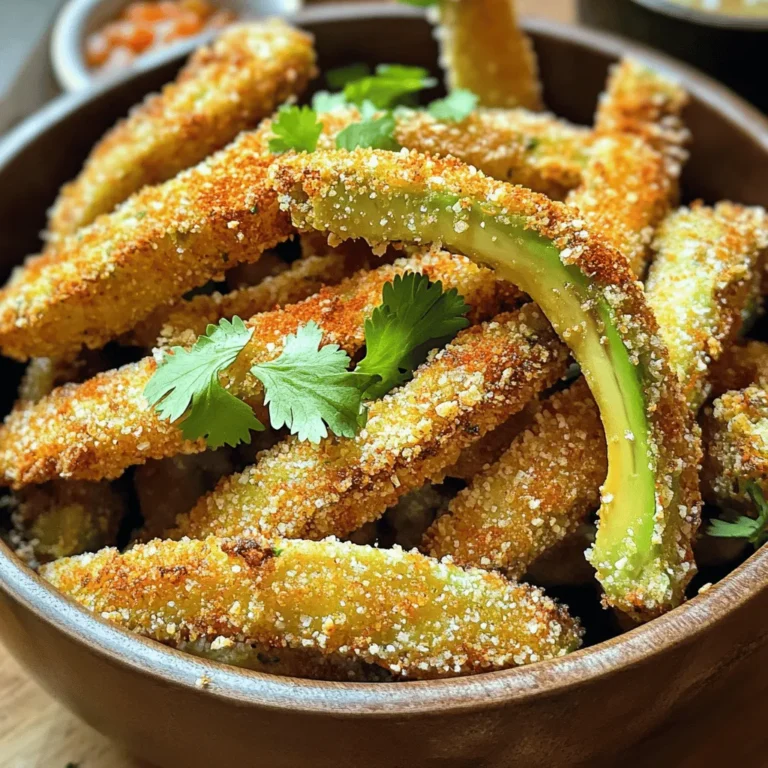 To make Air Fryer Crispy Avocado Fries, you need the following ingredients: - 2 ripe avocados - 1 cup panko breadcrumbs - ½ cup all-purpose flour - 2 large eggs - Seasoning: garlic powder, paprika, cayenne pepper (optional), salt, and pepper - Cooking spray These ingredients create a tasty and easy snack. The panko breadcrumbs give the fries their crispy texture. Using ripe avocados ensures a creamy inside that pairs well with the crunchy coating. The seasoning adds flavor without overpowering the natural taste of the avocados. You can adjust the spices to match your taste. If you love spice, feel free to add more cayenne pepper. Cooking spray is key to achieving a golden finish without excess oil. When you gather your ingredients, ensure the avocados are ripe. They should yield slightly to gentle pressure. This ripeness helps achieve the right creamy texture that contrasts beautifully with the crispiness from the air fryer. To start, cut the avocados in half. Carefully take out the pit. Slice each half into wedges. Keep the skin on. This makes it easier to handle the avocado. Get three bowls ready. Put all-purpose flour in the first bowl. Beat the eggs and pour them into the second bowl. In the third bowl, mix panko breadcrumbs with garlic powder, paprika, cayenne pepper, salt, and pepper. This mix adds great flavor. Grab each avocado wedge. First, dip it in the flour. Shake off any extra flour. Then, dip it in the beaten eggs. Last, roll it in the breadcrumb mix. Press gently to help it stick well. Before you start cooking, spray the air fryer basket lightly with cooking spray. This step is key to avoid sticking. Arrange the avocado wedges in a single layer in the basket. Avoid stacking them to ensure even cooking. Set the air fryer to 400°F (200°C). Cook the avocado fries for 8 to 10 minutes. Flip them halfway through cooking. This helps both sides get golden brown and crispy. Once they are done, take the fries out and let them cool a bit. Serve them warm. You can pair them with your favorite dipping sauces. Spicy mayo or tangy salsa works great. For a nice touch, arrange the fries on a plate and add a small bowl for the sauce. To get the best crispy texture, follow these tips: - Cooking Time: Air fryers can vary in heat. Most cook well at 400°F (200°C) for about 8-10 minutes. Check them at 8 minutes. If they look soft, give them more time. - Panko Breadcrumbs: Use panko breadcrumbs for a crunchier finish. They have a light, airy texture that makes your fries crispier than regular breadcrumbs. Here are some common mistakes I see: - Overcrowding: Avoid placing too many fries in the air fryer. They need space to cook evenly. If you overcrowd, they become soggy. Cook in batches for the best results. - Not Seasoning: Don't skip the seasoning! Mix salt, pepper, garlic powder, and paprika into your breadcrumbs. This adds flavor. Look for these signs to know when your fries are ready: - Visual Cues: The fries should be golden brown and crispy. If they look pale, give them more time. The outside should look crunchy, while the inside stays creamy. {{image_2}} You can spice up your avocado fries easily. Try adding different seasonings to the panko. Here are some great options: - Cumin for a warm, earthy taste. - Chili powder for a nice kick. - Dried herbs like oregano or thyme for extra flavor. You could also add cheese. Grated Parmesan or cheddar can mix well with the breadcrumbs. Fresh herbs like cilantro or basil can add a bright touch too. Dipping sauces can make your fries pop. Here are a few easy ideas: - Spicy mayo: Mix mayo with sriracha for a creamy kick. - Garlic aioli: Blend mayo, minced garlic, and lemon juice for a tasty dip. - Tangy salsa: Fresh salsa adds zest and pairs well with fries. For drinks, try serving these fries with a cold soda or a light beer. The flavors will match nicely! You can make these fries a bit lighter. Here are some tips: - Use almond flour instead of all-purpose flour for fewer carbs. - Replace eggs with a flaxseed mixture for a vegan option. Mix one tablespoon of flaxseed meal with three tablespoons of water. Let it sit until thick. These swaps keep the taste good while lowering calories. Enjoy your healthy snack! To keep your avocado fries fresh, place them in an airtight container. You can store them in the fridge for up to two days. Make sure they cool down before sealing the container to avoid moisture buildup. When reheating, use the air fryer to bring back their crispiness. Heat them at 350°F (175°C) for about 5 minutes. This will help revive that crunchy texture. If you want to freeze the fries, do it before cooking. Lay the breaded avocado wedges on a baking sheet in a single layer. Freeze them for about 1-2 hours until firm. Then, transfer them to a freezer bag or container. They can stay in the freezer for up to three months. When ready to eat, cook them straight from frozen. Air fry at 400°F (200°C) for 10-12 minutes. This method keeps them crispy and delicious. Yes, you can use ripe avocados that are slightly overripe. Choose avocados that feel soft but not mushy. Overripe avocados may taste nutty. They can also be creamier, which some people love. However, they might not hold their shape as well when cooking. Aim for avocados that yield slightly to gentle pressure. You can use regular breadcrumbs, crushed crackers, or cornflakes. Each option brings a unique texture. Regular breadcrumbs are finer but still work well. Crushed crackers add a salty crunch, while cornflakes give extra crispiness. You may need to adjust the seasoning when using these. To prevent browning, coat the avocado wedges in lemon juice. Lemon juice slows down the oxidation process. You can also prepare them right before cooking. If you wait, store them in an airtight container. Add a slice of onion or keep them submerged in water. Yes, you can make them gluten-free easily. Use gluten-free breadcrumbs or crushed nuts as a substitute. Almond flour is another great option. You can also mix a little baking soda or cornstarch into the coating. This will help achieve a crispy texture without gluten. This blog post covered how to make crispy air fryer avocado fries. We started with the ingredients you need, like ripe avocados and panko breadcrumbs. Then, I shared steps for prepping, coating, and cooking the fries. You learned tips for the best texture and how to avoid common mistakes. Finally, I offered variations and storage tips to keep your fries fresh. Enjoying this tasty and healthy snack can be fun and easy. Happy cooking!