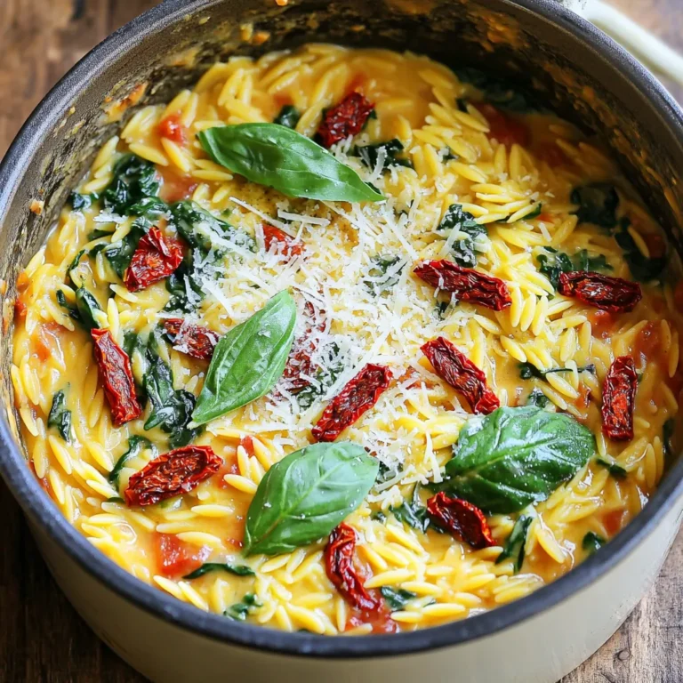 - 1 cup orzo pasta - 2 tablespoons olive oil - 1 small onion, diced - 3 cloves garlic, minced - 1 cup sun dried tomatoes, chopped (packed in oil) - 4 cups vegetable broth - 1 cup heavy cream (or coconut cream for a dairy-free option) - 1 teaspoon dried basil - 1 teaspoon dried oregano - Salt and pepper to taste - 1 cup fresh spinach - 1/2 cup grated Parmesan cheese (or nutritional yeast for dairy-free) - Fresh basil leaves for garnish In this dish, orzo pasta serves as the base. It cooks up soft and creamy. Olive oil adds a rich flavor and helps with sautéing. The diced onion and minced garlic bring a sweet, savory taste. Sun dried tomatoes pack a punch of flavor and color. Vegetable broth gives depth and a warm touch. Heavy cream (or coconut cream) makes it rich and smooth. Dried basil and oregano add herby notes. You can adjust salt and pepper to fit your taste. Fresh spinach gives a nice pop of green and nutrition. Finally, Parmesan cheese makes it cheesy and adds a savory kick. If you're dairy-free, just use nutritional yeast instead. Each ingredient plays a key role in making this dish a creamy delight! 1. Heat olive oil in a large pot over medium heat. 2. Add the diced onion and sauté for 3-4 minutes. The onion should look soft and clear. 3. Next, stir in the minced garlic and sun dried tomatoes. Cook for 1-2 minutes. This adds a rich flavor. 4. Add the orzo pasta to the pot. Stir it well to coat it in the oil and flavors. 5. Slowly pour in 4 cups of vegetable broth. Stir to mix everything together. Bring the pot to a gentle boil. 6. Once boiling, reduce the heat and cover. Let it simmer for 10-12 minutes. Stir occasionally. This helps the orzo cook evenly. 1. After the orzo is cooked, stir in 1 cup of heavy cream. Add 1 teaspoon of dried basil and 1 teaspoon of dried oregano. This makes the dish creamy and flavorful. 2. Season with salt and pepper to taste. Adjust these to fit your liking. 3. Gently fold in 1 cup of fresh spinach. Let it wilt in the warm mixture, adding a nice color and freshness. 4. Finally, stir in 1/2 cup of grated Parmesan cheese. Mix until it melts and blends well. Serve this dish right away. Garnish with fresh basil leaves for a lovely touch! To keep your orzo from sticking, use plenty of liquid. The broth helps each piece stay separate. Stir the orzo often while it cooks. This keeps it moving and prevents clumping. You can also add a splash of olive oil to help. To check if your orzo is done, taste a piece. It should be soft but still firm inside. If it’s too chewy, give it another minute. Once it absorbs most of the broth, it’s ready for cream and spices. Pair your creamy orzo with a fresh salad. A simple green salad with lemon dressing works well. You can also serve it with garlic bread for a hearty meal. If you have leftovers, reheat them on the stove. Add a splash of broth to keep it creamy. You can also use a microwave, but it may dry out. Cover the dish to keep moisture in. Enjoy your meal again with ease! {{image_2}} You can easily modify this recipe to fit your diet. If you want a dairy-free option, use coconut cream instead of heavy cream. Coconut cream adds a rich texture and a hint of sweetness. It works well with sun dried tomatoes, making the dish creamy and delicious. For a vegan twist, swap the Parmesan cheese for nutritional yeast. Nutritional yeast adds a cheesy flavor without any animal products. It’s a great way to keep the dish tasty and plant-based. Feel free to get creative with your ingredients. You can use different types of pasta instead of orzo. Penne or fusilli can be great alternatives. Just adjust the cooking time based on the pasta you choose. You can add proteins or vegetables to make the dish heartier. Grilled chicken or shrimp pairs well with the creamy sauce. If you want more veggies, try adding bell peppers, zucchini, or mushrooms. These additions can boost the flavor and nutrition of your meal. To keep your One Pot Creamy Sun Dried Tomato Orzo fresh, use a good container. I suggest a glass or plastic container with a tight lid. Let the dish cool before sealing. Store it in the fridge for up to three days. For longer storage, you can freeze it. Transfer the cooled orzo into a freezer-safe container or bag. Make sure to remove as much air as possible. This will help prevent freezer burn. You can freeze it for up to three months. When you’re ready to eat, just thaw it overnight in the fridge. Reheating your orzo is easy. You can use the microwave or stovetop. If you choose the microwave, place the orzo in a safe bowl. Add a splash of water or broth to keep it moist. Cover the bowl with a microwave-safe lid. Heat it in short bursts, stirring in between, until hot. For stovetop reheating, place the orzo in a pan over low heat. Add a bit of cream or broth to help loosen it up. Stir often until heated through. Both methods work well, so pick the one you like! Can I make this dish ahead of time? Yes, you can make this dish ahead of time. Cook it fully and let it cool. Store it in an airtight container in the fridge. It will stay fresh for up to three days. When you are ready to eat, just reheat it on the stove. Add a splash of broth or cream to loosen it up. How do I adjust the recipe for larger servings? To make more servings, you can easily double the recipe. Use two cups of orzo and double the other ingredients. Make sure your pot is big enough to hold it all. Keep the cooking times the same, but check for doneness. Taste test to get it just right. What can I serve with sun dried tomato orzo? Sun dried tomato orzo pairs well with many sides. A simple green salad works great. You can also serve it with garlic bread or roasted vegetables. If you want more protein, add grilled chicken or shrimp on top. This adds a nice touch to your meal. This blog post shared a simple and tasty one-pot creamy sun-dried tomato orzo recipe. You learned about the key ingredients, from orzo to sun-dried tomatoes. I walked you through easy cooking steps, tips for avoiding sticky pasta, and serving ideas. You also explored variations for different diets and the best ways to store leftovers. My final thought is this dish is flexible. You can make it your own. Enjoy your cooking and let each bite surprise you!