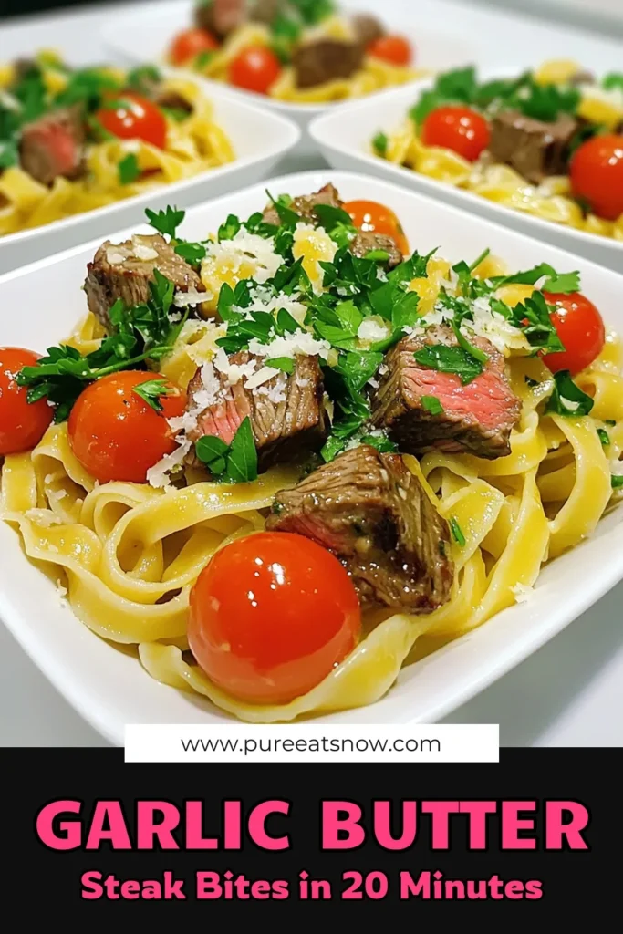 Indulge in a quick and delicious meal with this Minute Garlic Butter Steak Bites Pasta! This flavorful dish combines tender steak bites with fettuccine, fresh cherry tomatoes, and a rich garlic butter sauce. Perfect for busy weeknights, you can whip it up in just 20 minutes! Click through for the full recipe and elevate your dinner routine today. #GarlicButterSteak #PastaRecipe #QuickDinner #EasyRecipes