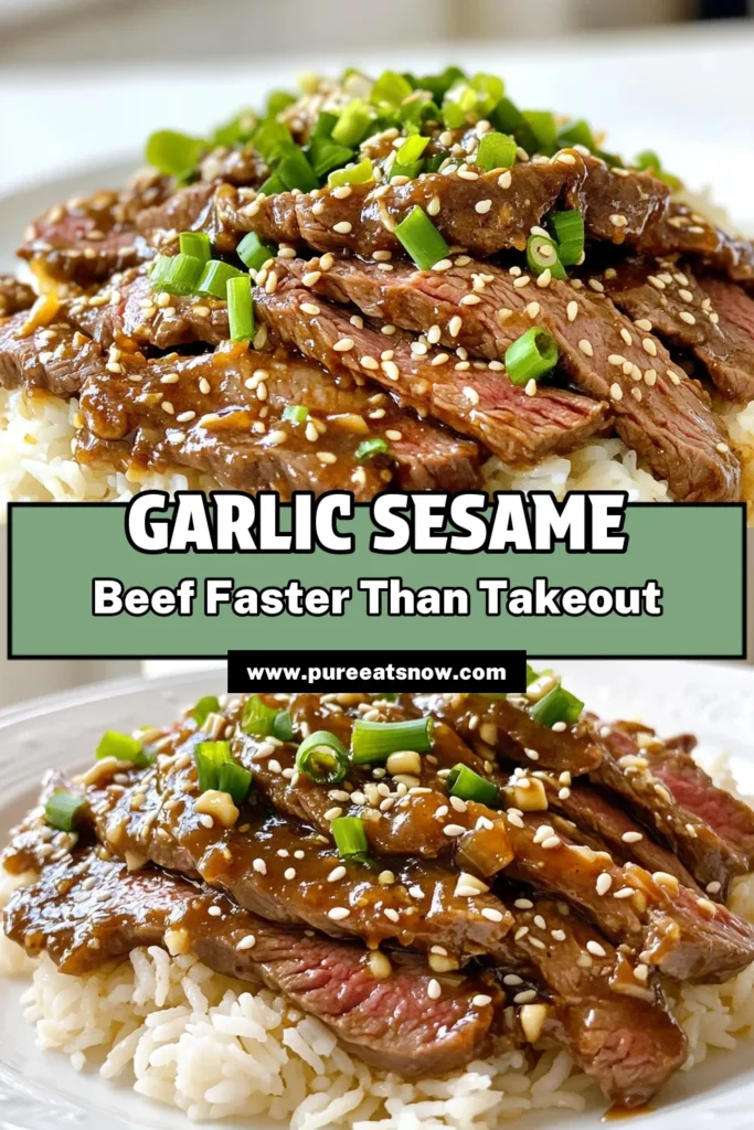 Satisfy your cravings with this Better Than Takeout Garlic Sesame Beef recipe! In just 30 minutes, you can whip up this flavorful dish featuring marinated flank steak, fresh garlic, and a delicious sesame sauce, all served over jasmine rice. It's quick, easy, and will make dinner a breeze. Click through to explore the full recipe and treat yourself to a homemade favorite! #GarlicSesameBeef #EasyRecipes #WeeknightDinner #HomemadeTakeout