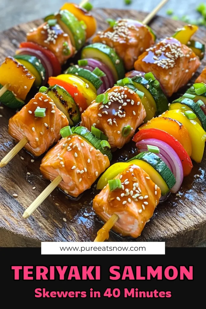 Savor the deliciousness of Teriyaki Glazed Salmon Skewers with this easy recipe! Perfectly marinated salmon paired with colorful veggies makes for a delightful meal ready in just 40 minutes. Whether grilling for a family dinner or a weekend gathering, these skewers are sure to impress. Click through for the full recipe and presentation tips to elevate your dining experience! #TeriyakiSalmon #GrilledSkewers #HealthyEating #RecipeIdeas