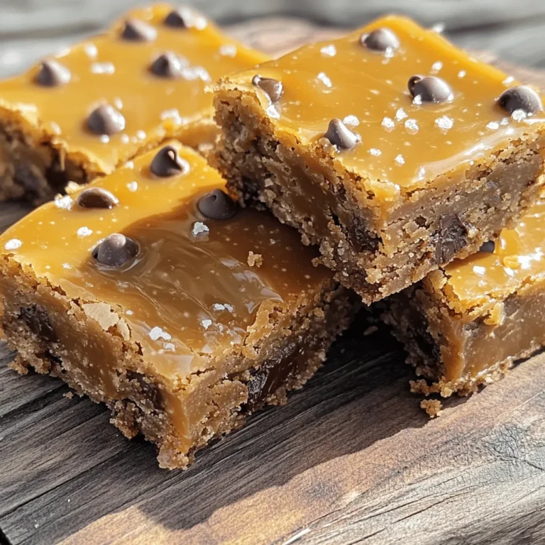 To make these blondies, you need a mix of simple, tasty ingredients. Here’s what you’ll need: - 1 cup unsalted butter, melted - 1 cup brown sugar, packed - 1/2 cup granulated sugar - 2 large eggs - 2 teaspoons vanilla extract - 2 cups all-purpose flour - 1 teaspoon baking powder - 1/2 teaspoon baking soda - 1/4 teaspoon salt - 1 cup chocolate chips (semi-sweet or dark) - 1/2 cup salted caramel sauce (store-bought or homemade) - Sea salt flakes for sprinkling These ingredients come together to create a sweet and salty treat. The butter gives richness, while the sugars add sweetness. I love using Ghirardelli or Nestlé for chocolate chips. They melt well and taste great. For caramel sauce, try Smucker’s or homemade. Homemade sauce is easy to make and super fresh. If you have allergies, here are some swaps: - Use coconut oil instead of butter for a dairy-free option. - Replace eggs with flax eggs for a vegan choice. - Almond flour can work instead of all-purpose flour for gluten-free needs. Always check labels for allergens. These swaps let everyone enjoy these blondies without worry. First, preheat your oven to 350°F (175°C). This step is key for even baking. While the oven heats, prepare your 9x13 inch baking pan. You can grease it well or line it with parchment paper. Lining helps with easy removal later. In a large bowl, combine 1 cup of melted butter, 1 cup of packed brown sugar, and 1/2 cup of granulated sugar. Whisk them together until they blend well. Next, add in 2 large eggs, one at a time. Make sure to mix well after each egg. Finally, stir in 2 teaspoons of vanilla extract for flavor. In another bowl, mix together 2 cups of all-purpose flour, 1 teaspoon of baking powder, 1/2 teaspoon of baking soda, and 1/4 teaspoon of salt. Gradually add these dry ingredients to your wet mixture. Stir just until combined. Overmixing can make the blondies tough. Next, fold in 1 cup of chocolate chips. Ensure they are evenly spread throughout the batter. This way, every bite has that rich chocolatey goodness. Pour half of the blondie batter into your prepared pan. Spread it evenly across the bottom. Then, drizzle 1/2 cup of salted caramel sauce over this layer. Be gentle and don’t mix it too much. Spoon the remaining batter on top of the caramel, smoothing it out with a spatula. Sprinkle a few sea salt flakes on top to enhance that sweet and salty flavor. Bake your blondies in the preheated oven for about 25-30 minutes. To check if they’re done, insert a toothpick into the center. It should come out mostly clean, with a few moist crumbs sticking to it. If it comes out wet with batter, bake a little longer. Once done, let the blondies cool in the pan for at least 20 minutes before cutting them into squares. Enjoy your delicious creation! To get a soft and chewy blondie, mix the batter just enough. Over-mixing can make them tough. Use melted butter for a rich flavor. Make sure your oven is fully preheated. This helps them rise and set well. Try not to bake them too long. A toothpick should come out with a few moist crumbs, not dry. Store your blondies in an airtight container. Keep them at room temperature for up to three days. For longer storage, you can freeze them. Wrap them tightly in plastic wrap and place them in a freezer bag. This keeps them fresh for up to three months. Remember to thaw them in the fridge before enjoying. To reheat, set your oven to 350°F (175°C). Place the blondies on a baking sheet. Cover them with foil to keep them soft. Warm them for about 10 minutes. You can also use the microwave. Heat them for about 15-20 seconds. This makes them warm and gooey, just like fresh from the oven. {{image_2}} You can add nuts or dried fruits to your blondies for extra flavor. Walnuts, pecans, or almonds work well. If you prefer dried fruits, try using chopped dried cherries or cranberries. Add about 1 cup of your chosen ingredient into the batter. This will add a nice crunch and chewiness. It gives your blondies a unique twist. To switch up the flavor, you can add espresso powder. This gives a rich coffee taste. Use about 1 tablespoon of espresso powder mixed into your dry ingredients. You can also try adding cinnamon or nutmeg for warmth. These flavors blend nicely with the chocolate and caramel. It makes each bite even more exciting. If you need gluten-free blondies, swap all-purpose flour with a gluten-free blend. Make sure it has a good mix of starches and flours. You can also use almond flour for a nutty flavor. Just check that your baking powder is gluten-free too. This way, everyone can enjoy these tasty treats! To wow your guests, serve the blondies warm. Cut them into neat squares. Drizzle melted salted caramel on top. Sprinkle sea salt flakes for that perfect touch. Place them on a beautiful platter. Add fresh berries or mint leaves for color. This simple decor makes the dessert look fancy. Blondies taste amazing with ice cream. Vanilla is a classic choice, but feel free to try salted caramel or chocolate flavors. Serve a warm blondie on a scoop of ice cream. Drizzle more salted caramel sauce on top. It’s a sweet treat that everyone will love. You can also serve blondies with whipped cream or a berry coulis. This adds freshness and balance to the sweet flavors. The combination is perfect for any dessert table. Blondies pair well with coffee or tea. Serve them alongside your favorite brew for a cozy treat. A rich dark roast coffee enhances the sweet flavors. For tea lovers, try a light herbal tea. It brings a refreshing contrast to the dessert. You can cut the blondies into smaller bites for easy snacking. Arrange them on a small plate with your drink. This makes for a charming afternoon treat. Everyone will enjoy the warm, sweet flavors with their drinks. Yes, you can use light brown sugar. Light brown sugar has less molasses than dark. This makes blondies a bit lighter in flavor. The texture will still be soft and chewy. You may lose some depth in taste, but they will still be tasty. To make salted caramel sauce, start with sugar. Heat it in a pan until it melts and turns golden. Slowly add butter and cream, stirring to blend. Add a pinch of sea salt. Let it cool before using. This sauce adds a rich flavor to your blondies. If your blondies are undercooked, return them to the oven. Bake them for an extra 5 to 10 minutes. Check them often with a toothpick. It should come out mostly clean. Remember, a few moist crumbs are okay, but no wet batter. These blondies can last for about 3 to 5 days. Store them in an airtight container. They will stay fresh at room temperature. If you want them to last longer, you can refrigerate them. Just remember to let them warm up before serving. Yes, you can freeze blondies! Wrap them tightly in plastic wrap. Then place them in a freezer bag. They can stay in the freezer for up to 3 months. When you want to eat them, thaw them at room temperature. Enjoy them warm for the best taste! You now know how to make delicious salted caramel chocolate chip blondies. We covered the key ingredients, step-by-step instructions, and useful tips for the best results. You can even explore variations and serving ideas to impress guests. Remember, practice makes perfect. Enjoy creating your own blondie masterpiece! Your friends and family will love these sweet treats. Dive into baking and have fun experimenting.