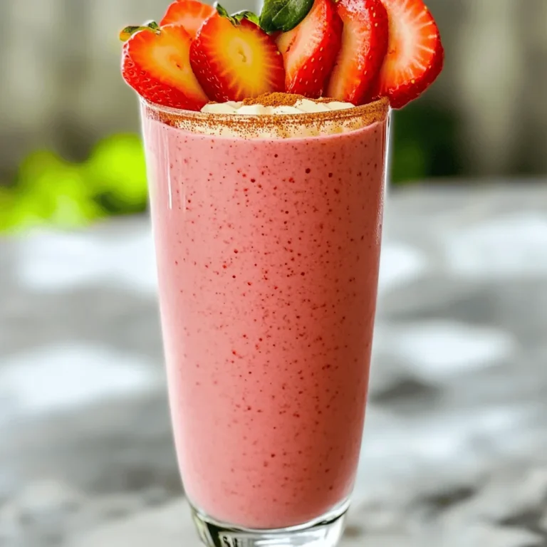 - 1 cup fresh strawberries, hulled and chopped - 1/2 cup Greek yogurt (plain or vanilla) - 1 scoop vanilla protein powder - 1 tablespoon cream cheese, softened - 1 tablespoon honey or maple syrup (adjust for sweetness) - 1/2 cup almond milk (or milk of choice) - 1/2 teaspoon vanilla extract - 1/4 teaspoon ground cinnamon - Ice cubes (optional, for a chilled smoothie) You can easily adjust the amount of each ingredient. If you want a sweeter taste, add more honey or maple syrup. You can also switch the Greek yogurt for a plant-based yogurt. If you don’t have almond milk, any milk works well. Cream cheese adds richness, but you can skip it for a lighter version. The vanilla protein powder is key for flavor and protein. This smoothie packs a nutritional punch. Fresh strawberries are full of vitamins, antioxidants, and fiber. Greek yogurt gives you protein and probiotics, which help gut health. Protein powder boosts your muscle recovery. Cream cheese adds some healthy fats. Honey or maple syrup provide natural sweetness. Almond milk is low in calories and dairy-free. Ground cinnamon adds flavor and may help regulate blood sugar. Combining these ingredients gives you a tasty drink that also nourishes your body. To start, gather your ingredients. You need fresh strawberries, Greek yogurt, protein powder, cream cheese, honey, almond milk, vanilla extract, and cinnamon. First, chop the strawberries and hull them. Place them in a blender with the Greek yogurt. Blend until the strawberries mix well with the yogurt. Next, add the protein powder, cream cheese, honey, almond milk, vanilla extract, and ground cinnamon. If you want a cold drink, toss in some ice cubes. Blend all the ingredients together until the mixture is smooth and creamy. If needed, stop and scrape down the sides of the blender. This ensures every part blends well. To ensure your smoothie is perfect, blend in short bursts. This helps mix everything evenly. If your blender struggles, add a bit more almond milk. This will make it easier to blend. Always taste your smoothie before serving. If it needs a little more sweetness, add more honey or maple syrup. Blend again after adding any sweetener. Sweetness matters in a smoothie. You can adjust it to your liking. If you prefer it sweeter, add a bit more honey or maple syrup. Blend again for a smooth mix. If your smoothie is too thick, add a splash more almond milk. For a thicker texture, add more Greek yogurt. Keep blending until you reach your desired consistency. Toppings can make your smoothie special. I love adding sliced strawberries on top. They add color and taste. A dollop of Greek yogurt also works great. You can sprinkle some cinnamon for an extra kick. Try crushed nuts or granola for crunch too. Want a creamier smoothie? Use full-fat Greek yogurt. This will add richness. You can also add a bit more cream cheese. Another option is to blend in a banana. It adds creaminess and sweetness. Always start with fresh ingredients. Clean and chop your strawberries well. Add your liquids first to help blending. This makes it easier for your blender. Blend in short bursts, then scrape down the sides. Taste your smoothie before serving. Adjust sweetness if you like. Enjoy it right away for the best flavor! {{image_2}} You can boost the smoothie’s nutrition easily. Here are some ideas: - Spinach or Kale: Add a handful for extra vitamins. You won’t taste it at all. - Chia Seeds: Toss in a tablespoon for fiber and omega-3s. They also add a nice texture. - Nut Butter: A spoonful of almond or peanut butter adds healthy fats and protein. - Oats: Include a quarter cup for added fiber and a thicker texture. - Protein Boost: Use different protein powders like chocolate or plant-based options. These add-ins make your smoothie even healthier and tastier! If you want a dairy-free or vegan version, swap out a few ingredients. Here’s how: - Greek Yogurt: Replace it with coconut yogurt or silken tofu. - Cream Cheese: Use vegan cream cheese or skip it altogether. - Honey: Substitute with agave syrup or maple syrup for sweetness. - Milk: Use any plant-based milk like oat or soy milk. These swaps keep your smoothie rich and creamy without dairy! Feel free to mix and match flavors! Here are some fun ideas: - Berry Blast: Use mixed berries like blueberries and raspberries instead of strawberries. - Tropical Twist: Add pineapple or mango for a refreshing change. - Chocolate Lovers: Replace vanilla protein powder with chocolate. Add cacao powder for extra chocolate flavor. - Nutty Delight: Add a spoon of almond extract for a nutty taste. Experimenting with these flavor combinations lets you create new favorites! If you have extra smoothie, store it in a sealed container. A mason jar works great. Keep it in the fridge and drink it within 24 hours. This keeps the flavor fresh and tasty. You can freeze the smoothie if you want to save it longer. Pour it into an ice cube tray or freezer-safe container. Just make sure to leave some space for the smoothie to expand. When you are ready to enjoy, blend the frozen cubes with a little almond milk. This makes a quick breakfast or snack. To keep your smoothie fresh, always use airtight containers. If you add toppings like sliced strawberries, add them just before serving. Also, try to minimize air exposure. This helps keep the texture and flavor intact. Enjoy your delicious strawberry cheesecake protein smoothie at its best! Yes, you can use frozen strawberries. They work well in smoothies. Frozen berries make the drink cold and thick. Just blend them with the other ingredients. If you use frozen strawberries, you may not need ice. This smoothie has about 20-25 grams of protein. The protein comes from the protein powder and Greek yogurt. This amount can vary based on the protein powder you choose. It's a great way to start your day or refuel after a workout. You can prepare this smoothie ahead of time. Just blend it and store it in the fridge. For best taste, drink it within 24 hours. If it separates, just give it a quick shake or stir before drinking. If you want to replace Greek yogurt, try using regular yogurt. You can also use cottage cheese for a creamy texture. For a dairy-free option, almond yogurt works too. These swaps keep the smoothie tasty and nutritious. This blog post covered how to make a tasty smoothie. We explored the key ingredients, their health benefits, and how to adjust flavors. I shared helpful tips for blending and enhancing your drink with toppings. We also looked at different variations and how to store smoothies for later. Smoothies offer endless options for delicious, healthy drinks. Experiment and find your perfect blend!