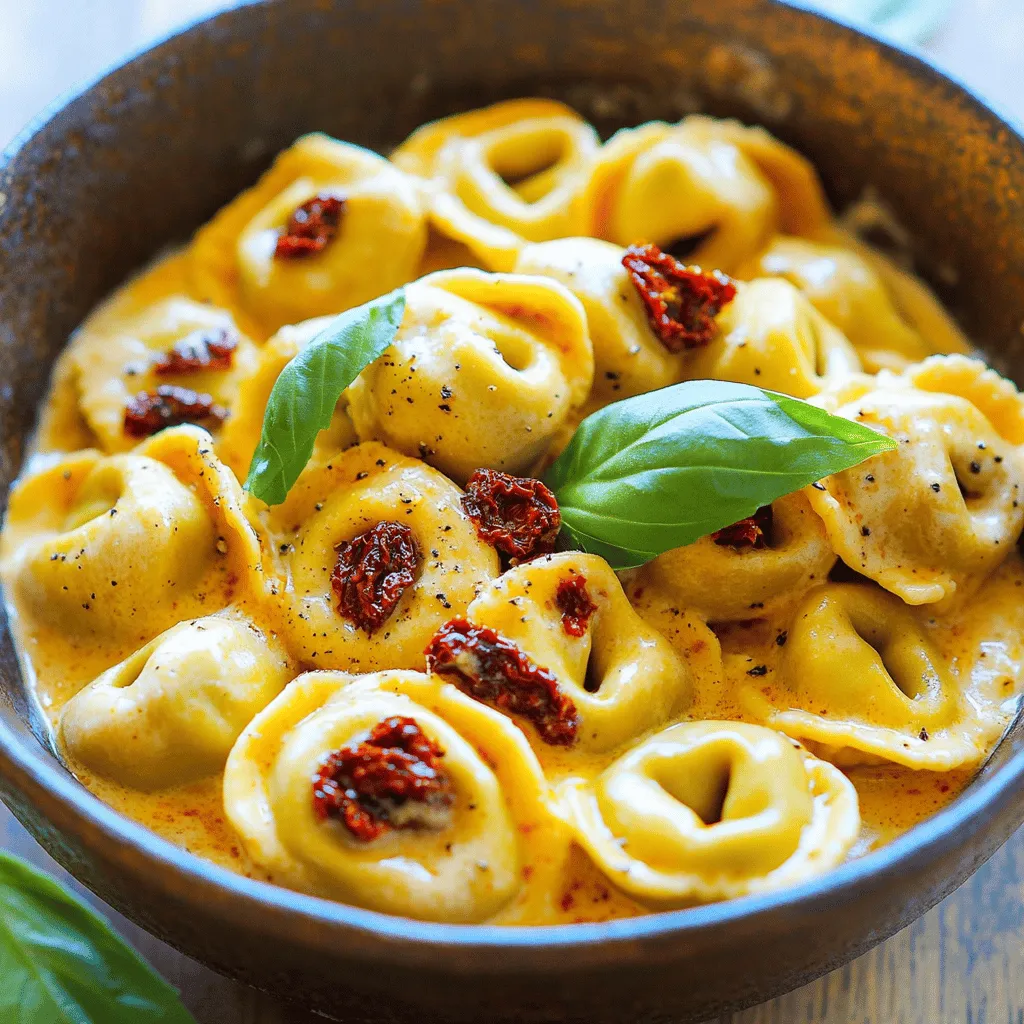 To make Creamy Sun-Dried Tomato Tortellini, gather these simple ingredients: - 9 oz (250g) cheese tortellini (fresh or frozen) - 1 cup sun-dried tomatoes in oil, drained and chopped - 2 cloves garlic, minced - 1 cup heavy cream - ½ cup grated Parmesan cheese - 1 tablespoon olive oil - 1 teaspoon Italian seasoning - Salt and pepper to taste - Fresh basil leaves for garnish Each ingredient plays a big role in the dish's flavor. Cheese tortellini brings a rich taste and soft texture. Sun-dried tomatoes add a sweet and tangy kick. Garlic gives a warm aroma that fills your kitchen. Heavy cream makes the sauce smooth and rich. Parmesan cheese adds a salty depth that ties it all together. Use high-quality ingredients for the best results. Fresh tortellini cooks quickly and tastes great. Sun-dried tomatoes should be packed in oil to keep them moist and flavorful. Always have fresh basil on hand; it brings a burst of freshness to each bite. With these ingredients, you’re on your way to a delightful meal in no time. Start by boiling a large pot of salted water. Once the water is bubbling, add 9 ounces of cheese tortellini. Cook the tortellini according to the package instructions. You want them to be al dente, which means firm to the bite. After cooking, drain the tortellini and set them aside. Next, grab a large skillet and heat 1 tablespoon of olive oil over medium heat. Once the oil is warm, add 2 minced garlic cloves. Sauté the garlic for about 1 minute until it smells amazing. Then, toss in 1 cup of chopped sun-dried tomatoes and 1 teaspoon of Italian seasoning. Cook this mixture for 2 more minutes. This step helps the flavors blend nicely. Now, lower the heat to medium-low. Pour in 1 cup of heavy cream and stir well. Let it simmer for about 3 to 4 minutes. Stir occasionally to keep it from sticking. After that, slowly add in ½ cup of grated Parmesan cheese. Keep stirring until the cheese melts and the sauce is smooth. Add salt and pepper to taste. Now it’s time to bring everything together. Add the cooked tortellini to the creamy sauce. Gently toss them to coat all the pasta with that rich sauce. Make sure every piece is covered. This step is key to enjoying every bite. After mixing, serve the creamy tortellini on plates. You can garnish with fresh basil leaves for a pop of color and flavor. Enjoy your delicious meal! To cook tortellini just right, start with a big pot of salted water. Bring it to a boil before adding the tortellini. Cook it until it is al dente, which means it should still have a little bite. This usually takes about 3 to 5 minutes. After draining, toss it with a bit of olive oil. This keeps the tortellini from sticking together. For a richer sauce, use heavy cream. It makes the dish feel luxurious. You can also add garlic early to get a nice, strong flavor. Fresh herbs like basil or parsley can brighten the creamy sauce. If you want a bit of zing, add some red pepper flakes. This gives the sauce a warm kick. Serve the creamy sun-dried tomato tortellini in deep bowls. This keeps the sauce from spilling over. Top each bowl with fresh basil leaves. You can also add more grated Parmesan cheese for extra flavor. For a fun twist, pair it with a side salad or garlic bread. This makes for a well-rounded meal that is sure to please! {{image_2}} You can make this dish vegetarian by swapping the cheese tortellini for a plant-based option. Look for tortellini filled with spinach or mushrooms. You can also add more vegetables. Try bell peppers, zucchini, or fresh spinach. These options add color and nutrients. For extra protein, add grilled chicken or shrimp. Cook them separately and mix them in with the tortellini. You can also use cooked sausage or bacon for a savory twist. Each option gives the dish a hearty flavor. To boost flavors, consider adding a splash of white wine to the sauce. A pinch of red pepper flakes gives a nice kick. Fresh herbs like thyme or oregano can add depth too. Experiment with lemon zest for a bright finish. Each change can make the dish uniquely yours. To keep your creamy sun-dried tomato tortellini fresh, store it in the fridge. Use an airtight container. It stays good for up to three days. Make sure it cools down before you seal it. If you want to save some time, divide it into serving sizes. This makes it easy to grab a quick meal later. You can freeze this dish, but it may change the texture a bit. Allow the tortellini to cool completely first. Use freezer-safe bags or containers for storage. Label them with the date. It can last up to three months in the freezer. When you are ready to enjoy it, thaw it in the fridge overnight. To reheat, use the stovetop for the best results. Add a splash of cream or water to keep it creamy. Heat it over low-medium heat, stirring gently. You can also use the microwave. Cover the dish and heat it in short bursts, stirring in between. Make sure it’s heated all the way through before serving. Yes, you can use frozen tortellini. It cooks well and saves time. Just follow the package instructions for cooking. Frozen tortellini often tastes just as good as fresh. This makes it a great option for busy nights. To lighten this dish, swap the heavy cream for half-and-half or a plant-based milk. You can also use less cheese or a low-fat cheese. Adding more veggies, like spinach or zucchini, gives you more nutrition without extra calories. Pair this tortellini with a fresh salad or garlic bread. A light green salad with a tangy vinaigrette complements the creamy sauce well. Garlic bread adds a nice crunch and flavor to your meal. Enjoying it with a glass of white wine can enhance your dining experience too. In this article, we explored a delicious dish made with cheese tortellini and sun-dried tomatoes. We detailed how to cook the tortellini and make a rich, creamy sauce with garlic and Parmesan. I also shared handy tips for the best results and fun variations you can try. Remember, this dish can be stored or frozen easily. With these insights, you'll impress anyone at your next meal. Enjoy every bite and make it your own!