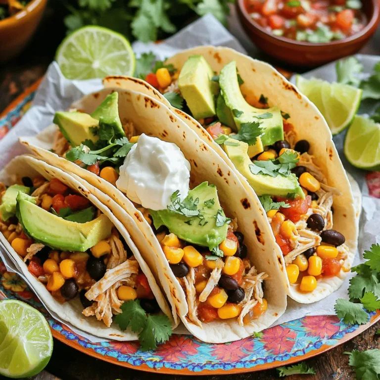 - 4 boneless, skinless chicken breasts - 1 cup corn kernels (fresh, frozen, or canned) - 1 can (15 oz) black beans, rinsed and drained - 1 cup diced tomatoes (canned or fresh) - 1 packet taco seasoning - 1 cup cream cheese (softened) - 1/2 cup chicken broth - 1 tablespoon lime juice - Flour or corn tortillas for serving - Fresh cilantro, chopped (for garnish) - Sliced avocado (for garnish) The main ingredients for Slow Cooker Creamy Chicken Corn Tacos are simple yet flavorful. The chicken breasts form the base of this dish. They soak up all the tasty flavors as they cook. Corn adds sweetness and texture, while black beans bring protein and fiber. Diced tomatoes add freshness and a slight acidity, balancing the dish. Taco seasoning gives it that zesty kick we all love. Cream cheese is the star here. It makes the filling creamy and rich. Chicken broth adds moisture and depth to the flavors. A splash of lime juice brightens everything up, giving it a pop. You’ll want tortillas for serving this delicious filling. Their soft texture holds everything together perfectly. Lastly, fresh cilantro and avocado slices make great garnishes. They add color and extra flavor. - Additional spices - Alternate beans - Toppings Feel free to play around with optional ingredients. Adding spices like chili powder or cumin can boost flavor. You can swap black beans for pinto or kidney beans if you prefer. For toppings, consider shredded cheese or sour cream. Each addition can make your tacos even more delicious and fun to customize! To start, gather your ingredients. You need chicken breasts, corn, black beans, and diced tomatoes. Place the chicken breasts at the bottom of the slow cooker. This helps keep them moist during cooking. Next, layer the corn, black beans, and diced tomatoes on top of the chicken. Make sure to spread them evenly. Sprinkle the taco seasoning over the top. This step is key for great flavor. Ensure the chicken is well coated. In a separate bowl, mix the softened cream cheese with chicken broth and lime juice. This creamy mixture will add richness to your dish. Now, it’s time to cook. Cover the slow cooker and set it to low for 6-7 hours or high for 3-4 hours. The chicken should be cooked through and tender when done. To check doneness, use a meat thermometer. The chicken should reach 165°F. If you don’t have one, just check if the chicken shreds easily with a fork. Once cooked, take two forks and shred the chicken right in the slow cooker. This makes for easy cleanup. Mix everything together until well combined. The cream cheese will create a rich, creamy texture. Finally, season the mix with salt and pepper to taste. This step is important to enhance the flavors. Now your creamy chicken corn mix is ready to serve! To get that rich, creamy taste, use softened cream cheese. Mix it well with chicken broth and lime juice. This helps it blend smoothly into the dish. If you want more creaminess, add a bit more cream cheese. Taste as you go. Adjust the salt and pepper to match your preference. Tacos are fun to serve in many ways. You can stack them high with your creamy chicken corn mix. Add toppings like fresh cilantro and avocado slices to make them pop. You can also serve them on a colorful platter. Pair the tacos with sides like rice or a fresh salad. This adds a nice balance to your meal. If your chicken turns out overcooked, don't worry! Shred it finely and mix it back into the creamy sauce. This helps hide any dryness. If your dish is too thick, stir in a little more chicken broth. This will help achieve a better consistency. Always taste and adjust as needed! {{image_2}} You can change the protein in this recipe. Try using turkey instead of chicken. Tofu works well for a vegan option. This adds different flavors and textures. Want to boost the taste? Add extra vegetables like bell peppers or zucchini. They make the dish more colorful and nutritious. If you like spice, toss in some jalapeños or chili powder. This adds a nice kick to the tacos. You can choose how to serve your tacos. Soft tortillas are great for a classic feel. Crunchy taco shells give a fun texture. Another option is a taco salad. Simply layer the creamy chicken corn mixture over greens. Add toppings like cheese and salsa for a fresh twist. To keep your creamy chicken corn tacos fresh, store them in an airtight container. Place the container in the fridge. This method will help keep the flavors intact. You can store leftovers for up to four days. For longer storage, freeze the taco filling. Use freezer-safe bags, removing as much air as possible. You can keep it in the freezer for up to three months. When it’s time to enjoy your leftovers, you have two main options: the oven or the microwave. For the oven, preheat it to 350°F (175°C). Place the filling in a baking dish, cover with foil, and heat for about 20 minutes. This method helps keep the texture nice. If you use the microwave, heat in short bursts. Stir every minute to keep the filling moist and evenly heated. For the best taste, enjoy your tacos within four days if refrigerated. If frozen, try to eat them within three months. Always check for signs of spoilage. If you see mold, a sour smell, or off-color, it’s best to throw it out. Keeping an eye on these signs will help you enjoy your delicious meal safely. Yes, you can make this recipe in advance. Here are some tips for meal prep: - Cook the chicken mix ahead: You can cook the chicken and sauce a day before. - Store it properly: Keep it in an airtight container in the fridge. - Reheat when ready: Just warm it in the microwave or on the stove before serving. - Prep your toppings: Chop cilantro and slice avocado ahead of time. This makes serving easy. You can serve many tasty sides with these tacos. Here are some suggestions: - Mexican rice: Fluffy rice adds great flavor. - Refried beans: Creamy and rich, they pair well. - Fresh salad: A light salad keeps things fresh. - Chips and salsa: Crunchy chips with zesty salsa make a fun snack. - Drinks: Serve with iced tea, lemonade, or a fruity mocktail. Yes, you can use other cooking methods. Here’s how: - Stovetop: Cook the chicken in a skillet with the other ingredients. Stir often to avoid sticking. - Oven: Bake in a covered dish at 350°F for about 45 minutes to an hour. Check for doneness. - Pressure cooker: Cook on high pressure for about 15 minutes, then shred the chicken. These methods work well if you need a faster option. This blog post outlined a tasty and simple recipe for creamy chicken corn tacos. I covered essential ingredients, step-by-step instructions, and helpful tips. You learned about variations and storage, making it easy to customize or save leftovers. These tacos offer a great meal for any occasion. With a few tweaks, you can make this dish shine. Enjoy finding your favorite version and share it with friends. Happy cooking!