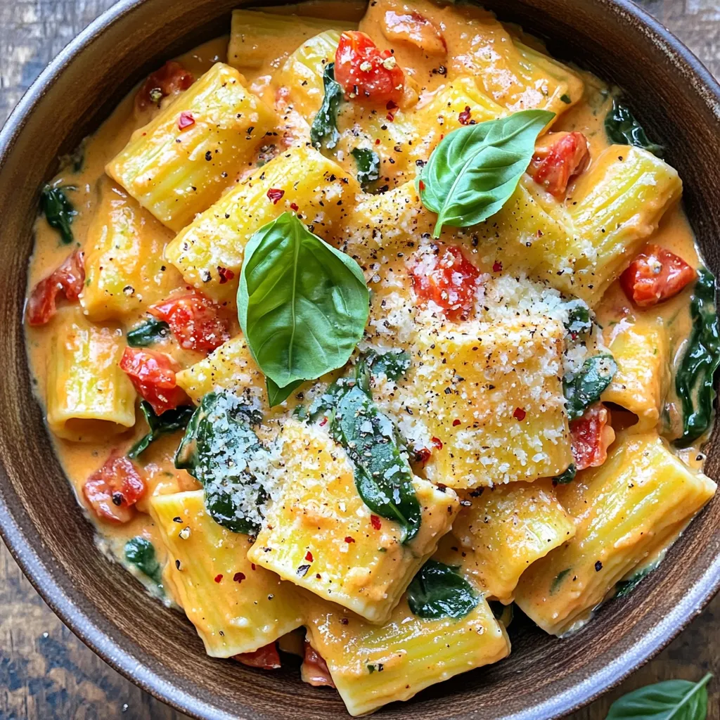 - 12 oz pasta (penne or fusilli) - 2 tablespoons olive oil - 3 cloves garlic, minced - 1 (14.5 oz) can diced tomatoes - 4 cups fresh spinach - 1 cup heavy cream (or coconut cream) - 1 teaspoon Italian seasoning - ½ teaspoon red pepper flakes (optional) - Salt and pepper to taste - ½ cup grated Parmesan cheese (or nutritional yeast) - Fresh basil leaves for garnish To make creamy tomato spinach pasta, gather all the ingredients first. Choose your pasta, like penne or fusilli. I prefer penne for its perfect bites. Grab a can of diced tomatoes. The juices will help create a rich sauce. Fresh spinach adds color and nutrients. Heavy cream makes the dish creamy, but coconut cream works too for a dairy-free option. Italian seasoning blends herbs well, giving a lovely aroma. Red pepper flakes add spice, but they are optional. Always season with salt and pepper to taste. Finally, sprinkle grated Parmesan cheese for a savory finish. If you're vegan, try nutritional yeast instead. Don't forget fresh basil leaves! They are the perfect garnish, adding a touch of freshness. Each ingredient plays a role in making this dish delightful. To start, heat 2 tablespoons of olive oil in a large pot over medium heat. Next, add 3 cloves of minced garlic and sauté for about 1 minute. This step brings out the garlic's nice aroma. After that, pour in 1 can of diced tomatoes with their juices. Stir in 1 teaspoon of Italian seasoning and ½ teaspoon of red pepper flakes if you want some heat. Let this mixture simmer for about 5 minutes. This helps the flavors blend nicely. Now, add 12 ounces of your chosen pasta to the pot along with 4 cups of water. Stir it well to mix everything. Bring the pot to a boil. Once it boils, reduce the heat to a simmer and cover the pot. Cook the pasta according to the package instructions, usually about 8 to 10 minutes. Stir occasionally so the pasta does not stick together. Once the pasta is cooked, stir in 4 cups of fresh spinach and 1 cup of heavy cream. Cook this mixture for an extra 2 to 3 minutes. You want the spinach to wilt and the sauce to become creamy. After that, remove the pot from heat. Stir in ½ cup of grated Parmesan cheese. Adjust the flavor with salt and pepper to your liking. Serve this dish in bowls, adding fresh basil leaves on top for a nice finish. To get that rich, creamy texture, you can use different types of cream. Heavy cream gives the best results, but coconut cream works great for dairy-free options. It adds a slight sweetness, making your dish unique. When cooking, save some pasta water. This starchy water helps to thicken your sauce. Just add a little at a time until you reach your desired creaminess. To make your dish pop, try adding spices and herbs. Fresh basil or oregano adds bright flavors. If you use dried herbs, remember they are more potent. Start with less, and add more as needed. Red pepper flakes add a nice kick if you like heat. You can also try adding garlic powder for extra flavor. Cooking time can change based on the type of pasta you choose. For penne, it usually takes 8-10 minutes. Fusilli might need a minute or two more. If you prefer, you can use a multi-pot method. This means cooking the pasta in one pot and the sauce in another. However, the one-pot method is easier and saves time on cleanup. Choose the method that fits your style best! {{image_2}} For a nut-free and vegan dish, swap heavy cream for coconut cream. This adds creaminess without dairy. Use nutritional yeast instead of Parmesan cheese for a cheesy flavor. You can also add more veggies like mushrooms or zucchini for extra nutrients. These add-ins keep the dish fresh and vibrant. You can easily add protein to this dish. Try cooked chicken, shrimp, or sausage for a meaty twist. For a plant-based option, add cooked lentils or chickpeas. If using meat, cook it separately and stir it in during the last few minutes. This lets the flavors blend well without overcooking. Using seasonal veggies enhances flavor and freshness. In spring, add asparagus or peas. In summer, try fresh tomatoes or zucchini. In fall, butternut squash or kale works great. Just chop them small and add them when you stir in the spinach. This keeps the dish colorful and tasty all year round. To store your creamy tomato spinach pasta, let it cool first. Place leftovers in an airtight container. This keeps flavors fresh and prevents spills. Use glass or high-quality plastic containers. They help maintain taste and texture. When reheating, use a stovetop or microwave. For stovetop, add a splash of water or cream. Stir over low heat until warm. This keeps the creaminess intact. If using a microwave, cover your bowl loosely. Heat in short bursts to avoid overheating. To refresh flavors, add a pinch of salt and pepper. Toss in a bit of fresh spinach or basil after heating. This adds brightness and freshness to your dish. To freeze creamy pasta, let it cool completely. Use freezer-safe containers or bags. Remove excess air to prevent freezer burn. Label with the date for easy tracking. When you're ready to enjoy, thaw in the fridge overnight. Reheat on the stovetop with a little water or cream. Stir well to restore the creamy texture. Enjoy your meal without the fuss! Yes, you can use gluten-free pasta. I recommend using types like rice or corn pasta. These hold up well in this dish. When using gluten-free pasta, cook it according to the package. It may need a few extra minutes. Always check for doneness before serving. You can safely store this creamy dish in the fridge for about 3 days. Make sure to use an airtight container. If you see any changes in color or smell, it's best to throw it away. Reheat it on the stove for best results. Absolutely! To add heat, you can use more red pepper flakes. Start with a pinch and taste as you go. You can also add diced jalapeños or a splash of hot sauce. These options will give your dish a nice kick without overpowering it. This blog post detailed a rich creamy pasta dish that anyone can make. We covered essential ingredients, step-by-step cooking, and various tips to enhance flavor. You can also customize the dish with nut-free or vegan options. Remember to store leftovers properly to keep them fresh and tasty. With easy adjustments, this recipe adapts to your taste. I hope you enjoy trying it out, experimenting with your own flavors, and making it your recipe masterpiece. Happy cooking!