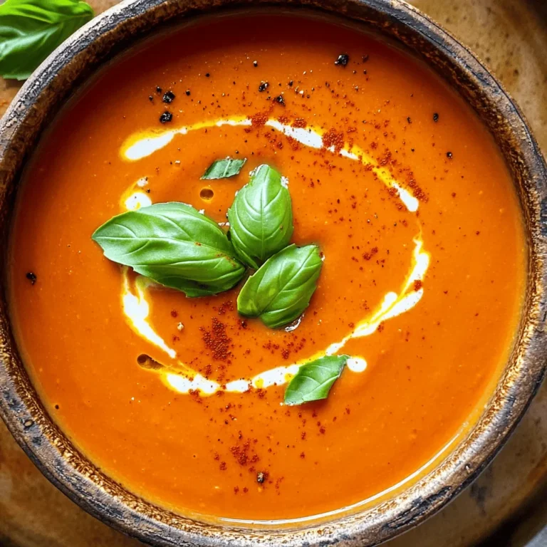 - 4 large red bell peppers, halved and seeded - 1 medium onion, diced - 2 cloves garlic, minced - 3 cups vegetable broth - 1 cup coconut milk (or heavy cream) - 1 tablespoon olive oil - 1 teaspoon smoked paprika - Salt and pepper to taste - Fresh basil for garnish (optional) If you want to make changes, you can! Use yellow or orange bell peppers if red ones are not available. They will still give great flavor. For a different taste, try using chicken broth instead of vegetable broth. If you prefer, you can swap coconut milk for almond milk or regular milk. Just know that it changes the taste slightly. You can also omit the cream for a lighter soup. Always choose bell peppers that are firm and shiny. Look for ones with smooth skin and no spots. When picking an onion, it should feel heavy for its size. Avoid ones that are soft or have dark spots. Fresh garlic should be firm and have no green shoots. For the best broth, choose one with low sodium. This lets you control the salt in your soup. If you want fresh basil, look for bright green leaves without any brown spots. To start, gather your ingredients. You need four large red bell peppers, one medium onion, two cloves of garlic, and three cups of vegetable broth. Don't forget one cup of coconut milk or heavy cream, a tablespoon of olive oil, smoked paprika, and some salt and pepper. Fresh basil is optional for garnish. Next, preheat your oven to 400°F (200°C). Cut the red bell peppers in half, remove the seeds, and place them cut side down on a baking sheet lined with parchment paper. Roast them for about 25-30 minutes. You want the skins to be blistered and blackened. Once the peppers are done, take them out of the oven. Let them cool for about 10 minutes. Then, peel off the skins. Next, heat olive oil in a large pot over medium heat. Add the diced onion and cook until it is soft and clear, about 5-7 minutes. After that, add minced garlic and smoked paprika. Cook for one more minute until you can smell the garlic and paprika. Now, add the peeled roasted red peppers to the pot. Pour in the vegetable broth and stir everything together. Turn up the heat until it boils. After it boils, reduce the heat and let it simmer for 10 minutes. This lets all the flavors mix well. After simmering, it’s time to blend the soup. You can use an immersion blender right in the pot for a smooth texture. If you don't have one, carefully transfer the mixture to a regular blender in batches. Once it is smooth, stir in the coconut milk or heavy cream. Return the soup to low heat for about 5 minutes to warm it up. Finally, taste the soup and add salt and pepper as needed. Now, it’s ready to serve hot. If you like, you can garnish with fresh basil. Enjoy! To make your soup even tastier, try adding more spices. You can use cumin or chili powder for a kick. A splash of lemon juice can brighten up the flavors too. If you love a smoky taste, add more smoked paprika. Remember, tasting as you go is key! This soup pairs well with crusty bread or a fresh salad. You can also serve it with a grilled cheese sandwich for a classic combo. For a fancy touch, serve it in a bowl with a drizzle of olive oil on top. This makes the dish look special and adds extra flavor. Garnishing your soup can make it more appealing. Fresh basil adds a nice pop of color and a hint of freshness. You can also add a dollop of sour cream or yogurt for creaminess. Croutons add a fun crunch. Lastly, a sprinkle of red pepper flakes gives a nice visual and a bit of heat! {{image_2}} You can easily make this soup vegan and dairy-free. Simply use coconut milk instead of heavy cream. Coconut milk makes the soup creamy and rich without any dairy. You can also add a splash of lemon juice for a bright flavor. If you love heat, add some spice! Try mixing in red pepper flakes or a chopped jalapeño. You can also use smoked paprika for a smoky twist. Spice adds depth and warmth. Adjust the amount to match your taste. Feel free to get creative with your veggies! You can add carrots, zucchini, or even sweet potatoes. Just chop them small and sauté them with the onion. This adds extra flavor and nutrients. Mixing in different veggies keeps the soup fun and exciting. After enjoying your creamy roasted red pepper soup, let it cool down. Pour the soup into an airtight container. Seal it tightly to keep it fresh. Store it in the fridge for up to four days. It’s best to eat it within this time for great taste. If you want to keep it longer, consider freezing it. To freeze the soup, use freezer-safe containers or bags. Make sure to leave some space in the container. The soup will expand as it freezes. Label each container with the date. You can freeze the soup for up to three months. When ready to enjoy, you can thaw it in the fridge overnight. To reheat, you have two good options. You can use the stove or the microwave. If using the stove, pour the soup into a pot. Heat over medium heat, stirring often. If using the microwave, pour the soup into a safe bowl. Heat it in short bursts, stirring in between. Make sure it is hot all the way through before serving. Enjoy your warm, creamy soup! You can use heavy cream instead of coconut milk. It adds a rich flavor. If you prefer a lighter option, try almond milk. Soy milk also works well but may alter the taste slightly. Yes, you can use canned roasted red peppers. They save time and still taste great. Just drain them well before adding to the pot. This keeps the soup from becoming too watery. To thicken the soup, add more roasted peppers. You can also blend in a potato for extra creaminess. Another option is to simmer the soup longer to reduce it. This will make it richer and thicker. You learned about key ingredients for soup, with helpful substitutions and tips for freshness. We covered clear steps for preparation, cooking, and blending to achieve the perfect texture. I shared tricks to enhance flavor, great serving ideas, and fun garnish options. You also explored variations, including vegan choices and spicy twists. Finally, we discussed how to store leftovers and reheat them well. In summary, cooking soup can be simple and fun. Enjoy your time in the kitchen experimenting with flavors!