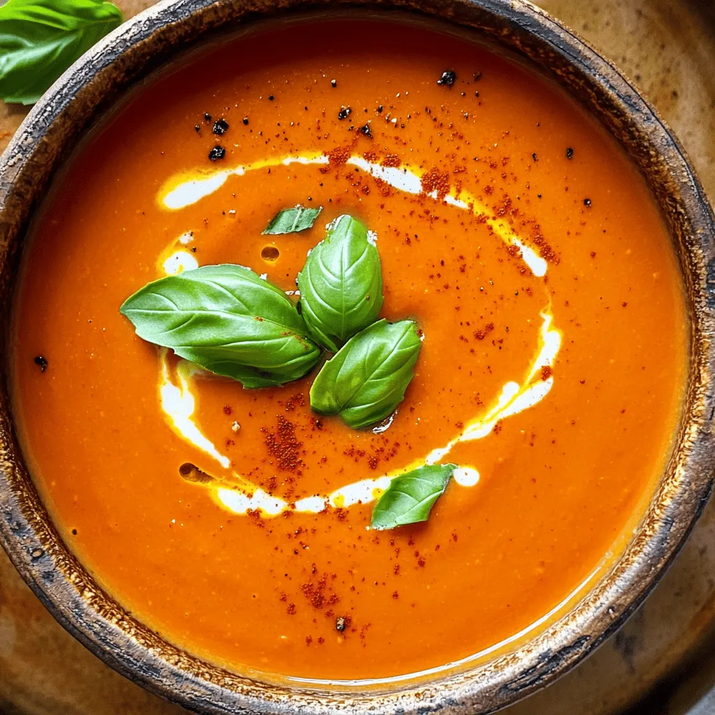 - 4 large red bell peppers, halved and seeded - 1 medium onion, diced - 2 cloves garlic, minced - 3 cups vegetable broth - 1 cup coconut milk (or heavy cream) - 1 tablespoon olive oil - 1 teaspoon smoked paprika - Salt and pepper to taste - Fresh basil for garnish (optional) If you want to make changes, you can! Use yellow or orange bell peppers if red ones are not available. They will still give great flavor. For a different taste, try using chicken broth instead of vegetable broth. If you prefer, you can swap coconut milk for almond milk or regular milk. Just know that it changes the taste slightly. You can also omit the cream for a lighter soup. Always choose bell peppers that are firm and shiny. Look for ones with smooth skin and no spots. When picking an onion, it should feel heavy for its size. Avoid ones that are soft or have dark spots. Fresh garlic should be firm and have no green shoots. For the best broth, choose one with low sodium. This lets you control the salt in your soup. If you want fresh basil, look for bright green leaves without any brown spots. To start, gather your ingredients. You need four large red bell peppers, one medium onion, two cloves of garlic, and three cups of vegetable broth. Don't forget one cup of coconut milk or heavy cream, a tablespoon of olive oil, smoked paprika, and some salt and pepper. Fresh basil is optional for garnish. Next, preheat your oven to 400°F (200°C). Cut the red bell peppers in half, remove the seeds, and place them cut side down on a baking sheet lined with parchment paper. Roast them for about 25-30 minutes. You want the skins to be blistered and blackened. Once the peppers are done, take them out of the oven. Let them cool for about 10 minutes. Then, peel off the skins. Next, heat olive oil in a large pot over medium heat. Add the diced onion and cook until it is soft and clear, about 5-7 minutes. After that, add minced garlic and smoked paprika. Cook for one more minute until you can smell the garlic and paprika. Now, add the peeled roasted red peppers to the pot. Pour in the vegetable broth and stir everything together. Turn up the heat until it boils. After it boils, reduce the heat and let it simmer for 10 minutes. This lets all the flavors mix well. After simmering, it’s time to blend the soup. You can use an immersion blender right in the pot for a smooth texture. If you don't have one, carefully transfer the mixture to a regular blender in batches. Once it is smooth, stir in the coconut milk or heavy cream. Return the soup to low heat for about 5 minutes to warm it up. Finally, taste the soup and add salt and pepper as needed. Now, it’s ready to serve hot. If you like, you can garnish with fresh basil. Enjoy! To make your soup even tastier, try adding more spices. You can use cumin or chili powder for a kick. A splash of lemon juice can brighten up the flavors too. If you love a smoky taste, add more smoked paprika. Remember, tasting as you go is key! This soup pairs well with crusty bread or a fresh salad. You can also serve it with a grilled cheese sandwich for a classic combo. For a fancy touch, serve it in a bowl with a drizzle of olive oil on top. This makes the dish look special and adds extra flavor. Garnishing your soup can make it more appealing. Fresh basil adds a nice pop of color and a hint of freshness. You can also add a dollop of sour cream or yogurt for creaminess. Croutons add a fun crunch. Lastly, a sprinkle of red pepper flakes gives a nice visual and a bit of heat! {{image_2}} You can easily make this soup vegan and dairy-free. Simply use coconut milk instead of heavy cream. Coconut milk makes the soup creamy and rich without any dairy. You can also add a splash of lemon juice for a bright flavor. If you love heat, add some spice! Try mixing in red pepper flakes or a chopped jalapeño. You can also use smoked paprika for a smoky twist. Spice adds depth and warmth. Adjust the amount to match your taste. Feel free to get creative with your veggies! You can add carrots, zucchini, or even sweet potatoes. Just chop them small and sauté them with the onion. This adds extra flavor and nutrients. Mixing in different veggies keeps the soup fun and exciting. After enjoying your creamy roasted red pepper soup, let it cool down. Pour the soup into an airtight container. Seal it tightly to keep it fresh. Store it in the fridge for up to four days. It’s best to eat it within this time for great taste. If you want to keep it longer, consider freezing it. To freeze the soup, use freezer-safe containers or bags. Make sure to leave some space in the container. The soup will expand as it freezes. Label each container with the date. You can freeze the soup for up to three months. When ready to enjoy, you can thaw it in the fridge overnight. To reheat, you have two good options. You can use the stove or the microwave. If using the stove, pour the soup into a pot. Heat over medium heat, stirring often. If using the microwave, pour the soup into a safe bowl. Heat it in short bursts, stirring in between. Make sure it is hot all the way through before serving. Enjoy your warm, creamy soup! You can use heavy cream instead of coconut milk. It adds a rich flavor. If you prefer a lighter option, try almond milk. Soy milk also works well but may alter the taste slightly. Yes, you can use canned roasted red peppers. They save time and still taste great. Just drain them well before adding to the pot. This keeps the soup from becoming too watery. To thicken the soup, add more roasted peppers. You can also blend in a potato for extra creaminess. Another option is to simmer the soup longer to reduce it. This will make it richer and thicker. You learned about key ingredients for soup, with helpful substitutions and tips for freshness. We covered clear steps for preparation, cooking, and blending to achieve the perfect texture. I shared tricks to enhance flavor, great serving ideas, and fun garnish options. You also explored variations, including vegan choices and spicy twists. Finally, we discussed how to store leftovers and reheat them well. In summary, cooking soup can be simple and fun. Enjoy your time in the kitchen experimenting with flavors!