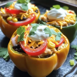 - 4 large bell peppers (any color) - 1 lb (450g) boneless, skinless chicken breast, diced - 1 tablespoon olive oil - 1 medium onion, sliced - 1 red bell pepper, sliced - 1 teaspoon chili powder - 1 teaspoon cumin - 1/2 teaspoon smoked paprika - Salt and pepper to taste - 1 cup canned black beans, rinsed and drained - 1 cup corn (fresh or frozen) - 1 cup shredded cheese (cheddar or a Mexican blend) - Fresh cilantro, chopped (for garnish) - Sour cream or Greek yogurt (for serving) Using fresh and colorful ingredients makes this dish pop. I love using large bell peppers for this recipe. They hold the filling well and taste great. Choose any color you like, as they all add flavor and beauty. I use boneless, skinless chicken breast for lean protein. Dicing it keeps cooking time short and even. I add olive oil to a hot skillet. This helps brown the chicken quickly, giving it a nice flavor. Sliced onion and red bell pepper add sweetness. The spices—chili powder, cumin, and smoked paprika—bring a warm kick. Salt and pepper boost the overall taste, ensuring every bite is flavorful. Black beans and corn are great for texture and nutrition. They also make the filling hearty. To finish, I like to top the stuffed peppers with shredded cheese. It melts beautifully and adds richness. Fresh cilantro brightens the dish, while sour cream or Greek yogurt adds creaminess when served. This mix of ingredients creates a tasty dinner option that is sure to please! 1. First, preheat your oven to 375°F (190°C). This step gets the oven ready for cooking. 2. Next, take four large bell peppers. Cut the tops off and remove seeds. Set the empty peppers aside. 3. In a large skillet, heat one tablespoon of olive oil over medium heat. 4. Add one pound of diced chicken breast to the skillet. Cook for about 5-7 minutes until it turns brown. 5. Then, add one medium sliced onion and one sliced red bell pepper. Stir and cook for 3-4 minutes until they soften. 6. Sprinkle in one teaspoon of chili powder, one teaspoon of cumin, and 1/2 teaspoon of smoked paprika. Also, add salt and pepper to taste. Stir to mix well and cook for one more minute until fragrant. 7. Remove the skillet from heat. Gently fold in one cup of rinsed black beans and one cup of corn. 8. Now, spoon the chicken mix into each bell pepper. Pack them lightly to fit well. 9. Place the stuffed peppers upright in a baking dish. Top each with one cup of shredded cheese. 10. Cover the dish with aluminum foil to keep moisture in. Bake in the oven for 25-30 minutes. 11. After that, remove the foil and bake for an extra 10 minutes until the cheese is bubbly and golden. 12. Carefully take the peppers out of the oven. Let them cool for a few minutes. 13. Finally, garnish with chopped cilantro and serve with sour cream or Greek yogurt. Enjoy your tasty dinner! - Ensuring Moisture To keep the peppers juicy, cover them with foil while baking. This traps steam and helps cook the peppers evenly. Remove the foil near the end to let the cheese brown nicely. - Flavor Enhancements For more flavor, add fresh lime juice to the chicken mix. You can also toss in diced tomatoes or jalapeños for extra zest. Fresh herbs like cilantro or parsley can brighten the dish. - Garnishing Ideas A sprinkle of fresh cilantro adds color and taste. You can also use sliced avocados or a dollop of sour cream for a creamy finish. A few lime wedges on the side can elevate the look and flavor. - Serving Suggestions Serve these stuffed peppers with a side of rice or a simple salad. They also pair well with tortilla chips and salsa for a fun twist. Enjoy your meal family-style by placing the dish in the center for everyone to serve themselves. {{image_2}} Substituting Chicken You can easily swap chicken for other meats. Try ground turkey or beef for a rich taste. Cook them the same way as chicken. The spices will still shine through. Vegetarian Alternatives For a meatless meal, use beans or lentils. Black beans add protein and flavor. You can also add quinoa for extra texture. These options keep the dish hearty and filling. Spice Level Adjustments Want more heat? Add jalapeños or cayenne pepper. For less spice, use mild chili powder. Adjust to your taste, and make it your own. Cheese Alternatives Cheddar is great, but don’t stop there. Try pepper jack for a spicy kick. Or, use mozzarella for a creamy melt. Vegan cheese is also a good choice for dairy-free meals. - Refrigeration: Place leftover stuffed peppers in an airtight container. They stay fresh for up to three days in the fridge. Make sure they cool down before sealing. - Freezing Options: For longer storage, you can freeze stuffed peppers. Wrap each pepper tightly in plastic wrap, then place them in a freezer bag. They can last up to three months in the freezer. - Best Methods: The best way to reheat stuffed peppers is in the oven. Preheat it to 350°F (175°C). Place the peppers in a baking dish, cover them with foil, and heat for about 20-25 minutes until warm. - Avoiding Soggy Peppers: To keep peppers from getting soggy, avoid microwaving them. If you must use a microwave, heat them in short bursts and check often. This helps keep their shape and texture. Can I use frozen chicken? Yes, you can use frozen chicken. Just remember to thaw it first. You can thaw it in the fridge overnight or use the microwave. Once thawed, cut it into small pieces. Then, follow the cooking steps as usual. This will save you time and effort. How do I make stuffed peppers in advance? Making stuffed peppers in advance is easy. You can prepare the filling a day ahead. Just cook the chicken and mix in the veggies and spices. Let it cool before stuffing the peppers. Store them in the fridge. When ready to eat, just bake them. This makes dinner quick and stress-free. Gluten-free options This recipe is naturally gluten-free. Just check your spices to ensure they contain no gluten. You can enjoy these tasty peppers without worry. Low-carb alternatives For a low-carb version, skip the beans and corn. You can add more veggies like zucchini or mushrooms. This keeps the flavors while cutting carbs. Enjoy a healthy meal that fits your diet! This article covered making stuffed peppers with chicken, veggies, and cheese. We discussed choosing fresh ingredients and using spices for flavor. You learned step-by-step how to prepare, cook, and bake your dish. Remember to keep it moist and experiment with different proteins or spices. Store leftovers properly to enjoy them later. With these tips and variations, you can create a great meal. Now, get cooking and enjoy your delicious stuffed peppers!