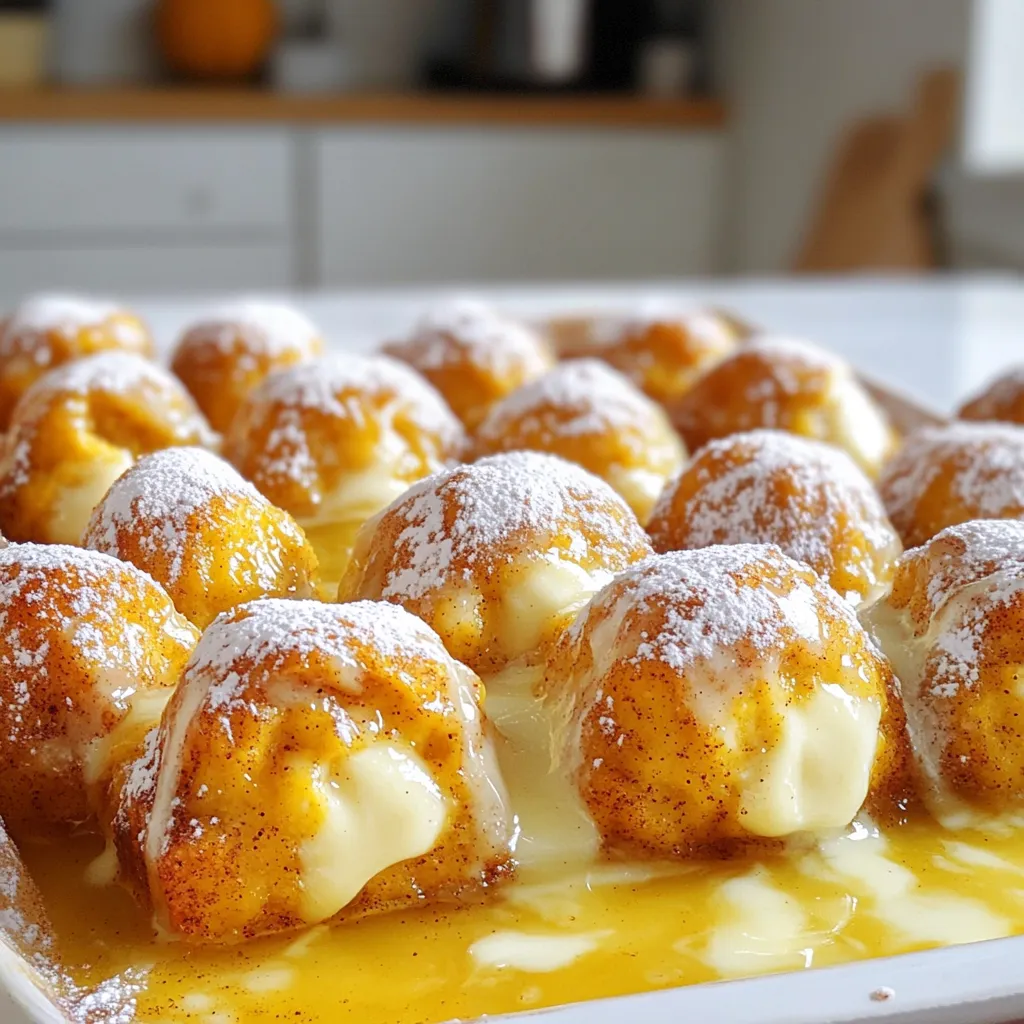 - 2 cans (16 oz each) refrigerated biscuit dough - 1 cup pumpkin puree - 8 oz cream cheese, cut into small cubes - 1 cup brown sugar - 1 teaspoon ground cinnamon - ½ teaspoon ground nutmeg - ½ teaspoon ground ginger - ½ teaspoon vanilla extract - ½ cup unsalted butter, melted - 1 tablespoon maple syrup (optional) - Pinch of salt - Powdered sugar for dusting (optional) Gathering the right ingredients is key to making this pumpkin cream cheese monkey bread. I love using two cans of refrigerated biscuit dough. This saves time and adds fluffiness. The pumpkin puree brings a warm flavor, while the cream cheese adds a rich, creamy center. Brown sugar gives sweetness, and the spices—cinnamon, nutmeg, and ginger—create a cozy autumn scent. Vanilla extract adds depth. Melted butter is a must for coating the dough. If you like, add maple syrup for a sweet touch. A pinch of salt balances the flavors. Dusting with powdered sugar at the end makes it look fancy. I find this mix makes every bite a delightful treat. - Preheat your oven to 350°F (175°C). Grease your bundt pan with cooking spray or butter. - In a medium bowl, mix 1 cup of pumpkin puree, ½ teaspoon of vanilla extract, 1 teaspoon of ground cinnamon, ½ teaspoon of nutmeg, ½ teaspoon of ginger, and a pinch of salt. Stir until well combined. - Open the two cans of refrigerated biscuit dough. Roll each piece into a ball, about the size of a golf ball. - Take each dough ball and flatten it slightly. Place a small cube of cream cheese, about 1 teaspoon, in the center. - Carefully fold the dough around the cream cheese and pinch to seal it tightly. - In a separate bowl, mix 1 cup of brown sugar with the remaining cinnamon. - Dip each stuffed dough ball into ½ cup of melted butter. Then roll it in the brown sugar mixture to coat it well. - Place half of the coated dough balls in the bundt pan. Drizzle half of the pumpkin mixture over them. - Layer the remaining dough balls on top, followed by the rest of the pumpkin mix. - Sprinkle the remaining brown sugar on top of the final layer. Pour any leftover melted butter over it. - Bake in your preheated oven for 30-35 minutes. Check for doneness by inserting a toothpick in the center. It should come out clean. - Let the monkey bread cool for about 10 minutes. Then carefully invert it onto a serving plate. If you like, dust with powdered sugar before serving. - To ensure even baking, preheat your oven to 350°F (175°C) and use a bundt pan. This helps the heat spread evenly. - When stuffing dough balls, flatten each ball slightly. Place the cream cheese in the center and fold the dough around it. Pinch the edges tightly to seal the filling well. - Avoid overstuffing the dough. If you add too much filling, the dough may burst during baking. - Do not forget to seal the dough properly. If it’s not sealed, the cream cheese can leak out while baking. - You can add nuts or chocolate chips to the dough for a delightful crunch. Try walnuts or pecans for a nutty twist. - Experiment with spices like cardamom or allspice to change the flavor profile. A pinch of clove can also add warmth to the taste. {{image_2}} You can have fun with flavors! One great choice is chocolate pumpkin cream cheese monkey bread. Just add chocolate chips to the dough balls or mix cocoa powder into the pumpkin filling. The chocolate and pumpkin work well together, making each bite a delight. Another tasty option is apple cinnamon pumpkin monkey bread. Simply add diced apples to the pumpkin mixture. The sweet apples and warm spices create a cozy flavor that everyone will love. Many people have special diets, so here are some ideas. For gluten-free options, you can use gluten-free biscuit dough. It works well and keeps the taste great. You can find this dough in many stores or make it at home. If you want to make this monkey bread vegan, use a plant-based cream cheese and butter. There are many tasty brands available. This way, everyone can enjoy this treat! You can change this recipe for the seasons. For holidays, add festive spices like allspice or cloves. You can also top it with a glaze made of powdered sugar and eggnog for a holiday twist. In summer, try using fresh berries or citrus zest. These flavors can brighten up the dish. The pumpkin cream cheese monkey bread can be a year-round favorite with these small changes! To keep your pumpkin cream cheese monkey bread fresh, store leftovers in the fridge. Place it in an airtight container to lock in moisture. You can also cover it tightly with plastic wrap. This way, it stays soft and tasty for up to three days. If you want to save it for later, freezing is a great option. Wrap individual pieces in plastic wrap, then place them in a freezer bag. This method keeps the bread from getting freezer burn. It can last in the freezer for about two months. When it’s time to enjoy your leftover monkey bread, reheating is key. You can use the oven or microwave. If using the oven, preheat it to 350°F (175°C). Place the bread on a baking sheet for about 10-15 minutes. This method helps keep the outside crisp while warming the inside. If you’re short on time, the microwave works too. Heat a slice for about 20-30 seconds, but don't overdo it. Microwaving can make it chewy. To refresh the flavors, drizzle a little melted butter on top before reheating. Enjoy your delightful treat warm! Monkey bread is a sweet, pull-apart bread. It is made from small pieces of dough rolled in sugar and cinnamon. The bread is baked in a bundt pan, creating a fun and messy treat. This dish has roots in the United States. It became popular in the 1980s. The name "monkey bread" comes from how you eat it. You pull off pieces with your hands, like a monkey! Yes, you can prepare this recipe ahead of time. To do this, follow the steps until before baking. Cover the bundt pan with plastic wrap and place it in the fridge. You can keep it in the fridge overnight. When you are ready to bake, take it out and let it sit for about 30 minutes. This helps the dough rise again. Then, bake as directed. To change the serving size, adjust the number of biscuit cans. For more servings, use three cans instead of two. For fewer servings, just use one can. If you change the number of dough balls, adjust the baking time too. More dough may need a few extra minutes, while less may bake faster. Always check with a toothpick to see if it’s done. You can serve this monkey bread with many tasty things. Here are some great ideas: - Warm cream cheese glaze - Maple syrup for drizzling - Whipped cream for a sweet touch - Fresh fruit like apples or pears - A scoop of vanilla ice cream for a dessert twist This monkey bread is great on its own, but adding these treats can make it even better! This blog post covers everything you need to make delicious Pumpkin Cream Cheese Monkey Bread. You learned about the essential ingredients, step-by-step instructions, and helpful tips for success. I shared flavor variations and ways to store your leftovers. Remember, this fun dish is versatile, so don’t hesitate to experiment. Whether for a holiday or a cozy weekend, this monkey bread will impress everyone. Enjoy making it and savor every bite. Your kitchen will smell amazing!