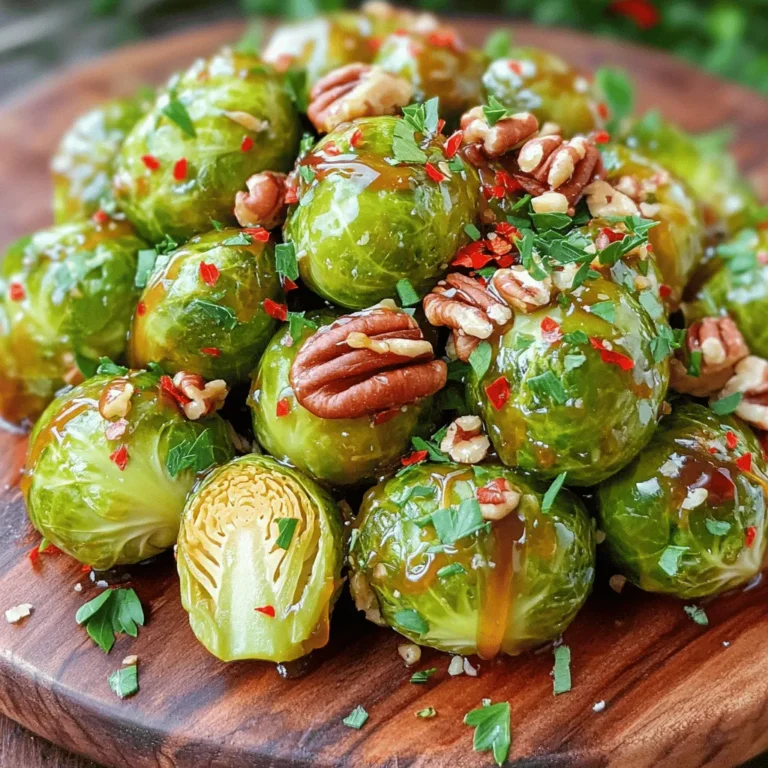 To make this tasty dish, you need these main ingredients: - 1 lb Brussels sprouts, trimmed and halved - 3 tablespoons olive oil - ¼ cup maple syrup - 2 tablespoons balsamic vinegar - ¼ teaspoon salt - ¼ teaspoon black pepper These ingredients work together to create a sweet and savory flavor. The Brussels sprouts become tender, and the maple syrup adds a nice glaze. You can enhance your dish with a few optional ingredients: - ¼ cup pecans, roughly chopped - ¼ teaspoon red pepper flakes (optional) - Fresh parsley, chopped for garnish The pecans add a crunchy texture. The red pepper flakes give a spicy kick if you like heat. If you have special diet needs, here are some substitutions: - Use avocado oil instead of olive oil for a different fat. - Swap maple syrup with agave nectar for a vegan option. - Try apple cider vinegar if you want a fruity twist. These swaps help everyone enjoy this dish, no matter their diet. Start by trimming the Brussels sprouts. Cut off the tough stem ends. Then, slice each sprout in half. This helps them cook evenly and soak up flavors. Rinse them under cold water to remove dirt. Dry them well with a clean towel. Dry sprouts will caramelize better. In a large bowl, add the halved Brussels sprouts. Pour in 3 tablespoons of olive oil. Next, add ¼ cup of maple syrup and 2 tablespoons of balsamic vinegar. Sprinkle in ¼ teaspoon of salt and ¼ teaspoon of black pepper. Toss everything well until the sprouts are fully coated. This mixture adds a sweet and tangy flavor. Preheat your oven to 400°F (200°C). Spread the coated Brussels sprouts on a baking sheet. Make sure they are cut side down. This helps them brown nicely. Roast them for 20 minutes. Halfway through, stir them gently to cook evenly. After 20 minutes, sprinkle ¼ cup of chopped pecans over the Brussels sprouts. If you like a kick, add ¼ teaspoon of red pepper flakes. Return the baking sheet to the oven and roast for another 10-15 minutes. When they are tender and caramelized, take them out. Drizzle with more maple syrup if you want. Toss them gently and transfer to a serving platter. Garnish with chopped parsley for a fresh touch. Serve warm and enjoy! To get that sweet, rich flavor, you need a few key tips. First, always cut the Brussels sprouts in half. This helps them cook evenly and caramelize well. Make sure they are cut side down on the baking sheet. This way, they get a nice sear. Avoid crowding the pan, as this can lead to steaming instead of roasting. If they are too close together, they won’t brown nicely. Preheat your oven to 400°F (200°C). This temperature is perfect for caramelizing. Roast the Brussels sprouts for 20 minutes first. After that, stir them to ensure even cooking. Add the chopped pecans and optional red pepper flakes, then roast for another 10 to 15 minutes. You want the sprouts to be tender and golden brown. Keep an eye on them toward the end to avoid burning. You can change this recipe to fit your taste! Want it sweeter? Add more maple syrup. For a tangy kick, increase the balsamic vinegar. You can also swap pecans for walnuts or almonds. If you like heat, add more red pepper flakes. For a savory twist, sprinkle some crumbled bacon on top before serving. These adjustments can make the dish your own! {{image_2}} You can easily change the flavor of Maple Caramelized Brussels Sprouts. Try adding some garlic or onion for a savory touch. You can also mix in some orange zest for a bright, fresh flavor. If you love heat, add more red pepper flakes. A sprinkle of cheese, like feta or Parmesan, makes a rich addition. You can swap Brussels sprouts with other seasonal veggies. Try using butternut squash or carrots in the fall. In spring, asparagus brings a light taste. For summer, zucchini works well. Just adjust cook times to fit the new veggie. These swaps keep the dish fresh and exciting all year. This dish is easy to make vegan or gluten-free. Use maple syrup and olive oil, which are both vegan and gluten-free. To make it nut-free, skip the pecans or use seeds instead. You can also change the balsamic vinegar to a gluten-free option if needed. With these changes, everyone can enjoy this tasty side. To store leftover Maple Caramelized Brussels Sprouts, place them in an airtight container. Make sure to let them cool first. Store them in the fridge for up to three days. This helps keep their taste fresh and delicious. When you're ready to enjoy the leftovers, reheat them for the best flavor. Preheat your oven to 350°F (175°C). Spread the Brussels sprouts on a baking sheet. Heat for about 10 minutes or until warmed through. This method maintains their caramelized texture. You can also use a microwave, but the oven gives better results. You can freeze Maple Caramelized Brussels Sprouts if you need to store them longer. First, let them cool completely. Then, place them in a freezer-safe bag. Squeeze out as much air as you can. They will stay fresh in the freezer for up to three months. When you’re ready to eat, thaw them overnight in the fridge before reheating. Yes, you can prepare Maple Caramelized Brussels Sprouts ahead of time. Cook them fully, then let them cool. Store them in an airtight container in the fridge for up to two days. When you are ready to serve, reheat them in the oven for about 10 minutes at 350°F (175°C). This keeps them crisp and tasty. Maple Caramelized Brussels Sprouts pair well with many dishes. Try serving them alongside roasted chicken or pork. They also go great with quinoa or rice. For a vegetarian option, serve them with a creamy risotto or a fresh salad. The sweet and savory flavor makes them a perfect side. You’ll know Brussels sprouts are cooked when they are tender. Use a fork to check. If it goes in easily, they are ready. Look for a nice golden-brown color on the outside. This shows they have caramelized well. If they are still hard, give them a few more minutes in the oven. Yes, you can use honey or agave syrup as a substitute for maple syrup. Both options add sweetness. However, honey has a stronger flavor, while agave is milder. If you want a sugar-free option, try using a sugar substitute like stevia. Adjust the amount based on your taste preferences. We explored how to make delicious Maple Caramelized Brussels Sprouts. You learned about main and optional ingredients, along with tips on prepping and roasting. I shared advice on achieving the perfect caramelization and creative recipe twists. We also covered storage tips and common questions. Enjoy trying this recipe to impress your family and friends. Simple steps lead to a tasty dish that makes Brussels sprouts shine. Happy cooking!