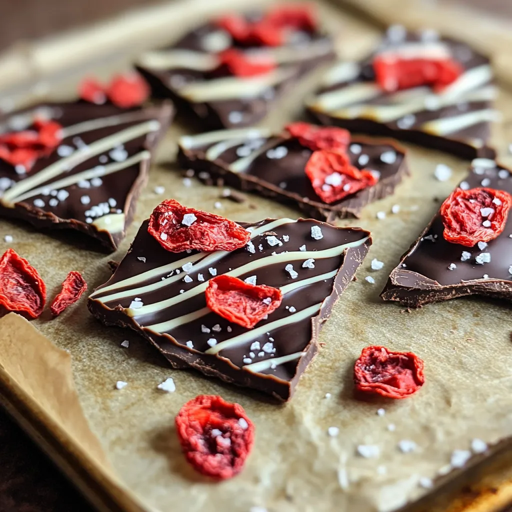 - 2 cups dark chocolate chips - 1 cup white chocolate chips - 1 cup freeze-dried strawberries - Sea salt for sprinkling - 1 teaspoon coconut oil (optional, for smoother melting) For this tasty treat, we need a few simple ingredients. First, gather two cups of dark chocolate chips. These will form the base of our bark. Next, get one cup of white chocolate chips. This will add a nice contrast to the dark chocolate. Don't forget the freeze-dried strawberries! You will need one cup of them. They add a fruity crunch and vibrant color. A sprinkle of sea salt will enhance the flavors. Lastly, if you want smoother melting, grab a teaspoon of coconut oil. This is optional but can make a big difference. With these ingredients ready, you can make a delightful bark that everyone will love. To start, grab a baking sheet. Line it with parchment paper. Make sure some paper hangs over the edges. This extra paper helps you lift the bark out later. Next, take a microwave-safe bowl. Add 2 cups of dark chocolate chips and 1 teaspoon of coconut oil if you want a smooth melt. Heat it in the microwave. Use 30-second bursts, stirring between each. Stop when the chocolate is smooth and melted. Now, pour the melted dark chocolate onto the prepared baking sheet. Use a spatula to spread it evenly. Aim for about 1/4 inch thick. After that, melt 1 cup of white chocolate chips the same way. Drizzle this white chocolate over the dark chocolate. Make a zigzag pattern for a fun look. Time to add some flavor! Evenly sprinkle 1 cup of freeze-dried strawberries over the top. Press them down gently so they stick. Next, lightly sprinkle sea salt over everything. This will bring out the sweetness of the chocolate. Finally, place your baking sheet in the fridge. Chill it for about 30 minutes or until set. Once firm, lift the parchment paper to remove the bark. Break it into fun, irregular pieces. Enjoy your chocolate-covered strawberry bark! To melt chocolate well, use a microwave-safe bowl. Combine dark chocolate chips and coconut oil if you want a smoother texture. Heat in 30-second bursts. Stir after each interval. This keeps the chocolate from burning. Aim for a glossy, smooth finish. If the chocolate is too thick, add a little more coconut oil. For fun designs, drizzle melted white chocolate in zigzag lines over the dark chocolate. Use a spoon for control. You can also swirl the two chocolates together for a marbled look. Add freeze-dried strawberries evenly across the top. This adds a pop of color and flavor. You can even use nuts or sprinkles for extra flair. Sprinkling sea salt on top of your bark makes it taste amazing! The salt balances the sweetness of the chocolate. Use a light hand to sprinkle it over the bark before chilling. This simple step creates a delightful contrast. The salt enhances the chocolate flavors, making every bite special. {{image_2}} You can use various types of chocolate for this bark. Dark chocolate gives a rich taste. Milk chocolate adds sweetness, while white chocolate offers a creamy texture. Each type creates a unique flavor. You can even mix dark and milk chocolate for a balanced taste. Just remember to adjust the melting time based on the chocolate type. Besides freeze-dried strawberries, you have many options. Try nuts like almonds or pecans for crunch. Dried fruits like cranberries or cherries add a chewy bite. Coconut flakes bring a tropical twist. Use sprinkles for color and fun. Get creative with your favorite toppings to make this bark your own! If you need a vegan option, choose dairy-free chocolate. Many brands offer great dark or milk chocolate alternatives. For gluten-free chocolate bark, always check labels to ensure safety. You can also replace coconut oil with a plant-based butter for a smoother texture. These simple swaps keep everyone happy while enjoying this treat! To keep your chocolate covered strawberry bark fresh, store it in an airtight container. This helps to avoid moisture and keeps it crispy. Place parchment paper between layers if you stack the bark. It prevents pieces from sticking together. When stored at room temperature, the bark stays fresh for about one week. Keep it in a cool, dry place away from sunlight. Heat can melt the chocolate and ruin its texture. If you want to extend the shelf life, refrigerate the bark. It can last up to two weeks when chilled. Just remember to keep it in an airtight container to protect it from odors and moisture. Let it sit at room temperature for a few minutes before serving for the best taste. To make Chocolate Covered Strawberry Bark, follow these steps: 1. Line a baking sheet with parchment paper. 2. Melt 2 cups of dark chocolate chips with 1 teaspoon of coconut oil in the microwave. 3. Spread the melted dark chocolate on the baking sheet to form a layer. 4. Melt 1 cup of white chocolate chips the same way. 5. Drizzle the white chocolate over the dark chocolate in a zigzag. 6. Sprinkle 1 cup of freeze-dried strawberries on top. 7. Add a pinch of sea salt. 8. Chill for 30 minutes until firm. 9. Break into pieces and enjoy! You can use fresh strawberries, but they will add moisture. This moisture can make the bark soft. Freeze-dried strawberries give a great crunch and stay crisp. If you want to use fresh, dry them first. Chocolate bark stays fresh for about 1-2 weeks at room temperature. Store it in an airtight container. If you keep it in the fridge, it can last up to 3 weeks. Always check for any signs of spoilage before eating. You can find pre-made Chocolate Covered Strawberry Bark at many stores. Look in specialty candy shops or gourmet grocery stores. Online retailers also offer various options. Just check the ingredients to ensure quality. Yes, you can freeze Chocolate Covered Strawberry Bark. Wrap it well in plastic wrap, then place it in an airtight container. It can last up to 3 months in the freezer. Thaw it in the fridge before enjoying, to keep it crisp. You learned how to make tasty chocolate-covered strawberry bark using dark and white chocolate, strawberries, and sea salt. I provided step-by-step instructions and shared helpful tips to ensure your bark turns out perfect. You can also customize it with different chocolate and toppings. Always store it well to keep it fresh for longer. Enjoy making this fun treat, and don’t hesitate to experiment with new flavors. Your kitchen adventures can lead to amazing delights!