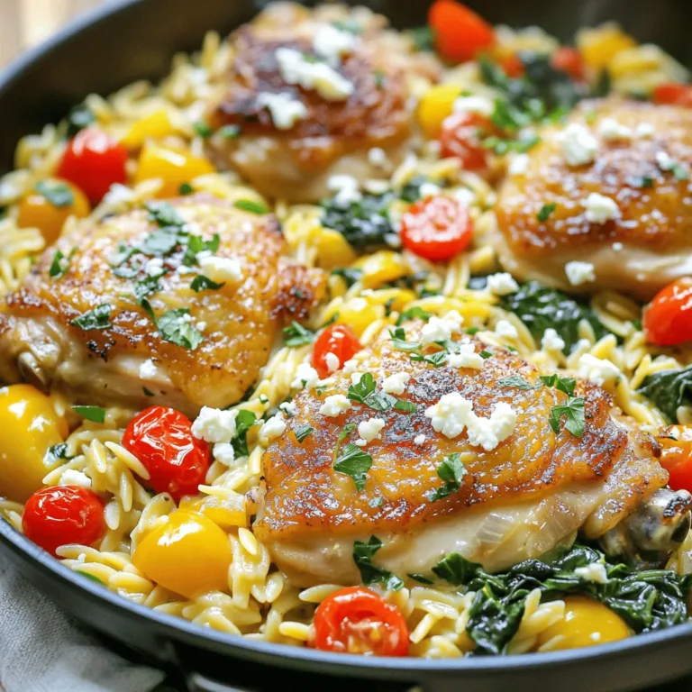 Gathering the right ingredients is key to making One-Pan Greek Lemon Chicken Orzo. Here’s what you need: - 2 tablespoons olive oil - 4 boneless, skinless chicken thighs - Salt and pepper to taste - 1 teaspoon dried oregano - 1 lemon (zested and juiced) - 1 bell pepper (any color), diced - 1 small red onion, diced - 3 cloves garlic, minced - 1 cup uncooked orzo pasta - 3 cups chicken broth - 1 cup cherry tomatoes, halved - 1 cup fresh spinach - 1/4 cup feta cheese, crumbled - Chopped fresh parsley for garnish Each ingredient adds its own flavor and texture. The olive oil gives a rich base, while the chicken thighs stay juicy as they cook. The lemon zest and juice bring brightness to the dish. The bell pepper and red onion add sweetness and crunch, and the garlic enhances the aroma. Orzo pasta absorbs all the broth’s flavor, making it delightful. Cherry tomatoes burst with freshness, and spinach wilts perfectly for added greens. Finally, feta cheese adds creaminess, while parsley garnishes your dish beautifully. Remember, fresh ingredients make the biggest difference. So, take a moment to select the best! 1. Searing the Chicken: Start by heating 2 tablespoons of olive oil in a large skillet over medium-high heat. Season 4 boneless, skinless chicken thighs with salt, pepper, and 1 teaspoon of dried oregano. Once the oil is hot, place the chicken in the pan. Sear for about 5-6 minutes on each side until golden brown. After cooking, remove the chicken and set it aside. 2. Sautéing the Vegetables: In the same skillet, add the diced bell pepper and red onion. Also, add 3 cloves of minced garlic. Sauté for about 3-4 minutes. The veggies should soften while the garlic releases its strong smell. 3. Adding Orzo and Broth: Stir in 1 cup of uncooked orzo pasta. Then, pour in 3 cups of chicken broth. Add the zest and juice of 1 lemon. Mix all the ingredients well until evenly combined. 4. Combining and Cooking the Dish: Place the browned chicken thighs back into the pan. Nestle the chicken among the orzo mixture. Bring the dish to a gentle simmer, then cover the pan. Reduce the heat to low and cook for 15-20 minutes. The orzo should become tender and soak up most of the liquid. 5. Finishing Touches with Spinach and Tomatoes: After cooking, stir in 1 cup of halved cherry tomatoes and 1 cup of fresh spinach. Cook for another 2-3 minutes until the spinach wilts and the tomatoes soften. 6. Serving Suggestions: Before serving, sprinkle with 1/4 cup of crumbled feta cheese and chopped fresh parsley. You can serve the dish straight from the skillet for a rustic look, or plate it in individual bowls. Adding lemon slices and a sprinkle of parsley makes it even more inviting. - How to perfectly sear chicken thighs: Start with a hot skillet. Add olive oil and let it heat. Season chicken thighs with salt, pepper, and oregano. Place them in the pan, skin side down. Cook for 5-6 minutes without moving them. This helps form a nice crust. Flip and cook for another 5-6 minutes until golden brown. - Tips for cooking orzo to achieve the best texture: Use chicken broth instead of water for more flavor. Add the orzo to the skillet when the broth is boiling. Stir it well to avoid sticking. Cover the skillet and lower the heat. Cook until the orzo absorbs the liquid and is tender, about 15-20 minutes. - Adjusting seasonings for flavor enhancement: Taste the dish before serving. If you want more zest, add extra lemon juice or zest. For a kick, a pinch of red pepper flakes works well. Don’t forget to check the salt and pepper levels, too. - Serving directly from the skillet: This gives a rustic look and makes serving easy. Just place the skillet on the table, and let everyone serve themselves. It adds charm and keeps everything warm. - Garnishing options: Brighten your dish with lemon slices on top. Fresh parsley adds a nice green touch. You can also sprinkle extra feta cheese for a richer flavor. These small touches make your meal look as good as it tastes. {{image_2}} You can switch chicken thighs for chicken breasts. Breasts cook faster and stay tender. If you want a lighter touch, this is a great option. Try adding different veggies like zucchini or mushrooms. These add flavor and color. You can use any veggies you love. You can also choose other herbs. Thyme and basil work well in this dish. They bring a fresh taste that brightens each bite. To make this dish gluten-free, use orzo substitutes. Quinoa or rice are excellent choices. They maintain the same texture and taste. For a vegetarian version, remove the chicken. You can add chickpeas instead. They add protein and keep the meal filling. This way, everyone can enjoy this tasty dish! To keep your One-Pan Greek Lemon Chicken Orzo fresh, follow these steps: - Cool First: Allow the dish to cool to room temperature. - Use Airtight Containers: Store leftovers in airtight containers. Glass or plastic works well. - Label and Date: Write the date on the container. This helps track freshness. - Refrigerate: Keep the dish in the fridge. It stays good for about 3-4 days. Reheating your Greek Lemon Chicken Orzo is easy. Here are the best methods: - Microwave: Place a serving in a microwave-safe bowl. Add a splash of broth or water. Cover with a lid or microwave-safe wrap. Heat for 1-2 minutes. Stir and check if it's warm enough. - Stovetop: Heat a skillet over medium heat. Add a bit of broth or water. Stir in the orzo and chicken mixture. Cook for about 5-7 minutes, stirring often until hot. These methods keep your dish tasty and prevent it from drying out. Enjoy your leftovers! Yes, you can make One-Pan Greek Lemon Chicken Orzo ahead of time. It tastes great after some time in the fridge. Just store it in an airtight container. When ready to eat, simply reheat it on the stove or in the microwave. Freezing this dish is a good option. Just allow it to cool completely first. Place it in a freezer-safe container. It can last up to three months in the freezer. When you want to eat it, thaw it overnight in the fridge. Reheat it on the stove or microwave until hot. You can serve a simple green salad on the side. A light Greek salad with cucumbers and olives pairs well. Warm pita bread is also a tasty addition. Some people enjoy it with tzatziki sauce for extra flavor. To check if the chicken is cooked, use a meat thermometer. It should read at least 165°F (75°C) inside the thickest part. If you don’t have a thermometer, cut into the chicken. It should be white and juices should run clear, not pink. This blog post explored how to make One-Pan Greek Lemon Chicken Orzo. We discussed the key ingredients, from juicy chicken thighs to bright bell peppers, plus helpful tips for perfect cooking and presentations. I shared how variations can suit different diets, and the best ways to store and reheat leftovers. Embrace this easy dish for family meals or gatherings. The flavors are fresh, and it’s fun to make. Try customizing with your favorite veggies or herbs. Happy cooking!