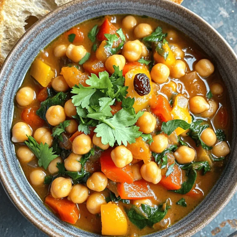 To make Moroccan Chickpea Stew, you need a few key ingredients. Each one adds flavor and nutrition. Here’s what you’ll need: - 2 cans (15 oz each) chickpeas, drained and rinsed - 1 large onion, diced - 3 cloves garlic, minced - 2 medium carrots, diced - 1 bell pepper (red or yellow), diced - 1 can (14 oz) diced tomatoes - 2 cups vegetable broth - 2 tablespoons olive oil - 2 teaspoons ground cumin - 1 teaspoon ground coriander - 1 teaspoon smoked paprika - ½ teaspoon ground cinnamon - 1 teaspoon turmeric - Salt and pepper to taste - 1 cup fresh spinach leaves - ¼ cup fresh cilantro, chopped (for garnish) - ¼ cup raisins (for a sweet twist) This mix of canned chickpeas, fresh vegetables, and spices creates a hearty meal. The chickpeas give protein, and the veggies add color and taste. The spices bring warmth and depth to the stew. Don't skip the fresh spinach and cilantro; they lighten the dish. The raisins add a hint of sweetness, balancing the flavors perfectly. To start, I heat 2 tablespoons of olive oil in a large pot over medium heat. Once hot, I add 1 large diced onion and sauté it for about 5 minutes. The onion should turn soft and translucent. Next, I stir in 3 cloves of minced garlic, 2 medium diced carrots, and 1 diced bell pepper. I cook these veggies for another 5 minutes. I want them to just start softening. Then, I add the spices for flavor. I sprinkle in 2 teaspoons of ground cumin, 1 teaspoon of ground coriander, 1 teaspoon of smoked paprika, ½ teaspoon of ground cinnamon, and 1 teaspoon of turmeric. I stir well and cook for 1 to 2 minutes. This step brings out the wonderful aroma of the spices. Now it's time to build the stew base. I pour in 1 can of diced tomatoes with its juices, 2 cups of vegetable broth, and the drained and rinsed 2 cans of chickpeas. I add salt and pepper to taste. This mix gives the stew its rich and hearty flavor. I bring the mixture to a boil, then reduce the heat to low. I cover the pot and let it simmer for 25 to 30 minutes. This slow cooking allows the flavors to meld. After simmering, I stir in 1 cup of fresh spinach leaves and ¼ cup of raisins. I let the spinach wilt for about 2 to 3 minutes, adding a nice color and texture to the stew. Finally, I taste the stew and adjust the seasoning if needed. Now, it’s ready to serve! To enhance the flavors of Moroccan Chickpea Stew, use fresh spices. Fresh spices give your dish a bold taste. Toast the spices in the pot for a minute before adding other ingredients. This step unlocks their full flavor. For the perfect texture, choose firm chickpeas. If you use canned chickpeas, rinse them well. This removes excess salt and improves the taste. Cook the stew until the veggies are tender but not mushy. Stir gently to keep the chickpeas intact. When serving, use deep bowls. This keeps the stew warm and looks nice. Drizzle a little olive oil on top for shine. Pair the stew with warm crusty bread or fluffy couscous. This adds a wonderful texture and makes each bite special. For garnishing, sprinkle fresh cilantro on top. It adds color and a fresh taste. You can also add a few raisins on top for a sweet touch. This gives a nice contrast to the savory stew. {{image_2}} You can change the beans in this stew. Use lentils instead of chickpeas for a twist. Black beans also work well and add a different flavor. If you like, try adding more vegetables. Sweet potatoes or zucchini can add great taste and texture. You can even mix in some kale for added nutrients. Want more heat? Add cayenne pepper or crushed red pepper flakes. These spices can make your stew spicy and fun. For a touch of sweetness, add dried fruits like apricots or figs. Raisins already add sweetness, but you can swap them out for fresh fruit too. Pineapple or mango can brighten up the dish and add a new layer of flavor. To keep your Moroccan chickpea stew fresh, follow these tips: - Refrigeration: Store leftover stew in an airtight container. It will stay good for about 3-4 days in the fridge. Let it cool before sealing to avoid moisture build-up. - Freezing: If you want to keep it longer, freeze the stew. Use freezer-safe bags or containers. Leave some space for expansion. It can last for up to 3 months in the freezer. When ready to eat, thaw it in the fridge overnight. When it's time to enjoy your stew again, here’s how to reheat it: - Stovetop Method: Pour the stew into a pot. Heat it over medium heat, stirring often. This keeps the flavors intact and warms it evenly. - Microwave Method: Place the stew in a microwave-safe bowl. Cover it with a lid or a damp paper towel. Heat on high for 1-2 minutes, stirring halfway through. Check that it is hot all the way through. By following these steps, you can enjoy your Moroccan chickpea stew while keeping its rich taste and texture! Moroccan Chickpea Stew pairs well with warm crusty bread or fluffy couscous. These sides soak up the rich flavors of the stew. You can also serve it with a fresh salad to add crunch and brightness. Yes, this dish is both vegan and vegetarian. It uses chickpeas, fresh veggies, and spices. There are no animal products, making it a great choice for anyone. Absolutely! For a slow cooker, sauté the veggies first, then add all the ingredients. Cook on low for 6-8 hours or high for 3-4 hours. If using an Instant Pot, cook on high pressure for about 10 minutes. Moroccan Chickpea Stew lasts about 3-5 days in the fridge. Make sure to store it in an airtight container. You can also freeze it for up to three months for longer storage. This blog post covered how to make a delicious Moroccan Chickpea Stew. We explored key ingredients like canned chickpeas, fresh veggies, and spices. I shared clear steps to prepare and cook the stew for maximum flavor. You learned helpful tips for serving and some fun variations to try. Proper storage advice ensures your leftovers stay tasty. In closing, you have everything you need to make this dish a winner. Enjoy cooking, and don't hesitate to get creative!