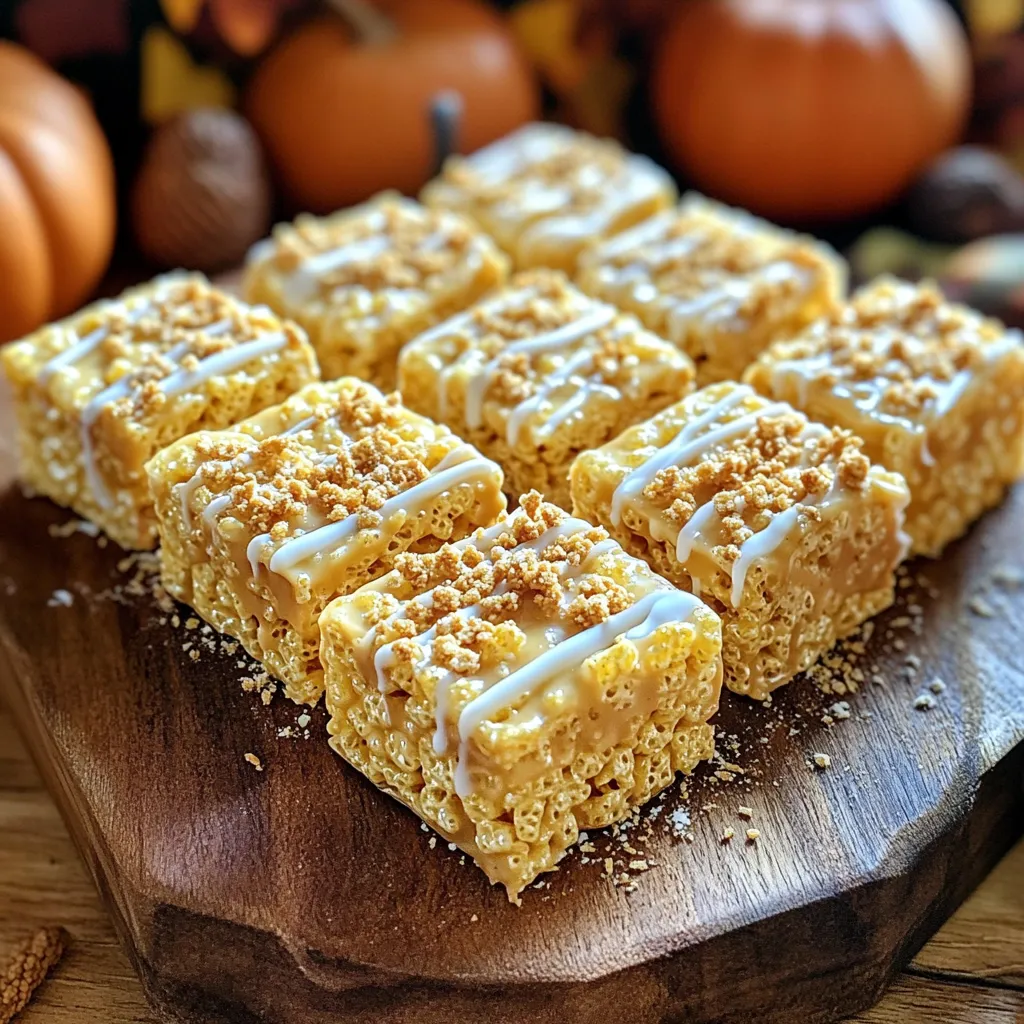 To make Brown Butter Pumpkin Spice Rice Krispie Treats, you need the following ingredients: - 3 tablespoons unsalted butter - 1 package (10 oz) mini marshmallows - 1 teaspoon pumpkin spice blend - 6 cups Rice Krispies cereal - 1/4 teaspoon sea salt These ingredients are key to creating that rich, warm flavor. The unsalted butter adds a creamy base. The mini marshmallows help bind everything together and give that sweet chewiness. The pumpkin spice is what makes these treats perfect for fall. If you want to add a twist, consider these optional ingredients: - 1/3 cup crushed graham crackers - 1/4 cup white chocolate chips (for drizzling on top) Crushed graham crackers add a nice crunch and flavor contrast. Drizzling white chocolate on top gives a sweet finish. Both options make the treats even more special. You can easily adapt this recipe for allergies or preferences: - Use dairy-free butter for a dairy-free option. - Swap mini marshmallows for vegan marshmallows. - Choose gluten-free Rice Krispies if you need a gluten-free treat. These substitutions help everyone enjoy the yummy treats. Cooking should be fun and inclusive! To start, grab a large saucepan. Add 3 tablespoons of unsalted butter. Turn the heat to medium. Stir the butter as it melts. Watch it closely. After about 5 to 7 minutes, the butter will turn golden brown. It should smell nutty. This is the brown butter magic! Be careful not to let it burn. Once your butter is brown, it’s time for the marshmallows. Add one package of mini marshmallows to the pan. Then, sprinkle in 1 teaspoon of pumpkin spice blend. Keep stirring until everything melts together. The mixture should be smooth and creamy. Now, remove the pan from the heat. Add 6 cups of Rice Krispies cereal and 1/4 teaspoon of sea salt. If you want some crunch, add in 1/3 cup of crushed graham crackers. Gently fold the cereal and crackers into the melted mixture. Make sure everything is well coated. Next, transfer the mix to a greased 9x13-inch pan. Press it down evenly. You can use a spatula or your hands. If your hands stick, wet them slightly first. If you like, melt 1/4 cup of white chocolate chips and drizzle it over the top. Let the treats cool for at least 30 minutes before cutting them into squares. To make brown butter, heat unsalted butter in a medium pan. Stir it often. Watch for a golden color and nutty smell. This takes about 5-7 minutes. If it burns, start over. Brown butter adds a rich flavor to your treats. To avoid sticking, grease your pan well. Use a bit of butter or cooking spray. When pressing the mixture down, wet your hands slightly. This helps the mixture not to cling to your fingers. A spatula works too. Press firmly for even treats. For a sweet touch, melt white chocolate chips. Use a microwave-safe bowl and heat in short bursts. Stir until smooth. Drizzle over the cooled treats for a nice finish. This adds creaminess and a fun look to your Rice Krispie treats. Enjoy every bite! {{image_2}} You can change these treats to match your taste. Try adding chopped nuts for crunch. Walnuts or pecans work well. You can also mix in mini chocolate chips for a sweet surprise. If you love fruit, dried cranberries or raisins can brighten the flavors. For a fun twist, use flavored marshmallows. Pumpkin spice or caramel marshmallows can add unique tastes. These treats fit many events. For a fall party, display them on a rustic wooden board. You can also wrap individual squares in clear bags and tie them with twine. This makes a great gift. For Halloween, place them in a spooky bowl with candy corn around them. They are perfect for school events or family gatherings, too. You can adapt these treats for any holiday. For Christmas, add peppermint extract and crushed candy canes. This gives a fresh, minty flavor. For Easter, use pastel-colored marshmallows and top with mini eggs. You can even switch the spice blend for cinnamon or nutmeg. Each season brings a chance for new flavors, keeping your treats exciting. Store your Brown Butter Pumpkin Spice Rice Krispie Treats in an airtight container. This keeps them fresh and chewy. You can stack the squares, but place parchment paper between layers. This prevents sticking and helps maintain their shape. To keep your treats fresh, avoid exposing them to air. Make sure the container is tightly sealed. If you notice them getting hard, place a slice of bread in the container. The bread adds moisture and keeps the treats soft. You can freeze these treats for longer storage. First, cut them into squares and wrap each piece tightly in plastic wrap. Then, place them in a freezer bag. They can last up to three months in the freezer. When you're ready to eat, simply thaw them at room temperature. Enjoy the same great taste! Yes, you can make these treats ahead of time. Once they cool, store them in an airtight container. They stay fresh for up to three days. If you want to make them even earlier, you can freeze them. Just wrap each square in plastic wrap and place them in a freezer bag. Thaw them in the fridge when you're ready to serve. If you can't find Rice Krispies, don't worry! You can use any puffed rice cereal. Alternatives like puffed corn or even gluten-free cereals work well too. You can also try using popcorn for a fun twist. Just keep the texture in mind for the best results. To make your treats more festive, add fun toppings! Sprinkles in fall colors can be great. You can also use mini candy pumpkins or edible glitter for some sparkle. If you're feeling creative, shape them into pumpkins or other fall symbols. A drizzle of colored icing can also add a nice touch. You now know how to make tasty brown butter pumpkin spice Rice Krispie treats. We discussed the key ingredients, step-by-step instructions, and some tips to make them perfect. You also learned about fun variations and how to store your treats for later. Enjoy these treats at any gathering or as a simple snack. Remember, these tasty treats can adapt to your tastes. So, get creative and enjoy making them!