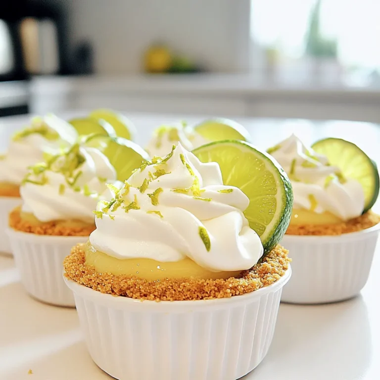 To make No Bake Key Lime Pie Cups, you will need: - 1 cup graham cracker crumbs - 4 tablespoons unsalted butter, melted - 1 can (14 oz) sweetened condensed milk - 1/2 cup sour cream - 1/2 cup fresh key lime juice (or regular lime juice) - Zest of 2 key limes - 1 teaspoon vanilla extract - Whipped cream, for topping - Lime slices and key lime zest, for garnish You can easily swap some ingredients if needed. For example, if you can't find key limes, regular limes work well too. The flavor will change slightly, but it will still taste great. You can use any brand of sweetened condensed milk. If you want a lighter option, try using Greek yogurt instead of sour cream. It adds a nice tang while cutting calories. When picking key limes, look for ones that feel heavy for their size. They should be firm but give slightly when you press them. This means they’re juicy! The skin should be smooth and shiny. If you can, smell them; fresh limes have a bright, citrusy scent. Buy them in bulk if you can. You’ll want to zest a couple for that extra flavor in your pie cups. First, gather your ingredients for the crust. You will need graham cracker crumbs and melted butter. In a mixing bowl, combine 1 cup of graham cracker crumbs with 4 tablespoons of melted unsalted butter. Mix them well until they look like wet sand. This gives the crust its shape and flavor. Take a heaping tablespoon of this mixture and spoon it into the bottom of each cup. You can use about 6 to 8 cups for this recipe. Press down gently to make a nice layer for the crust. Next, let’s make the filling. In another bowl, whisk together one can of sweetened condensed milk, 1/2 cup of sour cream, 1/2 cup of fresh key lime juice, and the zest of 2 key limes. Don’t forget to add 1 teaspoon of vanilla extract. Whisk until the mixture is smooth and creamy. This filling brings a cool and tangy flavor to your cups. Now it’s time to put it all together. Pour the creamy lime mixture into each cup, filling them to the top over the crust. Once filled, cover the cups with plastic wrap. Place them in the fridge for at least 4 hours to set. This step helps the flavors blend and the texture to firm up. After they set, take them out of the fridge. Top each cup with a generous dollop of whipped cream. For a pop of color, garnish with lime slices and more zest. Enjoy your refreshing treat! To get that smooth and creamy texture, whisk the filling well. Mix the sweetened condensed milk, sour cream, key lime juice, lime zest, and vanilla until it is fully blended. This step is key. If you see lumps, your cups won't be as nice. Make sure all the ingredients are at room temperature before you start. This helps them mix better and gives you a richer filling. Refrigeration time is very important for these No Bake Key Lime Pie Cups. You need to chill them for at least four hours. This time allows the filling to set properly. If you skip this step, the cups will be too runny. The longer you chill, the firmer they get. If you can, let them sit overnight. They will be even better the next day! For a beautiful presentation, serve the cups on a colorful platter. Add fresh lime slices and mint leaves around them. This adds a pop of color. Top each cup with a generous dollop of whipped cream. You can also sprinkle extra key lime zest on top. This not only looks great but also enhances the flavor. Enjoy the smiles on your guests' faces when they see your treat! {{image_2}} You can change up the key lime flavor in fun ways. Try using lemon or orange juice for a twist. You can also add a touch of coconut milk for a tropical flair. Mix in fresh berries like raspberries or blueberries for extra color and taste. These small swaps keep the recipe fresh and exciting. While graham crackers shine, other crusts work well too. Use crushed cookies like Oreos for a chocolate twist. You can also make a nut-based crust with almonds or pecans if you want something gluten-free. Try a shortbread crust for a richer taste. Each type adds its own unique flavor and texture. You can easily make these cups fit special diets. For a dairy-free version, use coconut cream instead of sour cream. Opt for a dairy-free sweetened condensed milk to keep it creamy. If you need it vegan, use a plant-based butter and follow the same steps. These simple changes let everyone enjoy this treat. To store your key lime pie cups, cover them tightly with plastic wrap. This keeps them fresh and prevents odors from other foods. You can also use airtight containers if you have them. Just make sure they are sealed well. These key lime pie cups can last in the fridge for up to five days. After that, the crust may get soft, and the filling might lose its zest. To enjoy them at their best, eat them within this time frame. If you want to freeze your key lime pie cups, I recommend leaving off the whipped cream. You can freeze them for up to two months. Just wrap each cup in plastic wrap and then place them in a freezer bag. When ready to eat, let them thaw in the fridge overnight. Add the whipped cream just before serving for the best taste and texture. Yes, you can use regular limes. The taste will change a bit. Key limes are sweeter and have a unique flavor. If you use regular limes, your cups will still be tasty. Just squeeze the lime juice and zest them. This will keep the fresh lime flavor. The pie cups need at least 4 hours to set. This time helps the filling firm up. If you can, let them chill overnight. The longer they sit, the better they taste. You want that creamy texture to shine. Yes, you can make the crust ahead of time. Mix the graham cracker crumbs and butter, then store it in the fridge. It will stay fresh for a few days. When you are ready, press it into the cups. This makes your prep easier! This blog post shared key insights on making delicious key lime cups. We covered essential ingredients and how to choose the freshest key limes. You learned step-by-step instructions for the crust and filling. Tips for the best texture and presentation will elevate your cups. Variations allow you to customize based on your taste. Finally, proper storage techniques ensure your treats stay fresh. Enjoy your baking journey and create sweet moments with your key lime cups!