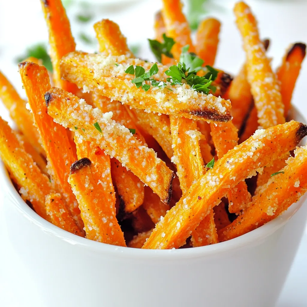 - 4 large carrots, cut into fry-shaped pieces - 2 tablespoons olive oil - 3 cloves garlic, minced - 1 teaspoon smoked paprika - 1/2 teaspoon salt - 1/4 teaspoon black pepper - 1/4 cup grated parmesan cheese - 1 tablespoon chopped fresh parsley (for garnish) I love using fresh, bright carrots for this recipe. They add a nice sweetness. The olive oil helps the fries crisp up nicely in the air fryer. Minced garlic gives a bold flavor that pairs well with the carrots. Smoked paprika adds a subtle smokiness, while salt and pepper enhance the taste. Lastly, we can't forget the parmesan cheese, which adds richness. Fresh parsley serves as a colorful garnish and adds freshness. - Air Fryer - Mixing Bowl - Knife and Cutting Board - Tongs An air fryer is key for this recipe. It cooks the fries quickly and makes them crispy. You’ll need a mixing bowl to toss the carrot fries with the oil and seasonings. A sharp knife and cutting board are essential for cutting the carrots into fry shapes. Tongs help you flip and serve the fries easily. These simple tools make cooking fun and easy! First, cut the large carrots into fry-shaped pieces. Aim for uniform sizes so they cook evenly. In a large mixing bowl, add the carrot pieces. Then, pour in 2 tablespoons of olive oil. Next, add 3 cloves of minced garlic, 1 teaspoon of smoked paprika, 1/2 teaspoon of salt, and 1/4 teaspoon of black pepper. Toss the carrots well until they are completely coated with the oil and seasonings. Finally, sprinkle 1/4 cup of grated parmesan cheese over the mixture and toss again. This ensures every fry gets that delicious cheesy flavor. Now, preheat your air fryer to 400°F (200°C). This will take about 5 minutes. Once it's ready, lay the seasoned carrot fries in a single layer in the air fryer basket. Make sure not to overcrowd the basket. This helps the air circulate and makes the fries crispy. Cook the carrot fries for 15 to 18 minutes. Halfway through, shake the basket to ensure even cooking. Keep an eye on them as they cook. You want them to be golden brown and tender inside. When they reach your desired crispiness, they’re ready to serve! To get those perfect crispy carrot fries, you need to coat them in oil. Use two tablespoons of olive oil to help them crisp up nicely. Make sure each fry is covered well. This helps with both flavor and texture. Also, avoid overcrowding the basket. If you put too many fries in at once, they will steam instead of fry. Give them room to breathe! Garlic is key for flavor, so feel free to adjust the amount. If you love garlic, add more than three cloves. You can also try different spices. For a kick, add cayenne pepper or chili powder. Italian herbs like oregano or basil can also bring a nice twist. Experiment and find what you love most! These carrot fries are great with dips. Try serving them with ranch dressing or garlic aioli. They also work well as a side dish for grilled chicken or fish. Enjoy them as a snack anytime, too! They are healthy and tasty, making them a perfect addition to any meal. {{image_2}} You can change the flavor of your carrot fries easily. Try adding Italian herbs like oregano or basil for a fresh taste. These herbs pair well with garlic and cheese. For a spicy kick, add cayenne pepper. This will make your fries warm and exciting. Adjust the amount based on your taste. A little goes a long way! To make your carrot fries lighter, switch oils. You can use avocado oil or coconut oil instead of olive oil. These oils offer different flavors and health benefits. You can also try low-fat cheese options. This way, you still get that cheesy flavor without the extra fat. Nutritional yeast is another great choice if you want a cheesy taste without dairy. If you prefer baking, you can still enjoy these carrot fries. Preheat your oven to 425°F (220°C). Spread the seasoned carrot fries on a baking sheet. Make sure they are in a single layer. Bake for about 20-25 minutes, flipping halfway through. This method gives a nice crisp, but it may take a bit longer. Keep an eye on them to avoid burning. Store your leftover carrot fries in an airtight container. They stay fresh for about three days. Make sure they cool completely before sealing. This keeps them from getting soggy. Place a paper towel in the container to absorb extra moisture. This helps maintain crispiness. To reheat carrot fries, use the air fryer again. Set it to 350°F (175°C). Heat for about five to seven minutes. This will help regain their crunch. You can also use an oven. Preheat to 350°F (175°C) and bake for about ten minutes. Avoid using a microwave, as it makes them soft. You can freeze pre-cooked carrot fries for later use. Let them cool completely, then spread them on a baking sheet. Freeze them for one to two hours until solid. After that, place them in a freezer-safe bag. They last up to three months in the freezer. When ready to eat, air fry straight from frozen for a quick snack. Yes, you can use frozen carrots. However, fresh carrots yield the best flavor and texture. Frozen carrots may be softer and need extra cooking time. If using frozen, thaw and drain them first to avoid excess moisture. Cook the carrot fries for 15-18 minutes at 400°F (200°C). Shake the basket halfway for even cooking. Check their crispiness at 15 minutes. If they are not golden brown, cook for a few more minutes. You can substitute nutritional yeast for a vegan option. It adds a cheesy flavor without dairy. For a different taste, try goat cheese or feta. Both will change the dish but still taste great. Yes, air-fried carrot fries are healthier. They use less oil than deep-fried fries. Air frying keeps calories lower while still giving a crispy texture. Carrots also provide vitamins and fiber, making them a nutritious choice. In this post, I covered how to make delicious air-fried carrot fries. You learned the main ingredients, tools needed, and step-by-step instructions. I shared tips for perfect texture and flavor. You also discovered variations and storage options for leftovers. Remember, air-fried carrot fries can be a fun and healthy snack. Adjust seasonings to your taste and enjoy them with your favorite dip. Now, it’s time to try this quick recipe in your kitchen!
