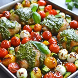 - 4 boneless, skinless chicken thighs - 1 cup basil pesto (store-bought or homemade) - 2 cups cherry tomatoes, halved - 8 ounces fresh mozzarella balls, drained - 1 zucchini, sliced into half-moons - 1 red bell pepper, diced - 2 tablespoons olive oil - Salt and pepper, to taste - Fresh basil leaves, for garnish - Balsamic glaze, for drizzling (optional) When I cook sheet-pan pesto chicken caprese, I love to gather my fresh ingredients first. The chicken thighs are great because they stay moist during cooking. A cup of basil pesto adds rich flavor. I prefer using homemade pesto, but store-bought works too. Cherry tomatoes give a nice pop of color and sweetness. I slice zucchini into half-moons. This makes them easy to eat and looks nice on the plate. The red bell pepper adds crunch and a sweet taste. I drizzle everything with olive oil, salt, and pepper to enhance the flavors. For a creamy touch, I add fresh mozzarella balls. They melt in the oven, making the dish even tastier. Finally, I use fresh basil leaves as a garnish. A drizzle of balsamic glaze ties it all together, but it's optional. Each ingredient shines, making this meal easy, tasty, and fun to make! First, I preheat the oven to 400°F (200°C). This heat is perfect for roasting. Next, I line a large sheet pan with parchment paper. This helps with easy cleanup later. In a mixing bowl, I take 4 boneless, skinless chicken thighs. I add ¾ cup of basil pesto to the bowl. I mix well to coat the chicken evenly. I let it marinate for at least 15 minutes. If you have time, marinating for up to 2 hours in the fridge gives better flavor. On the prepared sheet pan, I place the marinated chicken thighs in the center. I then surround the chicken with 2 cups of halved cherry tomatoes, 1 sliced zucchini, and 1 diced red bell pepper. I drizzle everything with 2 tablespoons of olive oil and sprinkle with salt and pepper. I roast the pan in the preheated oven for about 25 minutes. I check the chicken's internal temperature; it should reach 165°F. The vegetables should be tender. In the last 5 minutes, I add 8 ounces of fresh mozzarella balls to the pan. This helps them warm and melt slightly. After roasting, I carefully remove the pan from the oven. I let it cool for a few minutes. If desired, I drizzle balsamic glaze over the dish. Finally, I sprinkle fresh basil leaves for a lovely garnish. For juicy chicken thighs, start with good quality meat. I prefer bone-in thighs for more flavor, but boneless works too. Marinating is key! Coat the chicken in pesto and let it sit for at least 15 minutes. If you have time, marinate for up to 2 hours in the fridge. This step adds great flavor. When cooking, ensure your oven is hot enough. Roast until the chicken reaches 165°F. This keeps it tender and moist. You can use store-bought basil pesto, which is convenient. However, homemade pesto tastes fresher. To make it, blend fresh basil, garlic, nuts, cheese, and olive oil. Adjust the ingredients to your liking. If you’re short on time, grab a jar from the store. Just make sure to check for quality. Some store brands pack a lot of flavor, while others may not. Feel free to swap vegetables based on your taste. Cherry tomatoes and zucchini work well, but you can try bell peppers, asparagus, or even broccoli. Avoid watery veggies like cucumbers since they can make the dish soggy. If you want more color, add yellow squash or carrots. Roasting gives them a nice char, which enhances flavor. {{image_2}} You can switch the chicken thighs for other meats. Try chicken breasts for a leaner choice. Turkey thighs also work well and keep the dish juicy. If you prefer seafood, salmon or shrimp can add a tasty twist. For a vegetarian option, use firm tofu or chickpeas. Both absorb flavors well and add protein. Adding new herbs or spices can change the taste. Consider using oregano, thyme, or even rosemary. Each herb gives a unique flavor. You can also mix in some crushed red pepper for heat. If you want to try different sauces, swap the pesto for garlic butter or a zesty chimichurri. This keeps meals exciting and fresh. Pair this dish with simple sides. A fresh green salad with lemon dressing complements it well. Garlic bread is another great choice, adding a crunchy texture. Roasted veggies or a grain like quinoa also work nicely. These options balance the meal and add more colors to your plate. To store leftovers, let the dish cool first. Place the chicken and veggies in an airtight container. This helps keep the flavors fresh. You can store it in the fridge for up to four days. When you're ready to eat, just grab it from the fridge! You can freeze this dish too! Let it cool completely before packing it. Use a freezer-safe container or a heavy-duty freezer bag. Make sure to remove as much air as possible. This meal freezes well for up to three months. When you want to eat it, thaw it overnight in the fridge. To reheat, the best method is the oven. Preheat your oven to 350°F (175°C). Place the dish in a baking pan and cover it with foil. This keeps the chicken moist and the veggies tender. Heat for about 20 minutes or until warm. You want to keep that great texture! Yes, you can make this recipe ahead of time. You can marinate the chicken thighs in pesto. Store the marinated chicken in the fridge for up to 2 hours. This allows the flavors to soak in. You can also chop the vegetables ahead of time. Keep them in a sealed container in the fridge. When ready to cook, just assemble everything on the sheet pan and roast it. If you need a mozzarella substitute, try dairy-free cheese. Look for brands that melt well. You can also use feta cheese for a tangy flavor. Goat cheese is another tasty option. Each will change the taste a bit, but they still work great in this dish. If you decide to use chicken breasts, adjust the cooking time slightly. Chicken breasts are usually larger and can take longer to cook. Roast them for about 30 to 35 minutes. Make sure they reach an internal temperature of 165°F. This ensures they are safe to eat and juicy. This recipe uses simple, tasty ingredients, like chicken thighs and fresh veggies. We talked about marinating chicken with basil pesto and roasting everything together on a sheet pan. You learned tips for keeping the chicken juicy and ideas for flavor swaps. Plus, we covered how to store leftovers for later. I hope you feel ready to try out this dish. Cooking can be fun and easy! Enjoy your delicious meal.