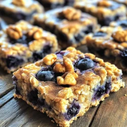 - 2 cups rolled oats - 1 cup whole wheat flour - 1/2 cup brown sugar, packed - 1/4 cup honey or maple syrup - 1/2 cup unsweetened applesauce - 1 teaspoon vanilla extract - 1/2 teaspoon baking soda - 1/2 teaspoon salt - 1 teaspoon ground cinnamon - 1 cup fresh or frozen blueberries - 1/4 cup chopped walnuts or almonds (optional) You can swap whole wheat flour for almond flour. This change gives a nutty taste. For sweetness, use agave syrup instead of honey or maple syrup. Applesauce can also be replaced with mashed bananas for a different flavor. If you’re nut-free, skip the walnuts or almonds. Instead, add seeds like sunflower seeds for crunch. Each bar has around 150 calories. It contains about 3 grams of protein and 5 grams of fat. You also get 25 grams of carbs and 2 grams of fiber. With blueberries, these bars are rich in antioxidants too. They offer a healthy start to your day! Start by preheating your oven to 350°F (175°C). Grease a 9x9-inch baking dish. You can also line it with parchment paper. This makes it easy to lift out the bars later. In a large bowl, mix 2 cups of rolled oats, 1 cup of whole wheat flour, and 1/2 cup of brown sugar. Add 1/2 teaspoon of baking soda, 1/2 teaspoon of salt, and 1 teaspoon of ground cinnamon. Stir well to combine all the dry ingredients. This step is key for even flavor. In a separate bowl, whisk together 1/4 cup of honey or maple syrup, 1/2 cup of unsweetened applesauce, and 1 teaspoon of vanilla extract. Mix until everything is well blended. This blend adds sweetness and moisture to your bars. Pour the wet mixture into the dry ingredients. Stir until it is fully combined. The mixture will be thick. Next, gently fold in 1 cup of blueberries and 1/4 cup of chopped walnuts or almonds if you want. This adds a delightful crunch and fruity flavor. Spoon the mixture into the prepared baking dish. Spread it evenly and press down firmly. Bake for 25-30 minutes. Check for doneness by looking for golden edges and a set center. Let it cool for 10 minutes before transferring it to a wire rack. This cooling step helps the bars firm up. After they cool, slice them into squares or rectangles and enjoy! Mixing is key for great blueberry oatmeal breakfast bars. Start with dry ingredients. Combine rolled oats, whole wheat flour, brown sugar, baking soda, salt, and cinnamon in a large bowl. Use a whisk to mix them well. This helps the flavors blend better. When you add wet ingredients, it should be smooth and easy to mix. Texture matters for these bars. For a chewy bite, do not overmix. When you fold in the blueberries, do it gently. You want them to stay whole and not break apart. Press the mixture firmly into the baking dish. This helps the bars hold their shape while baking. Bake until golden brown around the edges for the best result. These bars are great on their own. But, you can make them even better! Try serving them with a dollop of yogurt or a drizzle of honey. They pair well with fresh fruit, like sliced bananas or strawberries. For a crunchy twist, add a sprinkle of nuts on top. Enjoy them as a snack or breakfast on the go! {{image_2}} You can change the flavor of these bars easily. Swap blueberries for other fruits. Use strawberries, raspberries, or bananas. Each fruit brings a new taste. Experiment with dried fruits too. Try cranberries or apricots for a different twist. You can also mix fruits for a fun flavor punch! Making these bars vegan is simple. Replace honey with maple syrup. Use oat flour instead of whole wheat flour for gluten-free bars. Just make sure your oats are certified gluten-free. This way, everyone can enjoy them. You won’t lose flavor or texture by making these swaps. Add-ins can make these bars even better! Try mixing in seeds like chia or flax. They boost nutrition and add crunch. If you love chocolate, you can add chocolate chips. Consider adding spices like nutmeg for warmth. Each choice makes your bars unique and tasty! To keep your blueberry oatmeal breakfast bars fresh, store them in an airtight container. Place parchment paper between layers to prevent sticking. Keep the container in a cool, dry place. These bars stay tasty for up to five days at room temperature. If you want to save some bars for later, freezing works great. First, wrap each bar in plastic wrap. Then, place the wrapped bars in a freezer-safe bag or container. They can last in the freezer for up to three months. When you are ready to eat one, just thaw it overnight in the fridge. To enjoy the best flavor, eat the bars within five days. They may still be safe after that, but freshness may drop. If you notice any changes in smell or texture, it’s best to discard them. Always check for signs of spoilage, especially if they’ve been stored for a while. Yes, you can use quick oats. Quick oats will make the bars softer. They absorb liquid faster, so the texture changes a bit. If using quick oats, check the baking time. You may need to bake them for a shorter time. To make the bars healthier, try these tips: - Use less brown sugar or replace it with a natural sweetener. - Add more fruit, like mashed bananas or chopped apples. - Swap half of the flour for almond flour or oat flour. - Include seeds, like chia or flaxseed, for extra fiber. These changes will boost nutrition and keep the bars tasty. The best way to reheat the bars is in the oven. Preheat the oven to 350°F (175°C). Place the bars on a baking sheet. Heat for about 10 minutes. This keeps them warm and soft. You can also use a microwave. Heat a bar on a plate for 20-30 seconds. Enjoy your warm, delicious bars! This blog post covered the key ingredients and their substitutions. I shared steps for mixing and baking. You learned tips for texture and serving ideas. I also offered variations to customize your bars. Lastly, I explained how to store leftovers for freshness. In conclusion, these baking guidelines make creating delicious bars easy. With simple swaps and smart storage, you can enjoy them longer. Now, it's your turn to bake and delight in every bite!
