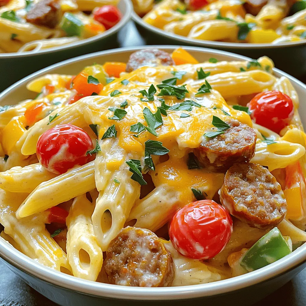 To make One-Pot Creamy Cajun Sausage Pasta, you need some key ingredients. Here’s a helpful list: - 12 oz smoked sausage (andouille or turkey sausage works well) - 2 tablespoons olive oil - 1 medium onion, diced - 1 bell pepper (red or green), diced - 3 cloves garlic, minced - 1 cup cherry tomatoes, halved - 1 teaspoon Cajun seasoning - 1/2 teaspoon smoked paprika - 4 cups chicken broth - 12 oz penne pasta - 1 cup heavy cream - 1 cup shredded cheddar cheese - Fresh parsley, chopped (for garnish) - Salt and pepper to taste Each ingredient plays a role in building flavor. The smoked sausage gives a rich taste. The Cajun seasoning adds spice, while the heavy cream makes the dish creamy. Fresh parsley adds a burst of color and a hint of freshness. Use high-quality ingredients for the best outcome. Start by heating 2 tablespoons of olive oil in a large pot over medium heat. Once hot, add in 12 ounces of sliced smoked sausage. I prefer andouille or turkey sausage for great flavor. Cook the sausage until it turns brown, about 5 to 7 minutes. Remove the sausage from the pot and set it aside. Next, use the same pot for the veggies. Add 1 medium diced onion, 1 diced bell pepper, and 3 minced garlic cloves. Sauté these for about 3 to 4 minutes. You want the onion to become translucent and fragrant. Now, it’s time to add some flavor. Stir in 1 cup of halved cherry tomatoes, 1 teaspoon of Cajun seasoning, and 1/2 teaspoon of smoked paprika. Cook this mix for another 2 minutes until the tomatoes start to soften. Pour in 4 cups of chicken broth and bring the mixture to a boil. Add in 12 ounces of penne pasta, stirring well. Cover the pot and reduce the heat to a simmer. Cook for about 12 to 15 minutes, stirring occasionally. This helps the pasta cook to al dente perfection. Once the pasta is ready, lower the heat. Stir in 1 cup of heavy cream and 1 cup of shredded cheddar cheese. Mix until the cheese melts and the sauce becomes creamy. Add the browned sausage back into the pot. Mix everything well and season with salt and pepper to taste. Let it cook for another 2 to 3 minutes, then remove it from the heat. Serve the creamy pasta in shallow bowls. Garnish with freshly chopped parsley and a sprinkle of cheese for a beautiful touch. Enjoy your flavorful delight! To keep your sauce creamy, avoid high heat when adding cream. High heat can make the cream curdle. Stir in the cream slowly after reducing the heat. This helps keep it smooth. For the best melt, use sharp cheddar cheese. It adds great flavor and creaminess. Other good choices include Monterey Jack or Gouda. Both melt well and enhance the dish. Cajun seasoning can be strong. Start with one teaspoon and taste. If you want more heat, add a bit more. You can also try adding red pepper flakes or cayenne for an extra kick. These spices boost heat without changing the dish too much. To cut down on washing dishes, use one pot for everything. Cook the sausage first, then use the same pot for the veggies and pasta. This keeps the flavors together. Time is key, so add each ingredient in the right order. Start with the sausage, then the veggies, and finish with pasta and sauce. This helps everything cook evenly and saves you time. {{image_2}} You can switch out the smoked sausage for other proteins. Chicken works great in this dish. Simply use diced chicken breast and cook it until golden. If you prefer seafood, shrimp is also a tasty option. Just add the shrimp a few minutes before the pasta is done. For a vegetarian twist, use plant-based sausage or chickpeas. These options keep the dish hearty without meat. While this recipe calls for penne, you can use other pasta shapes. Bowtie, fusilli, or rotini can work well too. Keep in mind that different pasta types may need different cooking times. Always check the package for the right cooking time. You want the pasta to be tender, but not mushy. To elevate the taste, consider adding fresh herbs like thyme or basil. These herbs give a fresh aroma and flavor. You can also play with spices. Adding a pinch of cayenne can increase the heat. Another tip is to use fire-roasted tomatoes instead of regular ones. They add a smoky flavor that pairs well with Cajun seasoning. To store leftovers, let the pasta cool first. Place it in a container with a tight lid. I recommend glass or BPA-free plastic containers. They keep the dish fresh. Make sure to eat leftovers within three to four days. Always check for any signs of spoilage before eating. You can freeze this dish if you want to keep it longer. Place the cooled pasta in a freezer-safe container. It will stay good for about three months. For best taste, avoid freezing the dish with dairy added. When ready to eat, thaw it overnight in the fridge. Reheat it in a pot over low heat. Add a splash of water or broth to loosen it up. In the fridge, expect the creamy Cajun sausage pasta to last for three to four days. The signs of spoilage include a sour smell and any mold. If you see any, toss it out. Keeping track of storage time helps prevent food waste. Yes, you can! This one-pot creamy Cajun sausage pasta is great for meal prep. Cook it and let it cool. Store it in airtight containers in the fridge for up to three days. When ready to eat, reheat it in a pot over low heat. Add a splash of chicken broth if it seems too thick. Stir often until it's warm. If you want a lighter option, consider using half-and-half or whole milk. For dairy-free options, try coconut milk or cashew cream. Both will add creaminess and flavor. You may need to adjust seasoning to balance the taste. To add more heat, increase the Cajun seasoning. You can also add red pepper flakes or hot sauce. For a fresh kick, chop some fresh jalapeños and stir them in. Taste as you go to find the right spice level for you! This recipe covers every step to make a tasty pasta dish with smoked sausage. You learned about the key ingredients and how to prepare them. I shared tips for creaminess, adjusting spice, and making it a quick one-pot meal. Plus, I explained variations and storage methods. Experiment with herbs or swap proteins to make it your own. Enjoy cooking and tasting the great flavors!