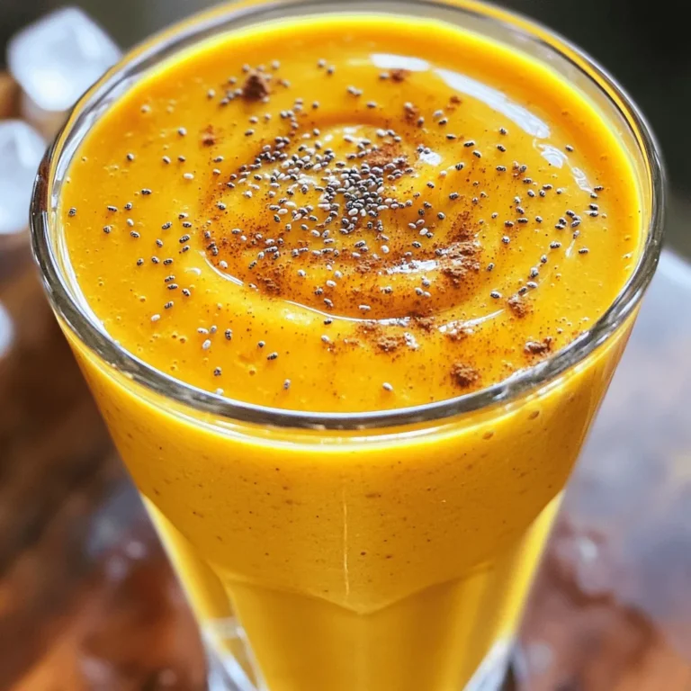 - 1 cup pumpkin puree - 1 ripe banana - 1 cup unsweetened almond milk - 1 scoop vanilla protein powder - 1 teaspoon pumpkin spice blend - 1 tablespoon maple syrup (optional) - 1 tablespoon chia seeds (optional) - Ice cubes To make the perfect pumpkin spice protein smoothie, you need simple ingredients. First, you will need pumpkin puree. This can be fresh or canned. Next, grab a ripe banana. It adds natural sweetness and creaminess. For the liquid base, unsweetened almond milk works great. You can also use any milk you prefer. You will also need a scoop of vanilla protein powder. This boosts the smoothie’s protein content. A teaspoon of pumpkin spice blend gives that classic fall flavor. If you like it sweet, add a tablespoon of maple syrup. For extra health benefits, consider adding a tablespoon of chia seeds. Finally, don’t forget the ice cubes! They help make your smoothie nice and chilled. Once you have all these ingredients, you can make your delicious drink in just a few minutes. - Gather all ingredients. You will need pumpkin puree, banana, almond milk, protein powder, and pumpkin spice. Optional items include maple syrup and chia seeds. - In a blender, add pumpkin puree, ripe banana, and almond milk. This mix creates a creamy base. - Add one scoop of protein powder and the pumpkin spice blend. This step packs in flavor and nutrition. - Incorporate optional ingredients like maple syrup and chia seeds. These add sweetness and extra nutrition. - Blend until smooth. Make sure to stop and scrape down the sides if needed. - Pour the smoothie into a glass or bowl. - For extra flair, top it with a sprinkle of cinnamon or some chia seeds. You can also add granola for texture. Adjust the amount of ice to change the thickness. More ice makes it thick and frosty. Less ice gives it a lighter feel. For a creamier texture, use a frozen banana. Frozen bananas blend well and add a nice sweetness. You can experiment with sweeteners like honey or agave. These add different levels of sweetness. If you want a twist, modify the spice blend. Try adding more cinnamon or a dash of ginger for a unique flavor. Add spinach or kale for extra nutrients. These greens blend easily and boost vitamins. Consider adding nut butter for healthy fats. It adds creaminess and richness to your smoothie. {{image_2}} For a dairy-free pumpkin spice protein smoothie, almond milk works great. But you can swap it with other nut milks like cashew or coconut milk. These options give a different taste and can add creaminess. If you want a protein boost, try pea protein or hemp protein powder. Both are plant-based and rich in nutrients. Using seasonal fruits can make your smoothie even better. Try adding chopped apples or pears for a fresh twist. You can also introduce holiday spices like nutmeg or allspice. These spices will enhance the flavor and give that cozy feel to your drink. If you want more protein, replace the protein powder with Greek yogurt. It makes the smoothie creamy and adds protein. You can also mix in oats for fiber. Oats are a great way to keep you full longer, making this smoothie a perfect meal option. You can make smoothies in batches to save time. Simply blend several servings at once. Pour them into individual containers. This keeps them fresh and ready for busy days. Store them in the fridge for easy grab-and-go meals. For the best flavor, prep your ingredients ahead. Slice bananas and measure out your pumpkin puree. Store these in airtight bags or containers. This way, you cut down on prep time when you're ready to blend. Smoothies last in the fridge for about 1-2 days. To keep them fresh, seal them tightly. Give your smoothie a good shake before drinking. This helps mix any ingredients that may have settled. If you want to store smoothies longer, try freezing them. Pour the smoothie into ice cube trays or freezer-safe jars. This makes it easy to blend fresh smoothies later. Just add the frozen cubes to a blender with a splash of milk. Blend until smooth for a quick treat. Pumpkin spice is more than just a tasty flavor. It has many health benefits. The key ingredients include cinnamon, nutmeg, ginger, and cloves. Each spice brings its own perks. - Cinnamon can help lower blood sugar and improve heart health. - Nutmeg aids digestion and has anti-inflammatory properties. - Ginger can ease nausea and reduce muscle pain. - Cloves are rich in antioxidants and support liver health. Together, these spices create a blend that not only tastes great but also boosts your health. Yes, you can use fresh pumpkin. In fact, fresh pumpkin can offer a richer taste. Here are some best practices for using fresh pumpkin: - Choose a small sugar pumpkin for the best flavor. - Wash and cut the pumpkin in half. Remove the seeds and stringy bits. - Roast the halves in the oven at 400°F until soft, about 45 minutes. - Once cool, scoop out the flesh and blend it until smooth. This fresh pumpkin can be used just like canned in your smoothie. You can easily reduce calories in your smoothie. Here are some tips: - Use less maple syrup or skip it altogether. The banana adds natural sweetness. - Reduce the amount of almond milk or use water instead. - Consider using half a banana or switching to a smaller one. - Skip the chia seeds if you want to cut down on calories. These simple changes keep your smoothie light but still delicious. This blog post shared a simple pumpkin smoothie recipe. You learned the ingredients, step-by-step prep, and how to customize flavors. We also discussed storage tips and answered common questions. Try adding your favorite fruits or veggies to make it your own. A pumpkin smoothie can be quick, tasty, and healthy. Enjoy making this drink whenever you want a fun treat!