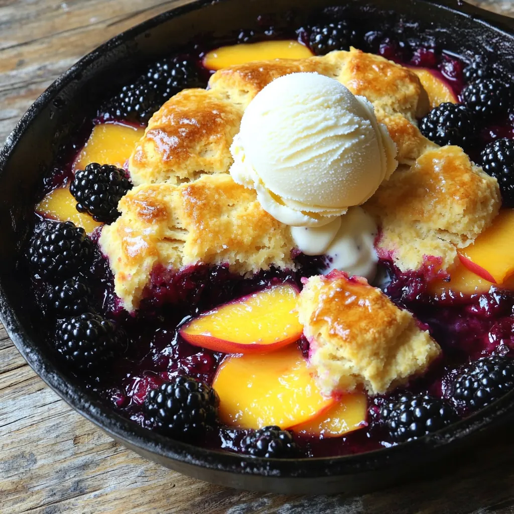- 2 cups fresh blackberries - 2 cups fresh peaches, sliced - 1 cup granulated sugar (divided) - 1 tablespoon lemon juice - 1 teaspoon vanilla extract - 1 cup all-purpose flour - 1 tablespoon baking powder - ½ teaspoon salt - 1 teaspoon cinnamon - 1 cup whole milk - ½ cup unsalted butter, melted - Vanilla ice cream (for serving) Using fresh fruit makes a big difference in this recipe. The blackberries and peaches give great flavor. I love to slice the peaches thin for even cooking. The sugar adds sweetness, while lemon juice brightens the fruit. Vanilla extract brings out the flavors even more. For the dry mix, flour, baking powder, salt, and cinnamon blend well. The baking powder helps the cobbler rise. The salt balances the sweetness, while cinnamon adds a warm taste. When you mix the wet ingredients, use whole milk for creaminess. Melted butter adds richness. This makes the batter smooth and tasty. To serve, I always suggest vanilla ice cream on top. It melts slightly on the warm cobbler, making it extra delicious. To start, take a large bowl. In it, combine 2 cups of fresh blackberries and 2 cups of sliced peaches. Add ½ cup of granulated sugar, 1 tablespoon of lemon juice, and 1 teaspoon of vanilla extract. Toss the fruit gently. Let this mixture sit for 10 minutes. This helps the fruit release its juices, making it sweet and flavorful. Next, grab another bowl. Whisk together the 1 cup of all-purpose flour, ½ cup of granulated sugar, 1 tablespoon of baking powder, ½ teaspoon of salt, and 1 teaspoon of cinnamon. In a separate bowl, mix 1 cup of whole milk and ½ cup of melted unsalted butter. Slowly pour this mix into the dry ingredients. Stir until just combined. Remember, a few lumps are okay. Do not overmix the batter. Now it's time to layer. In a seasoned cast-iron skillet, pour the fruit mixture evenly on the bottom. Then, spoon the batter on top of the fruit. You do not need to cover all the fruit with batter. Just let it spread out naturally. Preheat your oven to 350°F (175°C). Place the skillet in the oven and bake for 30-35 minutes. Check for doneness by inserting a toothpick into the batter. If it comes out clean, your cobbler is ready. Once baked, remove the skillet. Let it cool slightly before serving. When picking peaches, look for ones that are slightly soft. Their skin should have a nice golden hue. For blackberries, choose plump and shiny ones. They should not be mushy or have any mold. Fresh fruit makes a big difference in taste. Always check for small blemishes. If you find any, skip those fruits. Mixing the batter too much can ruin your cobbler. When you combine the wet and dry ingredients, stir gently. A few lumps are fine. This keeps the texture light and fluffy. If you overmix, the batter can become tough. Remember, less is more when it comes to mixing. Serve your cobbler warm straight from the skillet. It looks great and tastes even better. Add a scoop of vanilla ice cream on top. The cold ice cream melts into the warm cobbler, creating a perfect blend. Drizzle some of the fruit juices from the skillet over the top. This adds flavor and makes it look fancy. You can also sprinkle some cinnamon for an extra touch. {{image_2}} You can switch the fruits in this cobbler. Cherries work well because they are sweet and juicy. Apples are another great choice. They add a nice crunch and a bit of tartness. You can even mix fruits for a unique taste. Just keep the same amount of fruit to ensure good results. To make this cobbler gluten-free, use alternative flours. Almond flour or coconut flour can work well. You can also use a gluten-free all-purpose blend. Just check the blend for a good rise. This way, everyone can enjoy this tasty dessert without worries. Add spices to boost the flavor of your cobbler. Nutmeg gives a warm, sweet taste. Almond extract adds a nice nutty flavor that pairs well with fruit. A dash of cardamom can also bring a new twist. These small changes can make your cobbler even more delightful. After baking your blackberry peach cobbler, let it cool. Place the skillet on a heat-safe surface. Allow it to cool for about 30 minutes. This helps the juices set. Once cooled, cover it with plastic wrap or aluminum foil. This keeps it fresh and moist for later. Store any leftovers in the fridge. Use an airtight container or keep it covered in the skillet. It will stay good for up to 3 days. To keep the fruit fresh, avoid leaving it out at room temperature. Always refrigerate promptly after it cools. To enjoy your cobbler again, reheat it gently. Preheat your oven to 350°F. Warm the cobbler for about 15 minutes. This will help keep the crust crisp. If you're in a hurry, you can use the microwave. Heat individual servings for 30-60 seconds. Just be careful, as it can get hot! Blackberry peach cobbler can last up to four days in the fridge. Store it in an airtight container. If you want it to last longer, you can freeze it. In the freezer, it can last for up to three months. Just make sure it cools completely before you freeze it. Yes, you can use frozen fruit for this cobbler. It works well and saves time. Just remember to thaw the fruit first. Drain any excess liquid before mixing it with sugar and lemon juice. This prevents your cobbler from being too soggy. You can prepare the fruit and batter ahead of time. Keep them in separate bowls in the fridge. Just combine and bake them before serving. If you bake it ahead, let it cool completely. Then, store it in the fridge. You can reheat it in the oven at 350°F for about 15 minutes. Serve the cobbler warm for the best taste. You can scoop it directly from the skillet. Add a scoop of vanilla ice cream on top. The cold ice cream melts into the warm cobbler. It creates a delightful mix of flavors and textures. This blog post covered how to make a delicious blackberry peach cobbler. You learned about the key ingredients, including fresh fruit, sweeteners, and dry and wet components. I shared step-by-step instructions, tips for the best results, and helpful storage advice. As you explore variations, remember to try different fruits or make it gluten-free. Enjoy your cobbler warm, paired with ice cream for a tasty treat. You now have the knowledge for a delightful dessert that will impress anyone. Happy baking!
