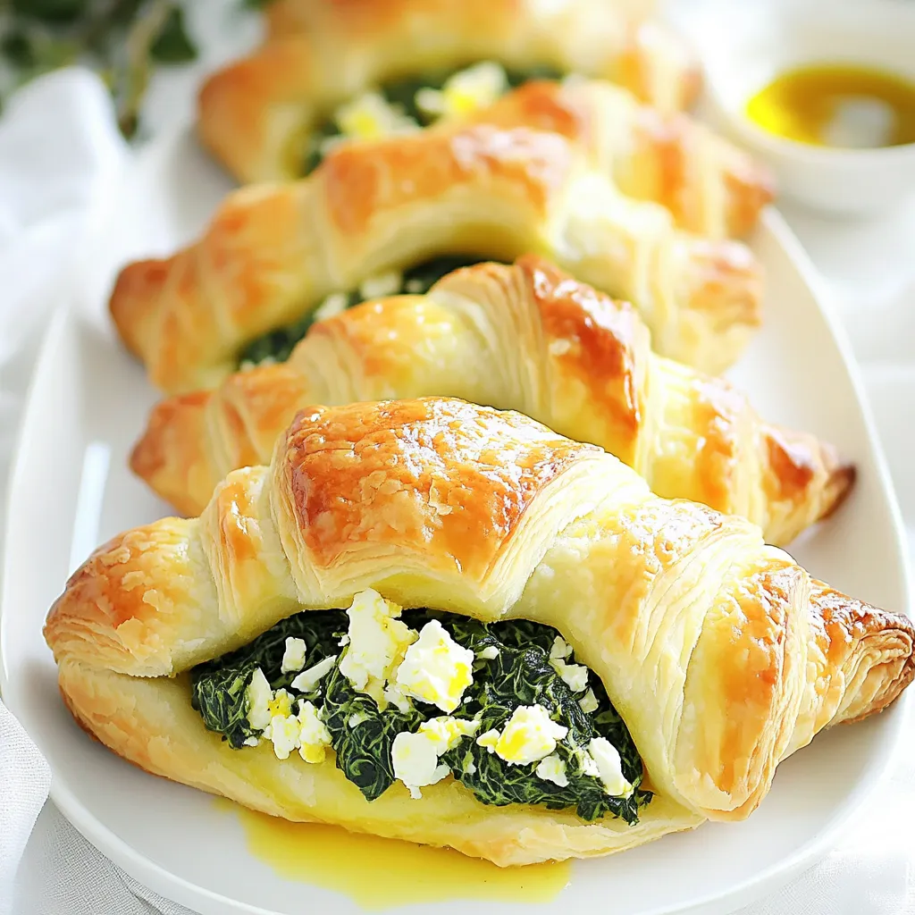 - 1 can refrigerated crescent roll dough - 2 cups fresh spinach, chopped - 1 cup feta cheese, crumbled - 1/4 cup cream cheese, softened - 1/2 teaspoon garlic powder - 1/4 teaspoon black pepper - 1/4 teaspoon onion powder - 1 egg, beaten (for egg wash) - Olive oil for drizzling When you gather your ingredients, focus on freshness. Fresh spinach brings a bright taste. Feta cheese adds a salty punch. Cream cheese gives a creamy texture that blends well. Make sure your spices are fresh too. They elevate the dish and make it special. Keep the egg for a golden finish. Olive oil drizzled on top provides a nice sheen. This mix of flavors will amaze your family and friends. First, preheat your oven to 375°F (190°C). While it heats, line a baking sheet with parchment paper. This helps prevent sticking and makes cleanup easy. In a large bowl, mix the chopped spinach, crumbled feta, softened cream cheese, garlic powder, black pepper, and onion powder. Stir until everything is well combined. This filling is creamy, savory, and packed with flavor. Next, unroll the crescent roll dough on a clean surface. Carefully separate it into individual triangles. At the wide end of each triangle, place about a tablespoon of the spinach and feta mixture. Be sure not to overfill! Then, roll the triangle from the wide end to the narrow tip. Pinch the sides to seal the filling inside. Place each roll on the prepared baking sheet, with the point facing down. Now it’s time to bake! Brush the tops of each crescent roll with the beaten egg. This gives them a nice golden color. Drizzle a little olive oil over the rolls for extra flavor. Bake in the preheated oven for 12 to 15 minutes. Watch as they puff up and turn golden brown. Once done, remove them from the oven and let them cool for a few minutes before serving. Enjoy your savory spinach feta stuffed crescent rolls! To make a great filling, mix flavors well. Blend the spinach, feta, and cream cheese until smooth. You can add herbs like dill or parsley for extra taste. Adjust the spices to fit your liking. If you want more kick, add a pinch of red pepper flakes. Taste your filling as you mix, and change it until it’s just right for you. An egg wash gives your rolls a shiny, golden crust. Brush the tops with beaten egg before baking. This step is key for that beautiful color. If you prefer, use milk or cream as a glaze. Both options work well and add a nice touch. Serve these rolls warm for the best flavor. Pair them with a fresh salad or a side of yogurt dip. For a nice look, place the rolls on a wooden board. Sprinkle some extra feta and fresh herbs on top to impress your guests. This simple touch makes the dish more appealing and delicious. {{image_2}} You can switch feta cheese for other options. Try goat cheese for a tangy taste. Creamy ricotta can add a nice texture. Even mozzarella works well for a milder flavor. Add a bit more cream cheese for extra creaminess. Mix and match to find your favorite combo. Herbs can really boost flavor. Try adding fresh dill or parsley. These herbs add freshness and brightness. For a bolder kick, consider adding red pepper flakes. A touch of nutmeg can also give a warm twist. Don’t be afraid to experiment with your favorite spices. You can add more veggies to your rolls. Chopped bell peppers or mushrooms pair well with spinach. Zucchini can add moisture and texture, too. Consider adding sun-dried tomatoes for a punch of flavor. Each addition brings a new taste and keeps it exciting. To keep your savory spinach feta stuffed crescent rolls fresh, let them cool first. Place them in a single layer on a plate or baking sheet for about 30 minutes. This helps prevent sogginess. Once cooled, transfer the rolls to an airtight container. You can also use a resealable plastic bag. Be sure to get out as much air as possible before sealing. This method keeps them fresh for up to three days in the fridge. Enjoying leftover rolls is easy! The best way to reheat them is in an oven. Preheat your oven to 350°F (175°C). Place the rolls on a baking sheet and cover them with aluminum foil to keep moisture in. Heat for about 10-15 minutes or until warm. You can also use an air fryer for a crisp finish. Set your air fryer to 320°F (160°C) and heat for 5-7 minutes. This helps keep the rolls tasty and flaky. You can freeze your rolls before or after baking. If you freeze them before baking, prepare them and place them on a baking sheet. Then, freeze until solid. Once frozen, transfer to a bag or container. They will last up to three months. To bake from frozen, add a few extra minutes to the baking time. If you bake first, let them cool completely before freezing. Thaw in the fridge overnight before reheating. This keeps them fresh and tasty! Yes, you can use frozen spinach. However, frozen spinach has more water than fresh. To use it, thaw and drain the spinach well. Squeeze out any extra water before mixing it with other ingredients. This step ensures your rolls do not get soggy. If you need a substitute for cream cheese, you have options. You can use Greek yogurt or cottage cheese for a lighter choice. For dairy-free, try silken tofu blended until smooth. Each alternative gives a slightly different taste but still works well. To make the rolls vegan, swap out the cream cheese for vegan cream cheese or blended tofu. Instead of egg wash, use almond milk or a mix of plant-based milk and a bit of flour. Ensure your crescent roll dough is vegan by checking the label. To sum up, this blog covered how to create delicious crescent roll appetizers. We explored the main ingredients like spinach, feta, and cream cheese, along with spices that boost flavor. You learned to prepare your filling, assemble the rolls, and bake them to a golden finish. Remember, you can customize these rolls with various cheeses and veggies. Storing leftovers and reheating them properly ensures you enjoy every bite. So, gather your ingredients and start cooking these tasty treats today!