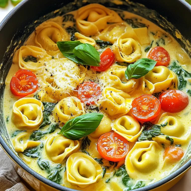 To make this tasty dish, gather these key ingredients: - 12 oz cheese tortellini (fresh or frozen) - 2 cups fresh spinach, chopped - 1 cup heavy cream - 1 cup vegetable broth - 1 medium lemon, zested and juiced - 1 cup cherry tomatoes, halved - 2 cups Parmesan cheese, grated - 2 tablespoons olive oil - 3 cloves garlic, minced - Salt and pepper to taste These ingredients work together to create a rich and creamy sauce. The lemon gives a bright flavor. Fresh spinach adds color and nutrients. You can elevate your dish with these fun extras: - Fresh basil leaves for a pop of flavor - Crushed red pepper for some heat - Extra lemon zest for brightness - Toasted pine nuts for crunch These garnishes add more taste and texture. They also make your dish look fancy! If you are missing an ingredient, don’t worry! Here are some swaps: - Use another type of pasta if you can't find tortellini. - Swap heavy cream with coconut milk for a lighter version. - Try nutritional yeast instead of Parmesan for a vegan option. - Replace spinach with kale or arugula for a different green. These substitutions help you customize the dish to your needs. Cooking should be fun and flexible! First, gather all your ingredients. You need 12 oz of cheese tortellini, 2 cups of fresh spinach, and 1 cup of heavy cream. Don’t forget the 1 cup of vegetable broth, 1 medium lemon, and 1 cup of cherry tomatoes. Also, grab 2 cups of grated Parmesan cheese, 2 tablespoons of olive oil, 3 cloves of garlic, and some salt and pepper. Chop the spinach and halve the cherry tomatoes. Zest and juice the lemon. These steps make the cooking process smoother. Heat 2 tablespoons of olive oil in a large pot over medium heat. Add the minced garlic and sauté it for about 1-2 minutes. You want the garlic to smell good but not brown. Next, pour in 1 cup of vegetable broth and 1 cup of heavy cream. Stir these together well. Then, add the cheese tortellini. Bring the mixture to a gentle boil. Once it boils, lower the heat to medium-low. Let it simmer for 5-7 minutes until the tortellini is cooked. After that, stir in the lemon zest, lemon juice, and chopped spinach. Mix everything until the spinach wilts. Slowly add the grated Parmesan cheese while stirring. This makes the dish creamy. If the sauce feels too thick, splash in some more vegetable broth. Fold in the halved cherry tomatoes at the end. Season with salt and pepper to taste. Let it heat for another 2 minutes. To make your dish even better, use fresh herbs like basil for garnish. This adds a pop of flavor and color. If you want a thicker sauce, add more Parmesan cheese. For a lighter version, you can use half-and-half instead of heavy cream. This recipe is quick, taking only about 20 minutes from start to finish. Enjoy your meal warm and share it with loved ones! You might have some tasty leftovers after this dish. To store them, let the tortellini cool down first. Then, place it in an airtight container. It will stay fresh for about three days in the fridge. If you want to keep it longer, you can freeze it. Just make sure to use a freezer-safe container. It will keep well for up to three months. When you're ready to enjoy your leftovers, reheat them gently. You can use the stove or microwave. If using the stove, add a splash of broth or cream while heating. This helps keep the sauce creamy. If using the microwave, heat in short bursts. Stir in between to ensure even warming. You can easily make this dish vegan or dairy-free. Start by swapping the cheese tortellini for a plant-based version. Use coconut cream or cashew cream instead of heavy cream. Nutritional yeast can replace Parmesan cheese, adding a cheesy flavor. With these swaps, you maintain the creamy texture while sticking to your dietary needs. {{image_2}} You can easily add protein to this dish. Try cooked chicken breast for a hearty meal. If you prefer seafood, shrimp works great too. Just sauté them in olive oil before adding the garlic. For a plant-based option, consider chickpeas or white beans. They add protein and fiber while keeping it vegetarian. Feel free to mix in more veggies! Zucchini, bell peppers, or broccoli can enhance flavor and nutrition. Chop them into small pieces and add them with the tortellini. If you want to sneak in more greens, kale or arugula are excellent choices. They pair nicely with the creamy sauce and lemon zest. While Parmesan cheese is classic, you can experiment with other cheeses. Try creamy goat cheese for a tangy twist. Feta cheese also adds a nice salty flavor. For those who like it cheesy, mix in mozzarella for extra creaminess. Each cheese will give a unique taste to your one-pot delight! I recommend storing your creamy tortellini in an airtight container. Let it cool down first. This prevents steam from building up inside the container. Place the lid on tightly. Store it in the fridge if you plan to eat it soon. It keeps well for up to three days. To freeze creamy tortellini, use a freezer-safe container. Spoon the tortellini into the container. Leave some space at the top for expansion. Seal the container well. It can last for up to three months in the freezer. When you’re ready to eat, thaw it in the fridge overnight. In the fridge, creamy tortellini lasts about three days. Freezing it extends its life to three months. Always check for any off smells or changes in texture before eating. If it doesn't look or smell right, it's best to toss it. Enjoy your creamy dish again later! Yes, you can use frozen tortellini. Just add it directly to the pot. There is no need to thaw it first. The cooking time may be a little longer, about 8-10 minutes instead of 5-7 minutes. This will help ensure they cook all the way through. To make the sauce thicker, you can add more cheese. Parmesan cheese will melt and create a richer texture. If you want a creamier sauce, try adding a bit more heavy cream. Another option is to mix in a cornstarch slurry. Just mix one tablespoon of cornstarch with two tablespoons of cold water. Stir it into the sauce while it simmers. If you need a substitute for heavy cream, use half-and-half. It will give you a similar flavor but with less fat. You can also try using coconut cream for a dairy-free option. Another choice is to blend silken tofu with a bit of vegetable broth. This will give you a creamy texture while keeping it light. This blog post covered making creamy one-pot lemon spinach tortellini. We explored key ingredients, optional add-ons, and tasty substitutions. I shared easy steps to prepare and cook your dish with helpful tips. We also discussed storing leftovers, reheating, and making a dairy-free version. Plus, I offered variations with different proteins and veggies. In summary, this dish is simple and versatile. You can enjoy it your way!