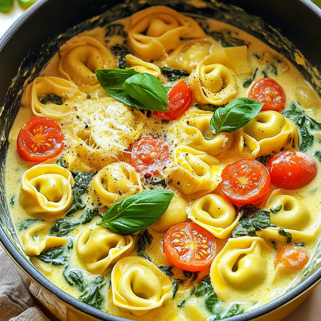 To make this tasty dish, gather these key ingredients: - 12 oz cheese tortellini (fresh or frozen) - 2 cups fresh spinach, chopped - 1 cup heavy cream - 1 cup vegetable broth - 1 medium lemon, zested and juiced - 1 cup cherry tomatoes, halved - 2 cups Parmesan cheese, grated - 2 tablespoons olive oil - 3 cloves garlic, minced - Salt and pepper to taste These ingredients work together to create a rich and creamy sauce. The lemon gives a bright flavor. Fresh spinach adds color and nutrients. You can elevate your dish with these fun extras: - Fresh basil leaves for a pop of flavor - Crushed red pepper for some heat - Extra lemon zest for brightness - Toasted pine nuts for crunch These garnishes add more taste and texture. They also make your dish look fancy! If you are missing an ingredient, don’t worry! Here are some swaps: - Use another type of pasta if you can't find tortellini. - Swap heavy cream with coconut milk for a lighter version. - Try nutritional yeast instead of Parmesan for a vegan option. - Replace spinach with kale or arugula for a different green. These substitutions help you customize the dish to your needs. Cooking should be fun and flexible! First, gather all your ingredients. You need 12 oz of cheese tortellini, 2 cups of fresh spinach, and 1 cup of heavy cream. Don’t forget the 1 cup of vegetable broth, 1 medium lemon, and 1 cup of cherry tomatoes. Also, grab 2 cups of grated Parmesan cheese, 2 tablespoons of olive oil, 3 cloves of garlic, and some salt and pepper. Chop the spinach and halve the cherry tomatoes. Zest and juice the lemon. These steps make the cooking process smoother. Heat 2 tablespoons of olive oil in a large pot over medium heat. Add the minced garlic and sauté it for about 1-2 minutes. You want the garlic to smell good but not brown. Next, pour in 1 cup of vegetable broth and 1 cup of heavy cream. Stir these together well. Then, add the cheese tortellini. Bring the mixture to a gentle boil. Once it boils, lower the heat to medium-low. Let it simmer for 5-7 minutes until the tortellini is cooked. After that, stir in the lemon zest, lemon juice, and chopped spinach. Mix everything until the spinach wilts. Slowly add the grated Parmesan cheese while stirring. This makes the dish creamy. If the sauce feels too thick, splash in some more vegetable broth. Fold in the halved cherry tomatoes at the end. Season with salt and pepper to taste. Let it heat for another 2 minutes. To make your dish even better, use fresh herbs like basil for garnish. This adds a pop of flavor and color. If you want a thicker sauce, add more Parmesan cheese. For a lighter version, you can use half-and-half instead of heavy cream. This recipe is quick, taking only about 20 minutes from start to finish. Enjoy your meal warm and share it with loved ones! You might have some tasty leftovers after this dish. To store them, let the tortellini cool down first. Then, place it in an airtight container. It will stay fresh for about three days in the fridge. If you want to keep it longer, you can freeze it. Just make sure to use a freezer-safe container. It will keep well for up to three months. When you're ready to enjoy your leftovers, reheat them gently. You can use the stove or microwave. If using the stove, add a splash of broth or cream while heating. This helps keep the sauce creamy. If using the microwave, heat in short bursts. Stir in between to ensure even warming. You can easily make this dish vegan or dairy-free. Start by swapping the cheese tortellini for a plant-based version. Use coconut cream or cashew cream instead of heavy cream. Nutritional yeast can replace Parmesan cheese, adding a cheesy flavor. With these swaps, you maintain the creamy texture while sticking to your dietary needs. {{image_2}} You can easily add protein to this dish. Try cooked chicken breast for a hearty meal. If you prefer seafood, shrimp works great too. Just sauté them in olive oil before adding the garlic. For a plant-based option, consider chickpeas or white beans. They add protein and fiber while keeping it vegetarian. Feel free to mix in more veggies! Zucchini, bell peppers, or broccoli can enhance flavor and nutrition. Chop them into small pieces and add them with the tortellini. If you want to sneak in more greens, kale or arugula are excellent choices. They pair nicely with the creamy sauce and lemon zest. While Parmesan cheese is classic, you can experiment with other cheeses. Try creamy goat cheese for a tangy twist. Feta cheese also adds a nice salty flavor. For those who like it cheesy, mix in mozzarella for extra creaminess. Each cheese will give a unique taste to your one-pot delight! I recommend storing your creamy tortellini in an airtight container. Let it cool down first. This prevents steam from building up inside the container. Place the lid on tightly. Store it in the fridge if you plan to eat it soon. It keeps well for up to three days. To freeze creamy tortellini, use a freezer-safe container. Spoon the tortellini into the container. Leave some space at the top for expansion. Seal the container well. It can last for up to three months in the freezer. When you’re ready to eat, thaw it in the fridge overnight. In the fridge, creamy tortellini lasts about three days. Freezing it extends its life to three months. Always check for any off smells or changes in texture before eating. If it doesn't look or smell right, it's best to toss it. Enjoy your creamy dish again later! Yes, you can use frozen tortellini. Just add it directly to the pot. There is no need to thaw it first. The cooking time may be a little longer, about 8-10 minutes instead of 5-7 minutes. This will help ensure they cook all the way through. To make the sauce thicker, you can add more cheese. Parmesan cheese will melt and create a richer texture. If you want a creamier sauce, try adding a bit more heavy cream. Another option is to mix in a cornstarch slurry. Just mix one tablespoon of cornstarch with two tablespoons of cold water. Stir it into the sauce while it simmers. If you need a substitute for heavy cream, use half-and-half. It will give you a similar flavor but with less fat. You can also try using coconut cream for a dairy-free option. Another choice is to blend silken tofu with a bit of vegetable broth. This will give you a creamy texture while keeping it light. This blog post covered making creamy one-pot lemon spinach tortellini. We explored key ingredients, optional add-ons, and tasty substitutions. I shared easy steps to prepare and cook your dish with helpful tips. We also discussed storing leftovers, reheating, and making a dairy-free version. Plus, I offered variations with different proteins and veggies. In summary, this dish is simple and versatile. You can enjoy it your way!