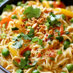 - 8 oz rice noodles - 1 cup coconut milk - 1/2 cup creamy peanut butter - 2 tablespoons soy sauce (or tamari for gluten-free) - 2 tablespoons lime juice - 1 tablespoon brown sugar - 1 tablespoon sesame oil - 2 cups mixed vegetables (like bell peppers, carrots, and snap peas) - 2 green onions, sliced - 1/4 cup chopped fresh cilantro If you need substitutes, use gluten-free tamari for soy sauce. For a nut-free option, swap peanut butter with sun butter. - Crushed peanuts for garnish - Chopped cilantro for fresh flavor - Red pepper flakes for added heat These garnishes not only add taste but also make your dish look beautiful. Use them to enhance the meal for your family or guests! 1. Start by boiling 4 cups of water in a large pot. 2. Add 8 oz of rice noodles to the boiling water. 3. Cook the noodles according to the package instructions until they are al dente. This usually takes about 4 to 6 minutes. 4. To check the texture, bite into a noodle. It should be firm but not hard. 5. Once done, drain the noodles and set them aside. 1. In the same pot, reduce the heat to medium. 2. Pour in 1 cup of coconut milk. 3. Add 1/2 cup of creamy peanut butter next. 4. Then, mix in 2 tablespoons of soy sauce, 2 tablespoons of lime juice, 1 tablespoon of brown sugar, and 1 tablespoon of sesame oil. 5. Stir until the mixture is smooth and creamy. This will take about a minute. 1. Now, add 2 cups of mixed vegetables, like bell peppers and snap peas, to the pot. 2. Cook for about 5 minutes. Stir occasionally so the veggies cook evenly. They should be tender yet still crisp. 3. Return the cooked noodles to the pot. 4. Toss everything together gently until the noodles are evenly coated with the creamy sauce and mixed with the veggies. 5. Serve in bowls, and don’t forget to garnish with sliced green onions, chopped cilantro, and crushed peanuts. If you like heat, add red pepper flakes on top! To balance flavors in your One-Pot Creamy Thai Peanut Noodles, aim for sweet, salty, and spicy. The creamy peanut butter adds sweetness, while soy sauce brings salt. Lime juice adds a bright, tangy flavor. If you want more heat, sprinkle in red pepper flakes. You can also add a bit more brown sugar if you like it sweet. Customizing this dish is simple. If you love spice, add more red pepper flakes or even sriracha. For a nutty twist, try using almond or cashew butter. You can also swap the lime juice for lemon juice if you prefer that flavor. Each change will make the dish feel fresh and new. When sautéing vegetables, cut them into even sizes. This ensures they cook at the same rate. Start with the harder veggies, like carrots, before adding softer ones, like bell peppers. Cook them until they are tender but still crisp for the best texture. One-pot meals are great for easy cleanup. You cook everything in one pot, which saves time and effort. After dinner, just wash one pot instead of multiple pans. This makes cooking more fun and less stressful, letting you enjoy your meal more. {{image_2}} You can make One-Pot Creamy Thai Peanut Noodles more filling by adding protein. Here are some tasty options: - Tofu: Use firm or extra-firm tofu. Cut it into cubes. Sauté it in the pot before adding the sauce. This adds a nice texture. - Chicken: Use boneless chicken breasts. Dice them into small pieces and cook them in the pot first. Make sure it's cooked through before adding the sauce. - Shrimp: Peel and devein shrimp. Add them to the pot after the vegetables. Cook until they turn pink, about 2-3 minutes. Each protein requires different cooking times. Adjust the recipe based on what you choose. This way, you get a balanced dish. Mixing in different vegetables can change your dish. Here are some ideas based on the season: - Spring: Use asparagus or snap peas. They add a nice crunch. - Summer: Try zucchini or bell peppers. These add color and flavor. - Fall: Use butternut squash or kale. They add heartiness and warmth. - Winter: Carrots and broccoli are great choices. They hold up well in cooking. Feel free to swap out any vegetables based on what you like or have at home. If you're vegan or need more fiber, add extra veggies. This makes the dish healthier and more colorful. To store leftover creamy Thai peanut noodles, first let them cool. Then, place them in an airtight container. This helps keep the noodles fresh. Store them in the fridge for up to three days. For best results, try to separate the sauce from the noodles. This keeps the noodles from getting too soggy. To maintain texture and flavor, add a bit of water to the noodles before storing. This helps them stay moist. You can also mix in a splash of soy sauce or lime juice to boost flavor. Make sure to seal the container tightly to prevent any odors from other foods. When you’re ready to eat, reheating is easy. You can use the microwave or a stovetop. For the microwave, place the noodles in a bowl. Add a splash of water to keep them moist. Heat for about one to two minutes. Stir halfway to ensure even warming. If you prefer the stovetop, use a non-stick pan. Heat the pan over medium heat and add the noodles. Stir gently for about five minutes. If they seem dry, add a little water. This helps avoid drying out the noodles. Always check that they are heated through before serving. Enjoy your meal again! Yes, you can easily make this recipe gluten-free. Use tamari instead of regular soy sauce. Tamari is a gluten-free soy sauce option that tastes great. For the noodles, look for rice noodles that are labeled gluten-free. They are often made from rice flour and water. Check the package to be sure. To add some heat, you can use crushed red pepper flakes. Just sprinkle them over the noodles when you serve. If you want more spice, add a diced chili pepper to the vegetables while cooking. You can also try a spicy peanut sauce or sriracha for an extra kick. Yes, you can use other noodles if you like. For example, you can try egg noodles or glass noodles. Just check the cooking time on the package. Egg noodles usually cook in about 7-10 minutes, while glass noodles need only about 4-5 minutes. Adjust the cooking time based on the type of noodle you choose. This blog post covered key ingredients and provided step-by-step cooking instructions for a delicious noodle dish. I shared tips to customize flavors and make adjustments for dietary needs. Remember, balancing sweet, salty, and spicy is vital. You can enjoy variations with different proteins or vegetables, while storing leftovers is simple. Keep these tips in mind for great results. Cooking should be fun. With practice, you will master this recipe and impress others!
