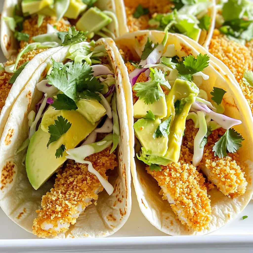 To make these fish tacos, you need fresh, simple ingredients. Here’s what you’ll need: - 1 lb white fish fillets (such as cod or tilapia) - 1 cup all-purpose flour - 1 cup panko breadcrumbs - 2 large eggs - 2 tablespoons milk - 8 small corn tortillas The right seasoning gives the fish its flavor. Here’s the mix you should use: - 1 teaspoon paprika - 1 teaspoon garlic powder - 1 teaspoon onion powder - 1/2 teaspoon cayenne pepper (adjust to taste) - Salt and pepper to taste Toppings add freshness and crunch to your tacos. Here’s what I recommend: - 1 cup shredded cabbage - 1 ripe avocado, sliced - 1/2 cup fresh cilantro, chopped - Lime wedges, for serving - Salsa or sauce of your choice (optional) These ingredients create a tasty, fresh meal. Each part plays a role in making your fish tacos both delicious and colorful. First, you need to cut the fish. Take your white fish fillets, like cod or tilapia, and slice them into strips about 1 inch wide. This size helps them cook evenly. Next, pat the fish dry with paper towels. This step is key because it helps the coating stick better. Season your fish strips with salt and pepper to enhance their flavor. Now, let’s create your breading stations. In a shallow bowl, mix together 1 cup of flour, 1 teaspoon of paprika, 1 teaspoon of garlic powder, 1 teaspoon of onion powder, and 1/2 teaspoon of cayenne pepper. Add a pinch of salt and pepper for good measure. In another bowl, whisk together 2 large eggs and 2 tablespoons of milk. Finally, place 1 cup of panko breadcrumbs in a third shallow bowl. This setup makes coating the fish easy and organized. Preheat your air fryer to 400°F (200°C). Now comes the fun part! Take each fish strip, dredge it in the seasoned flour first. Then dip it in the egg mixture, letting any extra drip off. Finally, coat the fish in panko breadcrumbs. Press gently to ensure they stick well. Place the breaded fish strips in the air fryer basket in a single layer. You may need to do this in batches. Lightly spray them with cooking oil. Cook for about 8-10 minutes, flipping halfway through. The fish should be golden brown and cooked through. While the fish cooks, it’s time to warm the corn tortillas. You can heat them in a skillet over medium heat for about 30 seconds on each side. Alternatively, wrap them in foil and place them in a warm oven. This step makes the tortillas soft and ready for your tasty fillings. Once your fish is done cooking, it’s time to assemble your tacos. Take 2-3 strips of crispy fish and place them in each tortilla. Top them off with shredded cabbage, avocado slices, and chopped cilantro. For an extra zing, squeeze fresh lime juice over the tacos. Add your favorite salsa or sauce if you like. Enjoy your fresh and flavorful fish tacos! To get that perfect crunch, use panko breadcrumbs. They are light and airy. You can add some spices to the breadcrumbs for more flavor. Keep the fish strips dry before breading them. A light coat of oil on the fish helps too. Spray the fish lightly with cooking oil before air frying. This helps it crisp up nicely. Flip the fish halfway through cooking for even browning. For the best fish tacos, I recommend using white fish. Cod and tilapia are great choices. They have a mild taste and cook quickly. Look for fresh fillets when possible. Frozen fillets work, too, but make sure to thaw them fully. Cut the fish into strips about one inch wide for easy handling. This size helps the fish cook evenly. To stop your fish from sticking, preheat your air fryer. A hot basket helps create a non-stick surface. Lightly spray the basket with cooking oil before placing the fish inside. Arrange the fish in a single layer, leaving space between each piece. If you crowd the basket, the fish may stick together. Cook in batches if needed for the best results. {{image_2}} You can use many kinds of fish for these tacos. Cod and tilapia are great, but don’t stop there! Try halibut or mahi-mahi for a rich taste. If you want a stronger flavor, salmon works well too. Just cut it into strips like the other fish. Each fish will give your tacos a new twist! The right sauce can take your tacos to the next level. You can make a simple lime crema by mixing sour cream, lime juice, and a pinch of salt. Want a kick? Add some chopped jalapeños or hot sauce. A mango salsa is another fun choice. Just mix diced mango, red onion, cilantro, and lime juice for a sweet twist. You can customize your sauce to match your taste! Corn tortillas are classic for fish tacos, but don’t shy away from flour tortillas! They add a soft bite. You can also try whole wheat or even lettuce wraps for a low-carb option. Top your tacos with fresh ingredients. Shredded cabbage adds a nice crunch. Sliced radishes or pickled onions can give a pop of flavor. Add your favorite extras and make it your own! Store leftover fish tacos in an airtight container. Keep them in the fridge for up to two days. If you have extra fish strips, store them separately. This helps keep the tortillas from getting soggy. Reheat the fish in the air fryer for the best texture. Set the air fryer to 350°F (175°C). Heat the fish for about five minutes. You can also use an oven. Place the fish on a baking sheet and heat at 350°F for about 10 minutes. Avoid using the microwave, as it makes the fish rubbery. To freeze battered fish strips, first let them cool completely. Lay them flat on a baking sheet and freeze for one hour. Once frozen, transfer them to a freezer bag. They can last up to three months. When ready to cook, you can air fry them straight from the freezer. Just add a few extra minutes to the cooking time. Cook fish in an air fryer for about 8-10 minutes at 400°F. Flip the fish halfway through. This helps it cook evenly. The fish should be golden brown and flaky when done. Yes, you can use frozen fish fillets. Just make sure to thaw them first. Pat them dry to remove excess moisture. This step ensures they get crispy in the air fryer. You can use regular breadcrumbs as a substitute for panko. Crushed cornflakes also work well for a crunchy texture. Just remember that the texture might differ slightly. White fish is best for tacos. Cod and tilapia are great options. They have a mild flavor and cook well. You can also try mahi-mahi or haddock for a twist. To make fish tacos gluten-free, use gluten-free flour. Substitute panko with gluten-free breadcrumbs or crushed nuts. Check your tortillas to ensure they are gluten-free too. In this post, we explored how to make crispy fish tacos in an air fryer. We covered the essential ingredients and key steps. You learned how to prepare the fish, set up breading stations, and cook perfectly crispy tacos. Tips on choosing fish and avoiding sticking added extra value. In the end, air fryer fish tacos can be quick and fun. Experiment with variations and enjoy!
