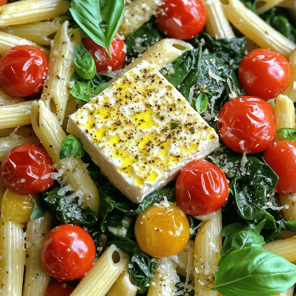 - 200g pasta (penne or fusilli) - 200g feta cheese - 300g cherry tomatoes, halved - 2 cups fresh spinach - 4 cloves garlic, minced - 3 tablespoons olive oil - 1 teaspoon dried oregano - Salt and pepper to taste - Fresh basil leaves for garnish - Grated Parmesan cheese (optional) For this baked feta pasta, you can choose between penne or fusilli. Both types hold sauce well. Feta cheese is the star of this dish. It becomes creamy and flavorful when baked. Use a block of feta, not crumbles. Next, gather your essential ingredients. Cherry tomatoes add natural sweetness and color. Fresh spinach brings nutrition and a nice green touch. Garlic gives a fragrant kick. Olive oil helps everything roast beautifully. Dried oregano adds a lovely herb flavor. Don't forget the salt and pepper to enhance all the tastes. Finally, fresh basil leaves and optional grated Parmesan cheese will elevate your meal. They add a fresh finish and extra flavor. With these ingredients, you create a delicious, healthy dish that is easy to make. 1. Preheat your oven to 400°F (200°C). This makes sure your dish cooks evenly. 2. In a baking dish, add the halved cherry tomatoes. Pour in 2 tablespoons of olive oil. 3. Season the tomatoes with salt, pepper, and dried oregano. Toss them well to coat. 4. Place the block of feta cheese in the center. Drizzle the remaining olive oil on top. 1. Boil water in a large pot. Add salt to the water to enhance the pasta's flavor. 2. Add 200g of pasta, either penne or fusilli. Cook the pasta until al dente, about 8-10 minutes. 3. Reserve 1 cup of the pasta water before draining the rest. This water is key for your sauce. 1. While the feta and tomatoes bake for 25-30 minutes, prepare the spinach. 2. In a large skillet, heat some olive oil over medium heat. Add 4 cloves of minced garlic. 3. Sauté for 1-2 minutes until fragrant. Then, add 2 cups of fresh spinach and cook until wilted. 4. Once the feta and tomatoes are done, remove them from the oven. Use a fork to mash the feta with the tomatoes. 5. Add the cooked pasta and wilted spinach to the baking dish. Toss everything together. 6. Add reserved pasta water little by little. Mix until you reach your desired sauce thickness. 7. Taste and adjust seasoning as needed. Serve hot, garnished with fresh basil and optional Parmesan cheese. To bake feta well, set your oven to 400°F (200°C). Bake for 25-30 minutes. Look for a soft, golden block of feta and roasted tomatoes. This temperature helps the cheese melt and blend with the tomatoes, adding rich flavor. Use the reserved pasta water to get the sauce just right. After cooking your pasta, save one cup of that starchy water. Once you mix everything, add a little at a time. This water helps the sauce cling to the pasta and creates a creamy texture. Want to boost the taste? Try adding a pinch of red pepper flakes for heat. Fresh herbs like thyme or parsley can brighten the dish. You can also mix in a squeeze of lemon juice for a zesty kick. Adjust the salt and pepper to fit your taste. {{image_2}} You can swap feta for vegan cheese. Look for a block style that melts well. This keeps the creamy texture. Nutritional yeast adds a cheesy flavor, too. For a dairy-free option, use cashew cream. Blend soaked cashews with lemon juice and a pinch of salt. This makes a rich, creamy alternative. Boost the nutrition with more veggies. Try adding zucchini or bell peppers. You can roast them alongside the tomatoes. Broccoli or kale also works well. Just chop them small so they cook evenly. Peas or corn add a sweet touch too. Mix and match based on what you like. Want to make it heartier? Add protein like chicken or shrimp. For chicken, grill or sauté pieces before mixing in. Shrimp cooks fast, so add them when you combine pasta. Both options enhance flavor and texture. They also make the meal more filling. Choose what fits your taste and diet best. To keep your Baked Feta Pasta fresh, follow these tips: - Refrigerate: Place leftovers in an airtight container. They will stay fresh for about 3-4 days. - Freeze: If you want to store it longer, freeze it. Use freezer-safe containers. It can last up to 3 months. - Avoid sogginess: Make sure the pasta cools before sealing. This will prevent excess moisture. Reheating is simple and ensures great taste: 1. Microwave: Place a serving in a microwave-safe bowl. Cover it with a damp paper towel. Heat on medium for 1-2 minutes. Stir halfway through. 2. Oven: Preheat the oven to 350°F (175°C). Place the pasta in an oven-safe dish. Cover with foil to keep it moist. Bake for 15-20 minutes. 3. Stovetop: Heat a skillet over medium heat. Add a splash of water or olive oil. Stir in the pasta until heated through. Enjoy your pasta just as delicious as the first time! Yes, you can swap feta for other cheeses. Goat cheese or ricotta work well. Each cheese adds a unique flavor. Goat cheese gives a tangy taste, while ricotta makes it creamy. You can even try a mix for added depth. To make this dish gluten-free, choose gluten-free pasta. Many brands offer great options, like rice or chickpea pasta. Cook it just like regular pasta and follow the rest of the steps. This way, you keep all the great flavors. Using fresh cherry tomatoes is key to keeping them juicy. Choose ripe, plump tomatoes for the best results. Tossing them with olive oil and seasoning helps too. Roasting them at the right temperature keeps them tender and flavorful. This blog post covered how to make baked feta pasta. You learned about key ingredients like pasta, feta, and fresh veggies. We went through step-by-step cooking instructions and helpful tips for the best results. You also discovered variations to fit your taste and storage tips for leftovers. Enjoy creating this dish! It’s simple to make and packed with flavor. Try adding your favorite ingredients to make it your own. With practice, you’ll create a dish everyone loves.