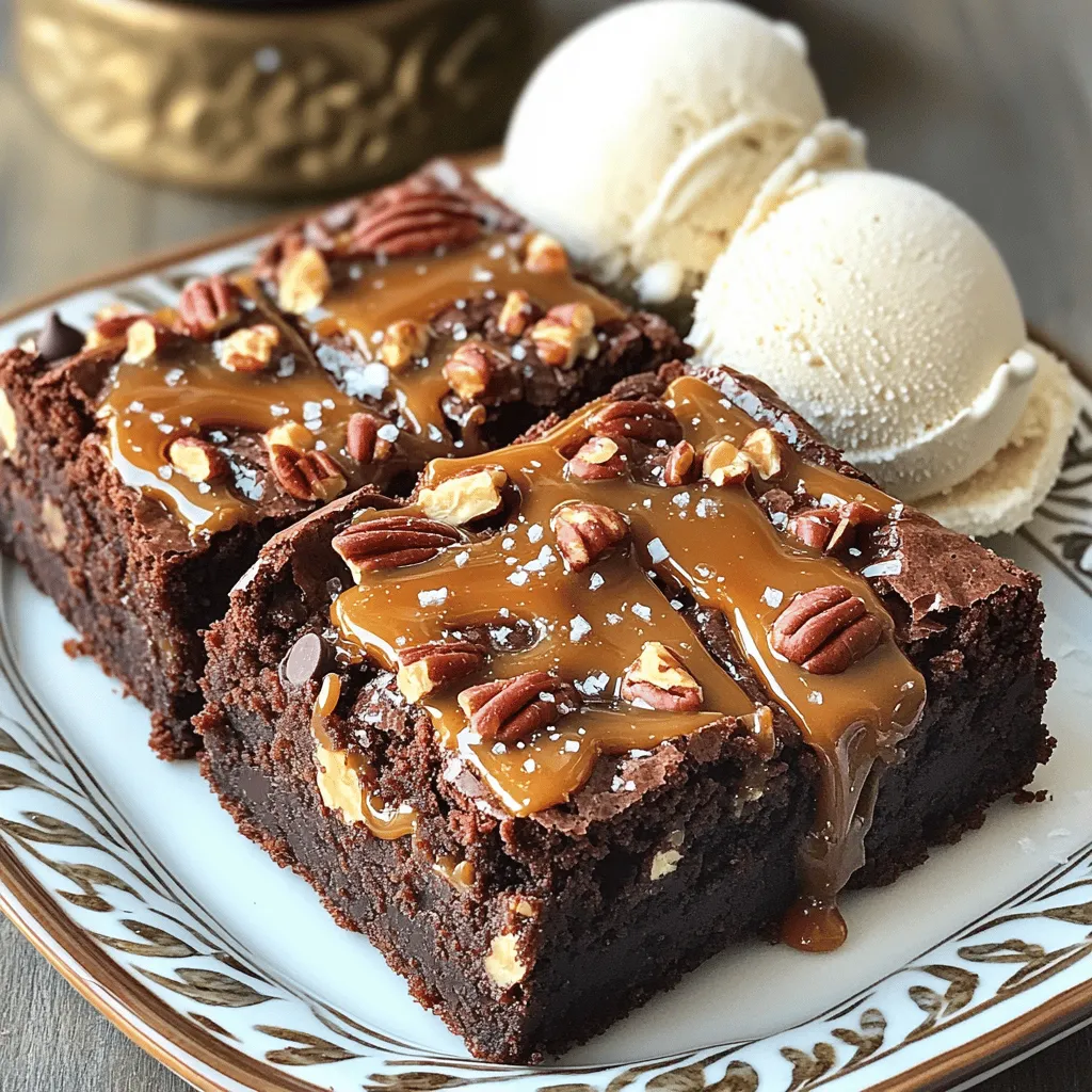 To make Caramel Pecan Turtle Brownies, gather these ingredients: - 1 cup unsalted butter (2 sticks) - 2 cups granulated sugar - 4 large eggs - 1 teaspoon vanilla extract - 1 cup all-purpose flour - 1 cup cocoa powder - ½ teaspoon salt - 1 cup chopped pecans - 1 cup chocolate chips - 1 cup caramel sauce (store-bought or homemade) - Sea salt for sprinkling You can easily swap some ingredients. If you need a dairy-free option, use vegan butter. For a gluten-free version, use almond flour or a gluten-free blend. If you lack pecans, walnuts or almonds work well too. You can also use a different type of chocolate, like dark or white chocolate chips, for varied flavors. Here is what you need to make these brownies: - 9x13 inch baking pan - Medium saucepan - Mixing bowls - Whisk or spatula - Toothpick or knife for swirling - Parchment paper (optional for easy removal) This list helps ensure you have everything ready for this delicious treat! Start by preheating your oven to 350°F (175°C). Grease a 9x13 inch baking pan. You can also line the pan with parchment paper. This helps with easy removal later. In a medium saucepan, melt 1 cup of unsalted butter over medium heat. Once melted, take it off the heat. Stir in 2 cups of granulated sugar until it mixes well. Add 4 large eggs one at a time. Mix well after each egg. Then, stir in 1 teaspoon of vanilla extract for flavor. In a separate bowl, sift together 1 cup of all-purpose flour, 1 cup of cocoa powder, and ½ teaspoon of salt. This step makes sure your brownies have a nice texture. Gradually add the dry mix to the wet mix, stirring until just combined. Now fold in 1 cup of chopped pecans and 1 cup of chocolate chips. This adds crunch and richness. Pour half of the brownie batter into the prepared pan. Spread it evenly. Drizzle half of the 1 cup of caramel sauce over this layer. Pour the remaining batter on top, spreading it gently. Drizzle the rest of the caramel on top. Use a toothpick to create swirls in the caramel. Place the pan in your preheated oven. Bake for 25 to 30 minutes. Check for doneness with a toothpick. It should come out with a few moist crumbs. Once baked, let the brownies cool in the pan for at least 15 minutes. Before slicing, sprinkle a pinch of sea salt on top. This enhances the flavor and adds a nice touch. To get the best brownies, measure your ingredients well. Use a kitchen scale if you have one. Make sure your butter is at room temperature before mixing. This helps it blend better with the sugar. Preheat your oven to 350°F (175°C) to ensure even baking. Greasing your pan or using parchment paper makes for easy brownie removal. You can boost flavor by using high-quality cocoa powder. It adds richness to your brownies. Consider adding a splash of espresso powder for a deeper chocolate taste. Mixing in chocolate chips gives a nice texture. For an extra crunch, toast your pecans before adding them. This step brings out their flavor. For a stunning presentation, cut the brownies into neat squares. Drizzle extra caramel sauce over the top. A sprinkle of sea salt adds a nice touch. You can also add chopped pecans on top for color and texture. Serving with vanilla ice cream makes this dessert even more special. {{image_2}} You can change some ingredients in the recipe for a new twist. For example: - Use coconut oil instead of butter for a dairy-free option. - Swap granulated sugar with brown sugar to add richness. - Try almond flour instead of all-purpose flour for a gluten-free treat. Mix up the flavors to suit your taste. Here are some fun ideas: - Add espresso powder for a mocha flavor. - Use white chocolate chips instead of regular chocolate chips. - Mix in dried fruit like cherries or cranberries for a fruity touch. Making these brownies fit your diet is easy. Here are some options: - For gluten-free brownies, use almond flour or a gluten-free blend. - If you need them nut-free, skip the pecans and add more chocolate chips. - Use a dairy-free caramel sauce to keep it vegan. These variations keep the fun going and let you enjoy the brownies your way! To keep your caramel pecan turtle brownies fresh, store them in an airtight container. Place a piece of parchment paper between layers to prevent sticking. Keep them at room temperature for up to four days. If you want to extend their life, you can refrigerate them for up to a week. Freezing is a great option for these brownies. First, let them cool completely. Then, cut them into squares. Wrap each piece tightly in plastic wrap and place them in a freezer-safe bag. They can last up to three months in the freezer. When you're ready to eat, just thaw them in the fridge or at room temperature. To enjoy warm brownies, you can reheat them in the oven or microwave. For the oven, preheat it to 350°F (175°C). Place the brownies on a baking sheet and warm them for about 10 minutes. If you use the microwave, heat each brownie for about 15-20 seconds. Add a drizzle of caramel sauce on top for extra yum! You can check if the brownies are done by inserting a toothpick into the center. If it comes out with a few moist crumbs, they are ready. Avoid wet batter on the toothpick, as this means they need more time. Bake for 25 to 30 minutes for best results. Yes, you can use different nuts in this recipe. Walnuts or almonds work great. Just chop them up like you would pecans. Each nut brings a unique flavor and crunch, so feel free to experiment! If you don’t have caramel sauce, you can use dulce de leche or chocolate sauce. Each option gives a different taste. You can also make homemade caramel if you prefer. Use equal amounts in any case. These brownies can last up to five days when stored properly. Keep them in an airtight container at room temperature. If you want them to last longer, refrigerate them for up to a week. Absolutely! You can make these brownies a day in advance. Just be sure to store them in an airtight container. They taste great the next day, and the flavors may even deepen! In this post, we explored how to make brownies from start to finish. We covered ingredients, step-by-step baking instructions, and tips for the best results. You learned about ingredient swaps and variations for dietary needs. We also shared storage tips to keep your brownies fresh. Baking can be fun and easy with these guidelines. Enjoy creating your perfect brownies!