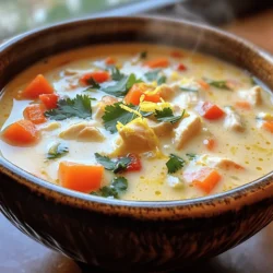 - 1 lb boneless, skinless chicken breasts, diced - 1 can coconut milk (13.5 oz) - 4 cups chicken broth - 1 medium onion, diced - 3 cloves garlic, minced - 2 tablespoons ginger, grated - 2 medium carrots, diced - 1 red bell pepper, chopped - 1 cup baby spinach - 2 tablespoons olive oil - Juice of 2 lemons - Zest of 1 lemon - Salt and pepper to taste - Fresh cilantro for garnish This soup stands out because of its bright flavors and creamy texture. The chicken is the star, providing protein and heartiness. I always use boneless, skinless chicken breasts for this recipe. They cook quickly and remain tender. Coconut milk brings a rich creaminess. It pairs perfectly with the chicken broth, giving depth to the soup. I prefer to use a full-fat coconut milk for extra creaminess. Fresh vegetables add color and nutrition. I love the sweetness of carrots and the crunch of red bell pepper. The diced onion, minced garlic, and grated ginger create a fragrant base that fills your kitchen with lovely aromas. Seasonings are key. The juice and zest of fresh lemons brighten the flavors, while salt and pepper enhance everything. I like to finish the soup with fresh cilantro for a pop of color and fresh taste. This combination of ingredients creates a soup that warms you from the inside out. It's easy to make and brings joy to any table. - Sauté aromatics until translucent Start by heating olive oil in a large pot over medium heat. Add diced onion, minced garlic, and grated ginger. Stir them for about 3-4 minutes. You want the onion to turn clear, which means they are ready. - Cook the chicken and season Next, add the diced chicken to the pot. Season it with salt and pepper. Cook until the chicken turns white, about 5-7 minutes. This step is key for flavor. - Add vegetables and simmer Now, mix in the diced carrots and chopped red bell pepper. Cook for 4-5 minutes until they begin to soften. This adds both color and texture to your soup. - Incorporate coconut milk and lemon Pour in the chicken broth and bring it to a gentle simmer. Let it cook for about 10 minutes. Then, reduce the heat to low. Add coconut milk, lemon juice, and lemon zest. Simmer for another 5-7 minutes. This melds all the flavors beautifully. - Add baby spinach and adjust seasoning Finally, stir in the baby spinach. Cook for an additional 2 minutes until it wilts. Taste your soup and adjust seasoning with more salt or pepper as needed. - Presentation tips for a beautiful bowl of soup Ladle the soup into deep bowls. Top with a sprinkle of lemon zest for color. Add a sprig of fresh cilantro for a pop of green. This makes your soup look as good as it tastes. - Recommended side dishes for pairing Serve your soup with a slice of crusty bread. It’s perfect for dipping. You can also pair it with a light salad to balance the meal. - To avoid overcooking chicken, cut it into small pieces. Smaller pieces cook faster and stay juicy. You can also use a meat thermometer. Cook until the chicken reaches 165°F (74°C). - For flavor enhancement, always sauté your aromatics first. This includes garlic, onion, and ginger. Sautéing brings out their natural flavors. You can also add a pinch of salt early on to boost flavor. - If you want to customize your soup, try using shrimp or tofu instead of chicken. You can also add more veggies, like zucchini or mushrooms, for added nutrition. - For dairy-free options, coconut milk works great. You can also use almond or cashew milk for a lighter version. Just ensure it’s unsweetened to keep the soup savory. - Common mistakes to avoid include not seasoning enough. Taste the soup as you cook. Adjust the salt, pepper, and lemon juice to your liking. - If you want to adjust flavors, add more lemon juice for tang or more coconut milk for creaminess. You can also add herbs like cilantro or parsley for a fresh twist. {{image_2}} You can easily adapt this soup to fit your needs. For a gluten-free version, use gluten-free chicken broth. Most coconut milk is naturally gluten-free, so you’re safe there. If you prefer a vegetarian or vegan option, replace the chicken with chickpeas or tofu. Use vegetable broth instead of chicken broth. Coconut milk will still add the creamy texture you love. Adding herbs and spices can boost the flavor of your soup. Try fresh basil, cilantro, or parsley. Each herb brings its own twist to the dish. You could also add cumin or smoked paprika for depth. If you like heat, toss in some diced chili or red pepper flakes. This will give your soup a nice kick. Just be careful not to add too much at first; you can always add more! Want to switch things up? You can turn this soup into a creamy pasta sauce. Just cook your favorite pasta, then mix it with the soup base. Another option is to make a healthier vegetable stew. Skip the chicken and load up on more veggies like zucchini or squash. This is a great way to pack in nutrients while keeping the rich flavors. To store your Creamy Coconut Lemon Chicken Soup, let it cool first. This step helps keep it fresh. Place the soup in a container with a tight lid. Glass or BPA-free plastic containers work best. Make sure to refrigerate it within two hours of cooking. This keeps the soup safe and tasty. For long-term storage, you can freeze the soup. Use freezer-safe containers or bags. Leave some space at the top, as soup expands when frozen. It can stay fresh in the freezer for up to three months. When you want to eat it, thaw it in the fridge overnight. Reheat it on the stove over low heat. Stir it well to make sure it warms evenly. In the fridge, the soup lasts about three to four days. Always check for signs of spoilage before eating. Look for any off smells or changes in color. If you see mold or anything strange, throw it away. Keeping an eye on your soup helps ensure every bowl is delicious and safe! Can I make this recipe ahead of time? Yes, you can make this soup ahead. It tastes even better the next day. Just store it in the fridge. When ready to eat, heat it gently on the stove. What can I use instead of coconut milk? If you don’t have coconut milk, use almond milk or soy milk. For a richer taste, try heavy cream. You can also mix in some chicken broth to keep the soup light. How can I make the soup spicier? To spice things up, add red pepper flakes or chopped jalapeños. You can also stir in some curry powder for warmth. Taste as you go to get the right heat level. What are great side dishes to serve? Serve this soup with crusty bread or a fresh salad. Rice or quinoa are also good choices. A side of grilled vegetables adds color and nutrition. Is this soup healthy? Yes! This soup is packed with protein from chicken and vitamins from veggies. Coconut milk adds healthy fats while still being creamy and delicious. How many calories are in a serving? Each serving of this soup has about 350 calories. The exact number may vary based on the chicken and coconut milk brands you use. Always check labels for accurate numbers. This creamy coconut lemon chicken soup blends fresh ingredients for a rich meal. We began with key components and ended with delicious serving tips. Remember to savor each step, from sautéing aromatics to adjusting flavors. Whether you prefer gluten-free or vegan options, there’s a version for you. Proper storage keeps your soup fresh, while clever variations keep it exciting. Enjoy your culinary adventure with this soup, and let your taste buds shine.