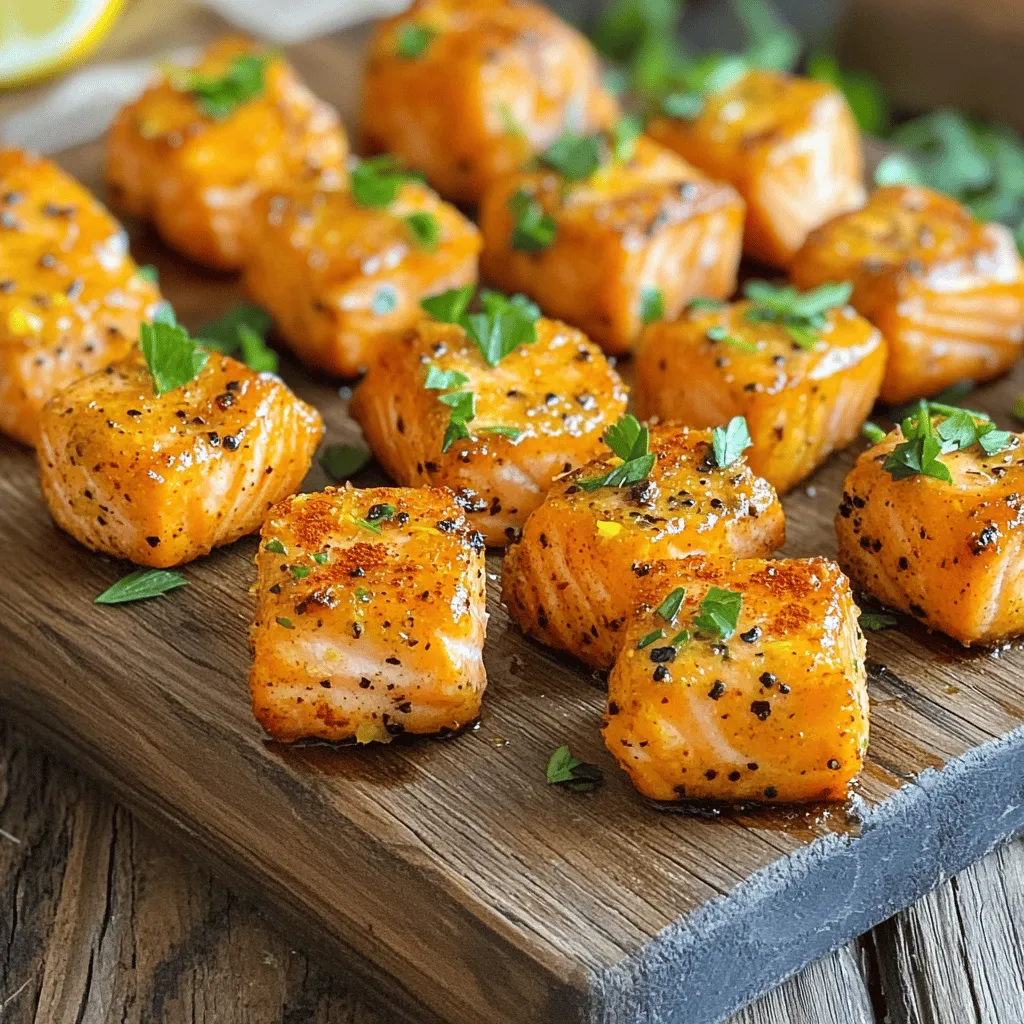 You need 1 pound of fresh salmon fillet. Remove the skin and cut it into bite-sized cubes. This helps the salmon cook evenly and makes it easy to eat. For the marinade, gather these items: - 2 tablespoons olive oil - 1 teaspoon lemon zest - 2 tablespoons lemon juice - 1 teaspoon freshly cracked black pepper - 1 teaspoon garlic powder - 1 teaspoon onion powder - ½ teaspoon smoked paprika - Salt to taste Mix these ingredients in a bowl. This blend gives the salmon a zesty and rich flavor. The olive oil keeps the fish moist while it cooks. To finish, use fresh parsley. Chop it up and sprinkle it over the cooked salmon nuggets. This adds a pop of color and a fresh taste. You can also try lemon wedges for extra zing. To start, gather a large bowl. In this bowl, mix together the olive oil, lemon zest, and lemon juice. Next, add the cracked black pepper, garlic powder, onion powder, smoked paprika, and a pinch of salt. This mix creates a zesty marinade for your salmon. The lemon zest adds a bright flavor, while the spices bring warmth. Stir the ingredients well until they blend nicely. Now it's time for the salmon. Use a fresh salmon fillet, skin removed, and cut it into bite-sized cubes. Add these salmon pieces to your marinade. Gently toss them until every piece is coated well. Let the salmon marinate for at least 15-20 minutes. This step lets the flavors soak in, making the salmon taste amazing. While the salmon marinates, preheat your air fryer to 400°F (200°C). This takes around 3-5 minutes. After preheating, place the marinated salmon cubes in the air fryer basket. Make sure they are in a single layer and not overcrowded. Cook the nuggets for 8-10 minutes. Halfway through, shake the basket for even cooking. The salmon should turn golden and be fully cooked. Once ready, carefully take them out and garnish with fresh chopped parsley. Enjoy your tasty and quick lemon pepper salmon nuggets! To get that perfect crispy texture, use a light hand with the oil. Just two tablespoons of olive oil work wonders. Don't skip preheating the air fryer; it helps create a nice crust. I recommend cooking the nuggets in a single layer. This will give them room to breathe and crisp up evenly. Overcrowding the basket is a common mistake. Salmon nuggets need space to cook. If they are too close together, they will steam instead of fry. Cook them in batches if needed. This ensures each piece gets golden and delicious. A little patience goes a long way here. For the best results, set your air fryer to 400°F (200°C). Cook the nuggets for about 8-10 minutes. Remember to shake the basket halfway through cooking. This helps them cook evenly. You want a nice golden color and flaky texture. Keep an eye on them to avoid overcooking. {{image_2}} To make spicy lemon pepper salmon nuggets, add heat to your marinade. Mix in 1 teaspoon of cayenne pepper or red pepper flakes. This will give your salmon a nice kick! If you want it even spicier, add more. The zest of lemon balances the heat well. You will enjoy the bold flavor! For a sweeter option, try honey garlic salmon nuggets. Swap the lemon juice for 2 tablespoons of honey. Add 1 tablespoon of soy sauce for depth. Mix these into your marinade with the garlic powder. This will create a sweet and savory taste. You will love how the honey caramelizes in the air fryer! Make your meal more filling by adding vegetables. Consider bell peppers, zucchini, or broccoli. Cut them into bite-sized pieces and toss them in olive oil. Add salt, pepper, and lemon juice for flavor. Place them in the air fryer with your salmon nuggets. They will cook together nicely, making a colorful and healthy dish! Store your leftover salmon nuggets in an airtight container. They stay fresh in the fridge for up to three days. Make sure they cool down before you seal them. This helps keep them tasty and safe to eat. To reheat, use your air fryer for the best results. Heat it to 350°F (175°C). Place the nuggets in a single layer. Cook for about 5 minutes. This keeps them crispy and warm. You can also use a microwave, but they may lose some crunch. If you want to save some salmon nuggets for later, freezing is a great option. Place them in a single layer on a baking sheet first. Freeze until solid, then transfer to a freezer bag. They can last for up to two months. When you're ready to eat, thaw in the fridge overnight and reheat as mentioned. Yes, you can use frozen salmon. Just thaw it first. Place it in the fridge overnight or run it under cold water. Once thawed, remove the skin and cut it into cubes. The flavor will still shine through with the marinade. These salmon nuggets pair well with many sides. Here are some ideas: - Steamed broccoli - Quinoa or rice - Mixed green salad - Sweet potato fries - Roasted asparagus Each side adds a different flavor and texture. You can mix and match to find your favorite. To check if the salmon is ready, use a fork. Gently flake a piece. It should be opaque and easily break apart. The internal temperature should reach 145°F (63°C). If you’re unsure, use a meat thermometer for accuracy. Cooking time may vary slightly based on the size of your salmon cubes. This post covered how to make tasty air fryer salmon nuggets. We explored key ingredients like fresh salmon, marinade essentials, and garnish choices. You learned step-by-step how to prepare, marinate, and cook salmon. I shared tips for a crispy finish and avoiding overcrowding. You also found variations to spice things up and useful storage advice. In conclusion, these salmon nuggets are simple and fun to make. You can adapt this recipe to suit your taste, making it a perfect meal for any occasion. Enjoy your cooking journey!