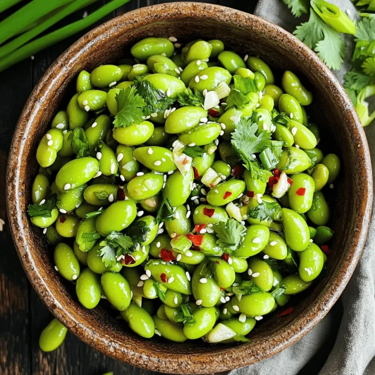 To make this tasty snack, you will need: - 2 cups shelled edamame (fresh or frozen) - 3 tablespoons olive oil - 5 cloves garlic, minced - 1 teaspoon red pepper flakes - 1 tablespoon soy sauce - 1 tablespoon sesame oil - 1 teaspoon sesame seeds (for garnish) - Salt, to taste - Fresh cilantro or green onions, chopped (for garnish) You can swap some ingredients to fit your taste or needs: - Use avocado oil instead of olive oil for a different flavor. - If you like it less spicy, cut the red pepper flakes in half. - Coconut aminos can replace soy sauce for a gluten-free option. - For a nutty touch, try adding peanut oil instead of sesame oil. - Cilantro can be replaced by parsley if you prefer that taste. This snack is not only delicious but also healthy. Here’s a quick look at the nutrition: - Calories: About 200 per serving - Protein: Edamame is rich in protein, providing around 18 grams. - Fat: With olive and sesame oil, expect about 12 grams of healthy fat. - Fiber: Edamame also offers around 8 grams of fiber, great for digestion. - Vitamins: This snack is packed with vitamins A, C, and K. By knowing these ingredients and their benefits, you can make a tasty and healthy snack that everyone will enjoy! 1. Begin by boiling water in a pot. If you use frozen edamame, cook it for 3-5 minutes until tender. Then, drain the edamame and set it aside. 2. Heat a large skillet over medium heat. Add 3 tablespoons of olive oil. 3. Once the oil is hot, add 5 minced garlic cloves. Sauté them for about 1-2 minutes. Watch closely so the garlic does not burn. 4. Next, sprinkle in 1 teaspoon of red pepper flakes. Stir for another 30 seconds to release the flavor. 5. Now, add the cooked edamame into the skillet. Toss it well to coat with the garlic and oil. 6. Drizzle 1 tablespoon of soy sauce and 1 tablespoon of sesame oil over the edamame. Stir to combine. Cook for an additional 2-3 minutes. This helps the flavors mix well. 7. Season with salt to taste. Remove the skillet from heat. 8. Transfer the spicy garlic edamame to a bowl. Garnish with 1 teaspoon of sesame seeds and chopped cilantro or green onions. - Always check the cooking time on the package. Some brands may vary. - If you want softer edamame, cook it a minute longer. - Rinse the cooked edamame in cold water to stop the cooking process. - Avoid burning the garlic. Keep an eye on it while it cooks. - Don’t skip seasoning with salt. It enhances the overall taste. - Make sure to coat the edamame well with sauce. This helps every bite burst with flavor. To make your spicy garlic edamame shine, focus on the garlic. Use fresh garlic for the best taste. When you sauté it, keep a close eye. You want it fragrant, not burnt. The red pepper flakes bring heat, but adjust them based on your spice level. For an extra kick, add a splash of lime juice at the end. It gives a bright flavor and balances the spice. Spicy garlic edamame pairs well with many dishes. Serve it as a side with sushi or grilled chicken. It also makes a great snack at parties. Try it with rice or quinoa bowls for a fun twist. You can even pair it with a cold beer or a light white wine. These drinks complement the flavors perfectly. Make your dish eye-catching with simple garnishes. Use a nice bowl for serving. Sprinkle sesame seeds and chopped herbs on top for color. You can also add slices of lime for a fresh look. Arrange some extra edamame pods around the bowl for a fun touch. This makes it inviting and perfect for sharing. {{image_2}} You can change the flavor of your spicy garlic edamame. Try adding different spices. For a sweeter touch, use a pinch of brown sugar. For a smoky flavor, add smoked paprika. If you love heat, mix in cayenne pepper. Experiment with curry powder or chili lime seasoning for a fun twist. You can cook edamame in many ways. The air fryer gives a crispy finish. Toss the edamame with oil and spices, then air fry at 400°F for 10 minutes. Steaming is another easy method. Just steam the edamame for 5-7 minutes until tender. Both methods keep your snack tasty and healthy. Want to make your snack heartier? Add more ingredients! Chopped bell peppers or carrots bring color and crunch. You can mix in cooked chicken or shrimp for protein. For a fresh twist, try adding diced avocado or a squeeze of lime. These additions make your spicy garlic edamame even more enjoyable! After enjoying your spicy garlic edamame, you might have some left. To store it, let it cool first. Then, place it in an airtight container. This helps keep it fresh. You can keep it in the fridge for up to three days. When you want to eat it again, check for any signs of spoilage, like strange smells. If you want to save some for later, freezing is a great option. Start by letting the cooked edamame cool completely. Next, spread it on a baking sheet in a single layer. Freeze it for about an hour. Once frozen, transfer the edamame to a freezer-safe bag or container. It will last for up to three months. When you are ready to enjoy it, just thaw it in the fridge overnight. Reheating your spicy garlic edamame is easy. To keep it tasty, use a skillet on medium heat. Add a splash of olive oil to the pan. Toss in the edamame and stir for about five minutes. This will help revive its flavor. You can also microwave it in short bursts. Heat in 30-second intervals, stirring in between. This way, it warms evenly without getting mushy. Edamame is young soybeans, often served in their pods. They pack a lot of nutrients. They are high in protein and fiber. Edamame is also rich in vitamins like K and folate. Eating edamame can help with heart health and weight management. It has antioxidants that fight inflammation, too. You can find pre-made spicy garlic edamame at many grocery stores. Check the freezer section. Stores like Whole Foods and Trader Joe's often carry them. You can also look online on sites like Amazon. Many local Asian markets may have them as well. Yes, you can make spicy garlic edamame ahead of time. Cook it and then cool it down. Store it in an airtight container in the fridge. It will last for about three days. When ready to eat, just reheat it in a pan or microwave. The flavors may deepen, making it even tastier! You learned how to make tasty spicy garlic edamame. We covered the key ingredients, cooking steps, and helpful tips. I shared variations you can try, plus storage info to keep them fresh. Edamame is not just a snack; it’s packed with nutrients. You can enjoy it in many ways, whether alone or with friends. Try it out, and have fun with your flavors. Your edamame game is now strong!