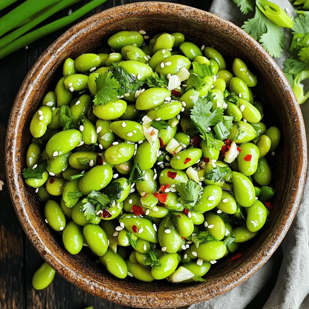 To make this tasty snack, you will need: - 2 cups shelled edamame (fresh or frozen) - 3 tablespoons olive oil - 5 cloves garlic, minced - 1 teaspoon red pepper flakes - 1 tablespoon soy sauce - 1 tablespoon sesame oil - 1 teaspoon sesame seeds (for garnish) - Salt, to taste - Fresh cilantro or green onions, chopped (for garnish) You can swap some ingredients to fit your taste or needs: - Use avocado oil instead of olive oil for a different flavor. - If you like it less spicy, cut the red pepper flakes in half. - Coconut aminos can replace soy sauce for a gluten-free option. - For a nutty touch, try adding peanut oil instead of sesame oil. - Cilantro can be replaced by parsley if you prefer that taste. This snack is not only delicious but also healthy. Here’s a quick look at the nutrition: - Calories: About 200 per serving - Protein: Edamame is rich in protein, providing around 18 grams. - Fat: With olive and sesame oil, expect about 12 grams of healthy fat. - Fiber: Edamame also offers around 8 grams of fiber, great for digestion. - Vitamins: This snack is packed with vitamins A, C, and K. By knowing these ingredients and their benefits, you can make a tasty and healthy snack that everyone will enjoy! 1. Begin by boiling water in a pot. If you use frozen edamame, cook it for 3-5 minutes until tender. Then, drain the edamame and set it aside. 2. Heat a large skillet over medium heat. Add 3 tablespoons of olive oil. 3. Once the oil is hot, add 5 minced garlic cloves. Sauté them for about 1-2 minutes. Watch closely so the garlic does not burn. 4. Next, sprinkle in 1 teaspoon of red pepper flakes. Stir for another 30 seconds to release the flavor. 5. Now, add the cooked edamame into the skillet. Toss it well to coat with the garlic and oil. 6. Drizzle 1 tablespoon of soy sauce and 1 tablespoon of sesame oil over the edamame. Stir to combine. Cook for an additional 2-3 minutes. This helps the flavors mix well. 7. Season with salt to taste. Remove the skillet from heat. 8. Transfer the spicy garlic edamame to a bowl. Garnish with 1 teaspoon of sesame seeds and chopped cilantro or green onions. - Always check the cooking time on the package. Some brands may vary. - If you want softer edamame, cook it a minute longer. - Rinse the cooked edamame in cold water to stop the cooking process. - Avoid burning the garlic. Keep an eye on it while it cooks. - Don’t skip seasoning with salt. It enhances the overall taste. - Make sure to coat the edamame well with sauce. This helps every bite burst with flavor. To make your spicy garlic edamame shine, focus on the garlic. Use fresh garlic for the best taste. When you sauté it, keep a close eye. You want it fragrant, not burnt. The red pepper flakes bring heat, but adjust them based on your spice level. For an extra kick, add a splash of lime juice at the end. It gives a bright flavor and balances the spice. Spicy garlic edamame pairs well with many dishes. Serve it as a side with sushi or grilled chicken. It also makes a great snack at parties. Try it with rice or quinoa bowls for a fun twist. You can even pair it with a cold beer or a light white wine. These drinks complement the flavors perfectly. Make your dish eye-catching with simple garnishes. Use a nice bowl for serving. Sprinkle sesame seeds and chopped herbs on top for color. You can also add slices of lime for a fresh look. Arrange some extra edamame pods around the bowl for a fun touch. This makes it inviting and perfect for sharing. {{image_2}} You can change the flavor of your spicy garlic edamame. Try adding different spices. For a sweeter touch, use a pinch of brown sugar. For a smoky flavor, add smoked paprika. If you love heat, mix in cayenne pepper. Experiment with curry powder or chili lime seasoning for a fun twist. You can cook edamame in many ways. The air fryer gives a crispy finish. Toss the edamame with oil and spices, then air fry at 400°F for 10 minutes. Steaming is another easy method. Just steam the edamame for 5-7 minutes until tender. Both methods keep your snack tasty and healthy. Want to make your snack heartier? Add more ingredients! Chopped bell peppers or carrots bring color and crunch. You can mix in cooked chicken or shrimp for protein. For a fresh twist, try adding diced avocado or a squeeze of lime. These additions make your spicy garlic edamame even more enjoyable! After enjoying your spicy garlic edamame, you might have some left. To store it, let it cool first. Then, place it in an airtight container. This helps keep it fresh. You can keep it in the fridge for up to three days. When you want to eat it again, check for any signs of spoilage, like strange smells. If you want to save some for later, freezing is a great option. Start by letting the cooked edamame cool completely. Next, spread it on a baking sheet in a single layer. Freeze it for about an hour. Once frozen, transfer the edamame to a freezer-safe bag or container. It will last for up to three months. When you are ready to enjoy it, just thaw it in the fridge overnight. Reheating your spicy garlic edamame is easy. To keep it tasty, use a skillet on medium heat. Add a splash of olive oil to the pan. Toss in the edamame and stir for about five minutes. This will help revive its flavor. You can also microwave it in short bursts. Heat in 30-second intervals, stirring in between. This way, it warms evenly without getting mushy. Edamame is young soybeans, often served in their pods. They pack a lot of nutrients. They are high in protein and fiber. Edamame is also rich in vitamins like K and folate. Eating edamame can help with heart health and weight management. It has antioxidants that fight inflammation, too. You can find pre-made spicy garlic edamame at many grocery stores. Check the freezer section. Stores like Whole Foods and Trader Joe's often carry them. You can also look online on sites like Amazon. Many local Asian markets may have them as well. Yes, you can make spicy garlic edamame ahead of time. Cook it and then cool it down. Store it in an airtight container in the fridge. It will last for about three days. When ready to eat, just reheat it in a pan or microwave. The flavors may deepen, making it even tastier! You learned how to make tasty spicy garlic edamame. We covered the key ingredients, cooking steps, and helpful tips. I shared variations you can try, plus storage info to keep them fresh. Edamame is not just a snack; it’s packed with nutrients. You can enjoy it in many ways, whether alone or with friends. Try it out, and have fun with your flavors. Your edamame game is now strong!