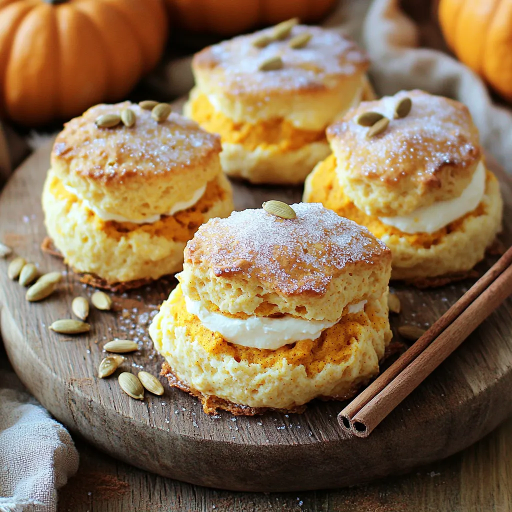 - 2 cups all-purpose flour - 1/2 cup granulated sugar - 1 tablespoon baking powder - 1 teaspoon ground cinnamon - 1/2 teaspoon ground nutmeg - 1/4 teaspoon ground ginger - 1/2 teaspoon salt - 1/2 cup unsalted butter, chilled and cubed - 1/2 cup pumpkin puree - 1/4 cup cream cheese, softened - 1/4 cup heavy cream - 1 large egg - 1 teaspoon vanilla extract - 1/2 cup chopped walnuts or pecans (optional) - Egg wash: 1 egg beaten with 1 tablespoon of milk for brushing - Raw sugar for sprinkling on top Using fresh ingredients is key to great flavor. You can swap all-purpose flour for a gluten-free blend if needed. For a dairy-free option, try a plant-based cream cheese. If you want more crunch, add in some chopped nuts. These choices let you make the recipe your own while keeping it tasty. 1. Preheat the Oven: Heat your oven to 400°F (200°C). This step is key for a great bake. 2. Prepare the Baking Sheet: Line a baking sheet with parchment paper. This keeps the scones from sticking. 3. Prepare the Dry Ingredients: In a big bowl, mix together: - 2 cups all-purpose flour - 1/2 cup granulated sugar - 1 tablespoon baking powder - 1 teaspoon ground cinnamon - 1/2 teaspoon ground nutmeg - 1/4 teaspoon ground ginger - 1/2 teaspoon salt 4. Mix the Wet Ingredients: In another bowl, whisk together: - 1/2 cup pumpkin puree - 1/4 cup cream cheese, softened - 1/4 cup heavy cream - 1 large egg - 1 teaspoon vanilla extract 1. Cut in the Butter: Add 1/2 cup chilled, cubed unsalted butter into the dry mix. Use a pastry cutter or your fingers. Work it in until it looks like coarse crumbs. 2. Combine Wet and Dry Ingredients: Pour the wet mix into the dry mix. Stir gently until just combined. Don’t overmix! If you want, fold in 1/2 cup chopped walnuts or pecans. 1. Knead and Shape the Dough: Turn the dough onto a floured surface. Knead it gently a few times. Pat it into a rectangle about 1 inch thick. Cut it into triangles or squares. 2. Add Egg Wash and Sprinkle Sugar: Place the scones on the baking sheet. Brush the tops with an egg wash (1 beaten egg mixed with 1 tablespoon milk). Sprinkle raw sugar on top for extra crunch. 3. Bake: Bake in the oven for 15-20 minutes. Check when the tops are golden brown. Insert a toothpick to see if it comes out clean. Enjoy your delicious pumpkin cream cheese scones warm! To make perfect scones, focus on texture. You want them to be flaky and soft. Here are some tips: - Use chilled butter: Cold butter creates steam. This steam helps the scones rise and stay flaky. - Cut in the butter: Use a pastry cutter or your fingers. Aim for pea-sized pieces. This helps keep a light texture. You can play with flavors in your scones. Here are some ideas: - Spices: Add more spices like cloves or allspice for a warm kick. - Mix-ins: Try adding chocolate chips, dried cranberries, or a bit of orange zest for a unique twist. For toppings, consider: - Glaze: A simple glaze made from powdered sugar and milk adds sweetness. - Cream cheese frosting: Pipe it on top for a rich finish. Pair your scones for a delightful treat. Here are some great options: - Butter or cream cheese: Serve with a spread for extra creaminess. - Fruit preserves: Try strawberry or fig preserves for a sweet touch. For a fun presentation: - Rustic board: Arrange scones on a wooden board. Add cinnamon sticks and pumpkin seeds for a cozy look. - Plates with autumn leaves: Use seasonal décor to enhance your table setting. {{image_2}} If you want nut-free scones, just leave out the nuts. You can replace them with more pumpkin or add extra spices. Try adding a tablespoon of chocolate chips for a sweet twist. Dried fruits like cranberries or raisins also make a great addition. They will add flavor without altering the texture. To make gluten-free scones, use a good gluten-free flour blend. Look for blends that include xanthan gum. This helps the scones hold together. You may want to add a bit more liquid, like heavy cream, to keep the dough moist. Test different blends to find one that suits your taste. If you want to make vegan pumpkin scones, swap out the eggs and cream cheese. Use flaxseed meal mixed with water as an egg substitute. For the cream cheese, try a vegan cream cheese or blend silken tofu with some lemon juice. Use coconut cream in place of heavy cream for a rich flavor. This way, everyone can enjoy these tasty treats! To store your pumpkin cream cheese scones at room temperature, place them in an airtight container. This keeps them fresh for up to two days. Make sure to let the scones cool completely before sealing. This prevents moisture buildup. If you want to keep them crisp, avoid stacking them. Instead, place parchment paper between layers. For long-term storage, freezing is your best option. First, let the scones cool fully. Wrap each scone tightly in plastic wrap. Then, place the wrapped scones in a freezer-safe bag. Label the bag with the date, and they can last up to three months. When you're ready to enjoy them, just take out as many as you need. To reheat scones and keep them fresh, preheat your oven to 350°F (175°C). Reheat them on a baking sheet for about 10-15 minutes. This restores their warmth and texture. You can also use a microwave. Heat each scone for about 15-20 seconds. However, the oven method works best for a crispy outside. Enjoy your scones warm! You can use fresh pumpkin, but it needs prep work. First, cook the pumpkin by baking or steaming it until soft. Then, mash it well and strain out extra water. This helps achieve the right texture. Canned pumpkin puree is thicker and smoother, which makes mixing easier. If you use fresh, your scones may be a bit wetter. Adjust flour to balance moisture. To check for doneness, insert a toothpick into the center of a scone. If it comes out clean, they are ready. You can also look for golden brown tops. The scones should feel firm to the touch. If they look pale or feel soft, give them a few more minutes. Yes, you can make the dough ahead. Prepare it and shape it into a rectangle. Wrap it tightly in plastic wrap and store it in the fridge for up to 24 hours. When you're ready to bake, cut the scones and add the egg wash. You can also freeze the dough for up to a month. Just thaw it overnight in the fridge before baking. In this post, we covered all you need to know to bake perfect scones. We discussed ingredients, detailed steps, and tips for success. Whether you want nut-free, gluten-free, or vegan options, we have you covered. Remember, the right techniques give the best texture. Store your scones properly for lasting freshness. With these guidelines, you can enjoy tasty scones any time. Happy baking and enjoy your delicious treats!
