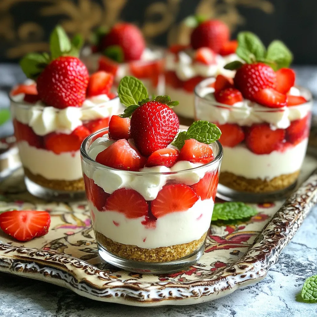 - 1 cup crushed graham crackers - 4 tablespoons unsalted butter, melted - 1 (8 oz) package cream cheese, softened - 1/2 cup powdered sugar - 1 teaspoon vanilla extract - 1 cup whipped cream - 1 cup fresh strawberries, diced - Fresh whole strawberries for garnish - Mint leaves for garnish (optional) To make No-Bake Strawberry Cheesecake Cups, you need simple and fresh ingredients. First, the graham crackers form a crumbly base. You crush these crackers finely. Mix them with melted butter until it looks like wet sand. This mix will hold your cups together. Next, cream cheese is key for the cheesecake filling. Make sure it is soft. This helps it mix smoothly. Add powdered sugar for sweetness and a hint of vanilla for flavor. These three ingredients create a rich, creamy blend. Whipped cream adds lightness. You can use store-bought or homemade. Gently fold it into the cream cheese mixture. This keeps your filling fluffy and airy. Don’t forget the strawberries! They add freshness and flavor. Diced strawberries sit between layers of creamy filling. You can also use whole strawberries to decorate the tops. Mint leaves bring a pop of color, too. Gather all these items, and you’re ready to create a delightful dessert that everyone will love! To make the crust, start by mixing the crushed graham crackers and melted butter in a small bowl. Stir until it looks like wet sand. This ensures it will hold together well. Next, take about two tablespoons of this mixture and spoon it into the bottom of each cup. Press it down gently with your fingers or the back of a spoon. You want a firm base for your cheesecake. Now, let's move on to the filling. In a medium bowl, beat the softened cream cheese until it is nice and smooth. Make sure there are no lumps for a creamy texture. Add in the powdered sugar and vanilla extract. Mix again until everything is well blended. Next, gently fold in the whipped cream. This step adds air and makes the filling light and fluffy. Be careful not to stir too hard, as you don’t want to lose that fluffiness. Assembling the cups is the fun part! Start by layering the cream cheese mixture over the crust in each cup. Fill them about halfway. Next, add a layer of diced strawberries on top of the cream cheese. This adds a fresh, fruity flavor. Then, top with the rest of the cream cheese mixture, filling the cups almost to the top. Finish with more diced strawberries on top. For a nice touch, garnish each cup with a whole strawberry and a mint leaf if you like. Finally, cover the cups and place them in the fridge for at least two hours. This will help the flavors meld and the cheesecake to set perfectly. Using room temperature ingredients is key. This helps the cream cheese mix smoothly. If your cream cheese is cold, it could be lumpy. Take it out of the fridge for about 30 minutes before you start. When you fold in the whipped cream, do it gently. This keeps the mixture light and fluffy. Use a spatula and lift the cream from the bottom to the top. Don’t stir too hard; you don’t want to deflate the air. For serving, get creative! Use clear cups so guests can see the layers. You can also use small mason jars for a rustic look. Place them on a pretty tray to make a nice display. Garnishing makes a big difference. Top each cup with a whole strawberry for color. Adding a mint leaf gives a fresh touch. You can also sprinkle some crushed graham crackers on top for extra crunch. {{image_2}} You can easily change the fruit in these cheesecake cups. Try blueberries or raspberries for a new taste. Just swap the strawberries for your favorite fruit. You can also add layers of chocolate or caramel. Melted chocolate drizzled on top adds a rich touch. A layer of caramel gives a sweet twist that kids will love. If you need a gluten-free option, look for gluten-free graham crackers. Many stores sell these, and they work well in this recipe. For vegan options, use dairy-free cream cheese and whipped cream. Coconut cream is a great substitute for whipped cream. These swaps keep the taste tasty and creamy while meeting dietary needs. You can store your no-bake strawberry cheesecake cups in the fridge for up to three days. It’s best to keep them covered. This helps keep the cups fresh and prevents them from absorbing other flavors in the fridge. Use plastic wrap or an airtight container for the best results. Yes, you can freeze cheesecake cups! They freeze well for up to a month. To do this, place the cups in a freezer-safe container. Make sure to leave some space at the top, as they may expand. When you’re ready to enjoy them, let the cups thaw in the fridge overnight. This helps maintain the creamy texture. Avoid thawing them at room temperature, as this can make them too soft. Serve them chilled for the best taste. These cups need at least 2 hours in the fridge to set. This time allows the flavors to blend and the cheesecake to firm up. If you can wait longer, they taste even better after chilling overnight. Yes, you can use low-fat cream cheese. It will change the taste and texture a bit. The cheesecake may not be as rich and creamy, but it will still be tasty. If you want a lighter dish, this is a good option. You can use Greek yogurt as a lighter option. It will still give a creamy texture. Another choice is to blend silken tofu for a dairy-free version. Both alternatives keep your cheesecake light and enjoyable. You now know how to make no-bake strawberry cheesecake cups. We covered the needed ingredients, easy steps, and helpful tips. Remember to use room temperature items for the best texture. You can swap fruits or adjust for different diets, too. Store these delicious cups in the fridge or even freeze them for later. With these ideas, you’ll impress friends with your tasty treats. Enjoy your dessert-making journey!
