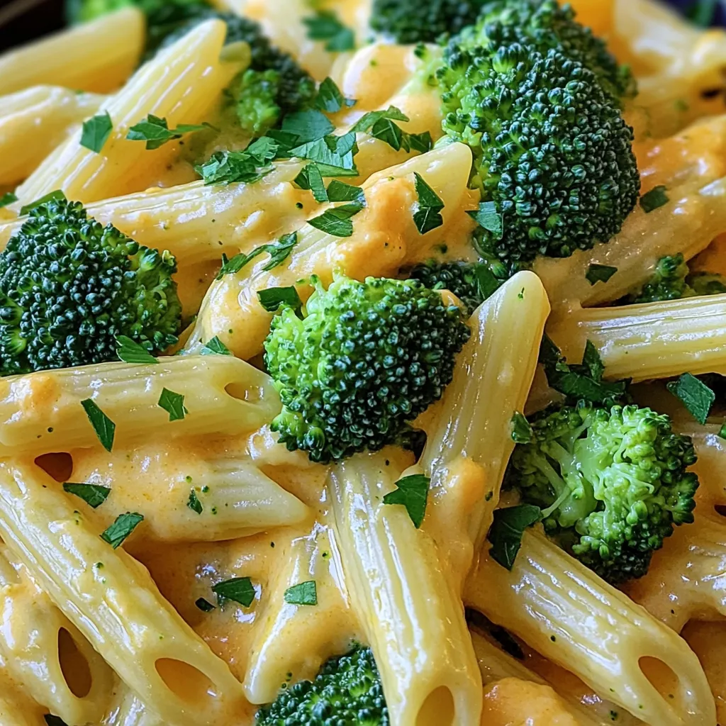 To make One-Pot Creamy Broccoli Cheddar Pasta, gather these items: - 8 ounces of pasta (penne or fusilli works great) - 2 cups of broccoli florets - 2 tablespoons olive oil - 1 small onion, finely chopped - 3 cloves garlic, minced - 3 cups vegetable broth - 1 cup milk (or a plant-based alternative) - 2 cups shredded sharp cheddar cheese - 1 teaspoon mustard powder - Salt and pepper to taste - 1/4 teaspoon red pepper flakes (optional) - Fresh parsley, chopped for garnish You can swap ingredients based on your needs: - Pasta: Use gluten-free pasta for a gluten-free option. - Broccoli: Cauliflower or green beans work well in place of broccoli. - Cheese: Try gouda or mozzarella if you want a different cheese flavor. - Milk: Use almond or soy milk for a dairy-free choice. - Olive oil: Any cooking oil can replace olive oil. Fresh ingredients make a big difference: - Choose bright green broccoli florets for the best flavor. - Fresh garlic and onion will add more taste than dried options. - Use high-quality cheese for a rich, creamy texture. - Check expiration dates on packaged items like broth and milk. These choices ensure your dish will shine with flavor and freshness. 1. First, grab a large pot. Heat 2 tablespoons of olive oil over medium heat. 2. Next, add 1 small chopped onion to the pot. Sauté it for 3-4 minutes until it turns clear. 3. Then, stir in 3 cloves of minced garlic. Cook for 1 more minute until you smell the garlic. 4. Now, add 8 ounces of pasta and 3 cups of vegetable broth. Bring the mix to a gentle boil. 5. Once it boils, lower the heat and cover the pot. Let it simmer for 7-8 minutes. Stir it now and then. 6. After that, add 2 cups of broccoli florets. Stir everything together. Cook for another 3-5 minutes. 7. Check if the pasta is soft and the broccoli is tender. If yes, lower the heat. 8. Pour in 1 cup of milk. Stir it well to mix. 9. Gradually add 2 cups of shredded sharp cheddar cheese. Stir until it melts and looks creamy. 10. Finally, season with 1 teaspoon of mustard powder, salt, pepper, and red pepper flakes if you like. Mix well. - Prep Time: 10 minutes - Cooking Time: 15 minutes - Total Time: 25 minutes - Stir the mixture occasionally to ensure even cooking. - Covering the pot helps to cook the pasta faster and keeps it moist. For a quick guide, I suggest checking out video links on cooking sites like YouTube. Watching someone cook can help you see the steps in action. Look for “One-Pot Creamy Broccoli Cheddar Pasta” videos to match your cooking style. To achieve a creamy texture in your One-Pot Creamy Broccoli Cheddar Pasta, follow these steps: - Use sharp cheddar cheese. It melts well and adds a rich taste. - Gradually add the cheese in batches. This helps it melt evenly. - Stir continuously as you mix in the cheese and milk. This keeps the sauce smooth. - If it gets too thick, add a splash of vegetable broth or milk. You can boost the flavor in your dish. Here are my top suggestions: - Add mustard powder for a tangy kick. It pairs well with cheese. - A pinch of red pepper flakes adds nice heat. Adjust it to your taste. - Toss in some fresh herbs, like thyme or basil, for extra freshness. - Consider adding cooked chicken or sausage for protein. It makes the meal heartier. Serve your pasta hot for the best taste. Here are some ideas: - Garnish with fresh parsley for a pop of color. - Pair it with a simple green salad for a balanced meal. - Serve it with crusty bread to soak up the creamy sauce. - For a fun twist, try it in a baked dish topped with more cheese. {{image_2}} You can use many types of pasta for this dish. Penne and fusilli are my favorites. They hold the sauce well. You can also try rotini, farfalle, or even whole wheat pasta. Each type gives a unique bite and texture. Just make sure to adjust the cooking time if you choose a different pasta shape. Adding protein can make this dish heartier. Grilled chicken, cooked sausage, or shrimp work well. You can also add chickpeas for a plant-based option. If you want more veggies, consider adding spinach, bell peppers, or peas. Just toss them in with the broccoli to cook together. This adds color and flavor to your meal. You can easily make this dish vegan. Use a plant-based milk like almond or oat milk. Swap the cheddar for a vegan cheese blend. Nutritional yeast can give a cheesy flavor too. It adds a nice nutty taste. With these swaps, you can enjoy a creamy, rich pasta without any dairy. To keep your One-Pot Creamy Broccoli Cheddar Pasta fresh, let it cool. Place the pasta in an airtight container. Store it in the fridge. It lasts about 3 to 4 days. Make sure to label the container with the date. This way, you won’t forget when you made it! When you’re ready to enjoy leftovers, you can reheat the pasta. Pour it into a pot over low heat. Add a splash of milk or broth. Stir it gently until it warms up. You can also use the microwave. Heat it in a microwave-safe bowl. Stir every minute until it’s hot. You can freeze this tasty dish if you want to save it longer. First, let it cool completely. Then, place it in a freezer-safe container. Make sure to remove as much air as possible. The pasta can stay good for up to 2 months in the freezer. When you’re ready to eat, thaw it in the fridge overnight. Then, reheat as mentioned above. Enjoy your creamy delight at any time! You can make this dish in just 25 minutes. It takes about 10 minutes to prep and 15 minutes to cook. This quick time makes it perfect for busy weeknights. Yes, you can easily make this dish gluten-free. Use gluten-free pasta instead of regular pasta. Many stores sell gluten-free options that work well in this recipe. Just follow the cooking time on the package for best results. If you want to change the cheese, try these options: - Gruyère for a nutty flavor - Monterey Jack for a milder taste - Vegan cheese for a dairy-free option These substitutes will still give you a creamy sauce. Just remember to adjust the amount based on how cheesy you want it. In this blog post, we explored the key ingredients for a tasty one-pot creamy pasta. You learned about alternatives and the importance of fresh ingredients. I shared step-by-step cooking instructions, along with tips for the best texture and flavor. We even looked at different pasta types and add-ins for variations. Remember, proper storage keeps your dish fresh. Always feel free to adapt recipes based on your tastes. Enjoy your cooking journey and create your perfect creamy broccoli cheddar pasta!
