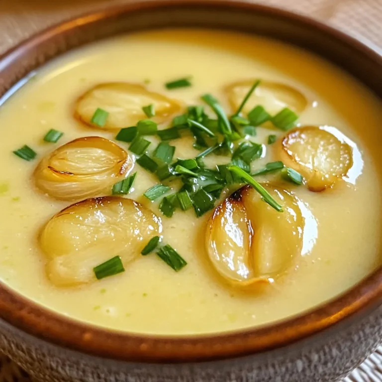 Here’s what you need to make creamy roasted garlic soup: - 2 heads of garlic - 2 tablespoons olive oil - 1 medium onion, diced - 2 medium potatoes, peeled and diced - 4 cups vegetable broth - 1 cup heavy cream or coconut cream - Salt and pepper to taste - 1 teaspoon fresh thyme, chopped - Chives or parsley for garnish Each ingredient plays a key role in creating rich flavors. The garlic, when roasted, becomes sweet and soft. This gives the soup a deep, warm flavor. Olive oil adds a lovely richness. The onion and potatoes help create a creamy texture. Vegetable broth serves as a flavorful base. Heavy cream or coconut cream makes it silky smooth. You can adjust the salt and pepper to fit your taste. Fresh thyme adds a hint of earthiness. Garnishing with chives or parsley makes the soup look and taste fresh. Gather these ingredients before starting. It helps to have everything ready. You will enjoy the cooking process more when you have your ingredients prepared. - Preheat your oven to 400°F (200°C). - Cut the tops off the heads of garlic. This exposes the cloves. - Drizzle 1 tablespoon of olive oil over the garlic. - Wrap the garlic in aluminum foil to keep it moist. - Roast the garlic in the oven for about 30-35 minutes. The cloves will be soft and caramelized. - In a large pot, heat the remaining tablespoon of olive oil over medium heat. - Add the diced onion to the pot. Sauté for about 5 minutes until it turns translucent. - Next, add the diced potatoes to the pot. Stir well and cook for another 5 minutes. This helps the potatoes soften a bit. - Squeeze the roasted garlic cloves out of their skins. Add them to the pot. - Pour in the vegetable broth and add the thyme. - Bring the mixture to a boil, then reduce the heat to a simmer. - Cover the pot and let it simmer for about 15-20 minutes. Cook until the potatoes are tender. - Use an immersion blender to puree the soup until smooth. If you don't have one, carefully transfer the soup to a regular blender in batches. - Stir in the heavy cream or coconut cream and heat through. - Season with salt and pepper to taste. - Serve the soup hot. Garnish with chopped chives or parsley for a pop of color and flavor. To make this soup shine, use fresh garlic. Look for firm heads with tight skin. Avoid any with soft spots or green shoots. Fresh thyme adds a nice touch. You can use dried thyme if fresh is not available. Just remember to use less; dried herbs are stronger. A smooth soup feels nice in your mouth. Use an immersion blender for easy mixing. If you use a regular blender, do it in batches. Be careful with hot liquids; they can splash. Blend until it is silky and creamy, with no lumps. For a dairy-free option, swap heavy cream for coconut cream. This keeps the soup rich and smooth. You can also add a squeeze of lemon for brightness. If you want more depth, try adding a splash of soy sauce or tamari. This will enhance the flavors without using dairy. {{image_2}} You can add spices or other veggies to boost the flavor of your soup. For heat, try adding a pinch of red pepper flakes or smoked paprika. These spices add warmth and depth. If you want to sneak in more veggies, consider adding carrots or celery. They will blend well and add some sweetness. You can also include fresh herbs like basil or dill for a fresh twist. Just chop them and stir them in before serving. If you want a dairy-free or vegan option, use coconut cream instead of heavy cream. It gives the soup a rich, creamy texture without dairy. You can also try cashew cream, made from blended soaked cashews and water. This adds a nice nutty flavor and smoothness. If you prefer a lighter soup, use almond milk or oat milk. Just remember to adjust the seasoning since these milks are milder. To make your meal complete, pair the soup with crunchy bread or a fresh salad. A light green salad with vinaigrette balances the creaminess of the soup. For bread, try sourdough or a baguette, perfect for dipping. You can also serve it with a simple cheese platter. A few slices of cheese will add a salty note to the meal. Enjoy these pairings to enhance your creamy roasted garlic soup experience. Store any leftover soup in the fridge. Use airtight containers for best results. Make sure to cool the soup first before sealing it. This keeps the soup fresh and tasty. For freezing, portion the soup into smaller containers. Leave some space at the top. This allows the soup to expand without spilling. You can freeze it for up to three months. To reheat, use the stove for even warming. Pour the soup into a pot over medium heat. Stir often until it’s hot. You can also use a microwave. Heat in short bursts, stirring in between. This helps avoid hot spots and keeps the soup smooth. Yes, you can use regular cream. It will add richness to the soup. Coconut cream makes it dairy-free. The flavor will be slightly different. Coconut cream gives a hint of sweetness. Regular cream adds a more classic taste. Both options create a creamy texture. Choose what suits your diet and taste. The soup lasts about 4 to 5 days in the fridge. Store it in an airtight container. Look for signs of spoilage before eating. If it smells off or has mold, throw it out. Reheat it gently to enjoy its best flavor. Yes, this soup is great for meal prep. You can make it ahead of time. It freezes well too, so you can store it. Portion it into containers and freeze. Thaw it overnight in the fridge before reheating. This way, you have quick meals ready to go. In this blog post, we explored how to make a delicious garlic soup. We listed the simple ingredients you need and shared step-by-step instructions. You learned about tips for flavor, texture, and dietary needs. We also discussed variations, from spices to cream alternatives, and provided storage tips for leftovers. Now, you can enjoy making this soup your own. It’s easy, tasty, and perfect for sharing. Happy cooking!